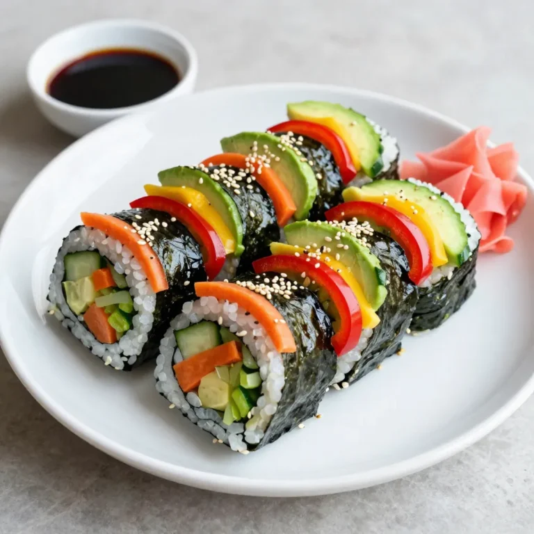 - 1 cup sushi rice - 1 1/4 cups water - 4 sheets nori (seaweed) - 1 medium cucumber, julienned - 1 medium carrot, julienned - 1/2 red bell pepper, sliced into thin strips - 1/2 yellow bell pepper, sliced into thin strips - 1 medium avocado, thinly sliced The main ingredients create a colorful and tasty sushi roll. Sushi rice is sticky and holds the roll together. Nori sheets wrap the fillings and add flavor. Fresh veggies bring crunch and color. You can use many different vegetables, but these are perfect choices. - 1/4 cup pickled ginger (for serving) - Soy sauce (for dipping) - Wasabi (optional, for serving) Using optional ingredients is fun! Pickled ginger refreshes your palate. Soy sauce adds a salty kick. If you like heat, add wasabi for a spicy touch. These flavors enhance the sushi experience. - Sesame seeds Garnishing with sesame seeds adds a nutty crunch. It also makes your rolls look appealing. A sprinkle of sesame seeds can turn a simple dish into a work of art. Enjoy the colors, textures, and tastes! {{ingredient_image_2}} To make sushi rolls, start with the rice. Rinse 1 cup of sushi rice under cold water. Keep rinsing until the water runs clear. This helps remove excess starch. Then, add the rice and 1 1/4 cups of water to a pot. Bring it to a boil. Once boiling, reduce the heat and cover the pot. Let it simmer for 20 minutes. After that, turn off the heat and let it rest for 10 minutes. Next, season the rice. Transfer it to a large bowl. Add a splash of rice vinegar, a pinch of salt, and a little sugar if you like. Stir gently to mix the seasoning. Let the rice cool to room temperature before using it. While the rice cools, prepare your veggies. Start with a medium cucumber. Cut it into thin strips, known as julienne. Do the same with a medium carrot. For the bell peppers, take half of a red and half of a yellow bell pepper. Slice them into thin strips as well. Lastly, cut a medium avocado into thin slices. Arrange all these colorful veggies in separate bowls. This makes it easy to grab them later when you roll. Now comes the fun part: assembling the rolls! First, lay a bamboo sushi mat on a clean, flat surface. Place a sheet of nori, shiny side down, on the mat. Wet your hands lightly to prevent the rice from sticking. Take a handful of sushi rice and spread it evenly over the nori. Leave about 1 inch of nori at the top. In the center of the rice, layer your colorful fillings. You can use cucumber, carrot, bell peppers, and avocado. Be careful not to overfill, as this can make rolling difficult. Now, lift the edge of the sushi mat closest to you. Begin rolling it away from you, pressing gently to keep the fillings in place. Continue to roll while pulling the mat to shape the roll tightly. Once you reach the edge of the nori, wet it with a bit of water to seal the roll. Finally, use a sharp knife to slice the roll into bite-sized pieces. Clean the knife with a damp cloth after each cut to keep the edges neat. Enjoy your beautiful rainbow veggie sushi rolls! How to prevent sticking When making sushi, sticking can be a big issue. To prevent this, wet your hands lightly before handling the rice. This keeps the rice from sticking to your fingers. Also, make sure to use a bamboo sushi mat to help with rolling. Avoid pressing too hard on the rice; gentle pressure works best. Ensuring tight rolls A tight roll makes sushi easy to slice. Start rolling from the edge closest to you. Use the mat to lift the roll as you go. Tuck the filling in tightly but not too tight. When you reach the end, wet the edge of the nori to seal it. This helps keep the roll intact. Best knife for cutting sushi A sharp knife is key for slicing sushi rolls. I recommend using a sushi knife or a very sharp chef's knife. The sharp blade helps you cut cleanly through the rice and veggies. A dull knife can squish the roll, ruining its shape. Cleaning the knife between cuts To keep slices clean, wipe the knife with a damp cloth after each cut. This removes rice and prevents sticking. A clean knife allows for beautiful, neat pieces. Adjust your grip to keep the knife steady while cutting. Creative serving ideas For serving, arrange the rolls on a beautiful platter. You can create a rainbow effect by mixing different colors of veggies. Add some pickled ginger and a small bowl of soy sauce for dipping. This adds flavor and enhances the look of your dish. Pairing with sauces Besides soy sauce, you can offer other dips like spicy mayo or ponzu sauce. This gives your guests more options. If you like heat, try adding wasabi on the side. It adds a fun kick to each bite. Pro Tips Rinse the Rice Well: Thoroughly rinsing the sushi rice before cooking removes excess starch, preventing it from becoming gummy and ensuring a perfect texture. Use a Sharp Knife: A sharp knife is essential for cutting sushi rolls cleanly. This prevents squishing the rolls and maintains their beautiful presentation. Keep Ingredients Fresh: Use fresh vegetables and ripe avocados for the best flavor and texture in your sushi rolls. Avoid overripe or mushy ingredients. Experiment with Fillings: Don’t hesitate to get creative with your fillings! Try adding cooked shrimp, spicy tuna, or even mango for a unique twist on traditional sushi. {{image_4}} You can choose many vegetables for your sushi rolls. I love using what’s fresh and in season. Here are some great options: - Zucchini - Radishes - Asparagus - Sweet potatoes - Spinach These veggies add great taste and color. You can also add protein to your rolls. Some tasty choices include: - Tofu - Shrimp - Crab meat - Cooked chicken These proteins will make your sushi more filling and fun. Creating colorful rolls is part of the fun! You can mix and match colors for a stunning look. Here are some ideas: - Red (bell pepper) and green (cucumber) - Yellow (bell pepper) and purple (cabbage) - Orange (carrot) and green (avocado) Try making themed rainbow rolls too! For example, a sunset roll with shades of red and orange. You can also create a garden roll with lots of green veggies. The more colors, the better! You can easily adjust these rolls to fit your diet. For vegan options, skip any fish or meat. Use extra veggies or even fruits like mango. If you need gluten-free sushi, use gluten-free soy sauce. For a low-carb option, skip the rice and use thin slices of cucumber instead. This makes a fresh and crunchy base for your fillings. Enjoy making your sushi rolls fit your needs! To keep your sushi rolls fresh, store them in the fridge. Wrap each roll in plastic wrap. This stops them from drying out. Place the wrapped rolls in an airtight container. This adds another layer of protection. Try to eat them within one day for the best taste. You should avoid leaving sushi out at room temperature. Sushi rice can spoil quickly. Keep it cool and safe for the best flavor. If you have extra sushi rice, store it in a separate container. Can sushi be reheated? No, it's best to eat sushi cold. Reheating can change the texture and taste. If you have leftover ingredients, use them in salads or wraps. You can also make a veggie stir-fry. Just sauté your leftover veggies in a pan. Another idea is to make sushi rice balls. Just mix the rice with some seasonings and shape them. This way, you can enjoy your leftovers in a new way! To make sushi rolls stick, you need the right amount of moisture. Here are some key tips: - Rinse the sushi rice well until the water runs clear. - Use just enough water when cooking. Too much water makes it soggy. - Let the rice cool to room temperature before using. - Wet your hands lightly before handling the rice. This helps it stick to the nori. I find that using the right sushi rice helps too. The stickiness of the rice is key to a good roll. If you follow these steps, your rolls will hold together nicely. Yes, you can make sushi rolls ahead of time. However, keep these tips in mind: - Prepare the rolls no more than a few hours before serving. - Wrap the rolls in plastic wrap to keep them fresh. - Store them in the fridge but not for too long. Cold sushi can lose its texture. If you make sushi rolls ahead of time, serve them with soy sauce and pickled ginger. This will keep them tasty and fresh. The best rice for sushi is short-grain rice. Here’s why: - Short-grain rice is sticky and holds together well. - It absorbs water easily, making it perfect for sushi. - Varieties like Japonica are popular for sushi rolls. When selecting rice, look for sushi rice at your local store. This will give you the best results for your rainbow veggie sushi rolls. You learned how to make sushi at home using simple ingredients. We covered choosing sushi rice, nori, and fresh veggies. You know how to prepare fillings and assemble rolls like a pro. Remember, practice your rolling and cutting skills for the best results. Don't be afraid to experiment with flavors and colors. Enjoy making unique sushi creations that impress your friends and family. Happy sushi making!