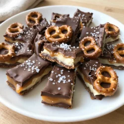 For this treat, you need: - 2 cups pretzel twists These pretzels are crunchy and salty. They give great texture to the bark. The twists hold up well against the gooey caramel and smooth chocolate. You can choose any brand you like, but I prefer the classic shapes for their perfect crunch. You will also need: - 1 cup semi-sweet chocolate chips - 1 cup caramel bits - 2 tablespoons heavy cream The chocolate chips melt nicely. They create a rich layer on top. The caramel bits mix with heavy cream to form a smooth sauce. This mixture is sweet and sticky, coating the pretzels perfectly. Use good quality chocolate for the best taste. Finally, grab some sea salt for sprinkling. A pinch of sea salt balances the sweetness. It enhances the flavor of the bark. Don&rsquo;t skip this step! It adds a nice finish and makes each bite special. {{ingredient_image_2}} Start by preheating your oven to 350&deg;F (175&deg;C). This step ensures that everything cooks evenly. Next, line a baking sheet with parchment paper. This helps the pretzel bark come off easily after baking. Take your 2 cups of pretzel twists and spread them out on the baking sheet. Make sure they form a single layer. This way, every pretzel gets that yummy caramel and chocolate coating. Avoid overcrowding to keep them crispy. In a microwave-safe bowl, combine 1 cup of caramel bits with 2 tablespoons of heavy cream. Heat this mixture in the microwave. Do it in 30-second bursts, stirring well each time. Keep going until the caramel is melted and smooth. This gooey mixture will be the star of your bark. Pour the warm caramel over the pretzels. Use a spatula to make sure each pretzel gets a good coating. Next, place the baking sheet in the oven for 5-7 minutes. Look for bubbling caramel to know it&rsquo;s ready. After removing it, sprinkle 1 cup of semi-sweet chocolate chips on top. Let them sit for 2-3 minutes to soften. Once the chocolate chips are soft, spread them gently over the caramel and pretzels. Add a light sprinkle of sea salt on top. This enhances the sweet and salty taste. Let your pretzel bark cool at room temperature for about 30 minutes. Then, place it in the fridge for 1 hour until firm. Finally, break it into fun shapes and enjoy your delicious treat! To get the best texture in your salted caramel pretzel bark, start with fresh pretzels. Stale pretzels can ruin the crunch you want. Bake the pretzels just long enough to heat them. This helps the caramel stick better. When you add the chocolate, spread it quickly. The heat from the caramel helps it melt smoothly. Using quality ingredients makes a big difference. Choose semi-sweet chocolate chips that you love. They should melt well and taste great. For the caramel, look for high-quality caramel bits. They should melt easily when mixed with heavy cream. This ensures a rich, creamy taste in every bite. Fresh sea salt adds a perfect touch, balancing the sweetness. Feel free to customize your bark to suit your taste. Add nuts like pecans or almonds for extra crunch. You can also mix in dried fruit for a chewy texture. If you love spice, try a pinch of cayenne pepper in the chocolate. This adds a fun kick that surprises your taste buds. Remember, the options are endless! Pro Tips Use Fresh Ingredients: Always opt for fresh pretzels and high-quality chocolate chips and caramel bits to enhance the flavor of your bark. Experiment with Toppings: Feel free to add nuts, sprinkles, or even a drizzle of white chocolate on top for extra flair and flavor. Store Properly: Store the pretzel bark in an airtight container at room temperature to keep it fresh and crunchy for longer. Customize the Sweetness: Adjust the amount of sea salt to your preference; more salt will enhance the sweet-salty contrast that makes this treat irresistible. {{image_4}} You can make your salted caramel pretzel bark even more special by adding nuts. Chopped pecans, walnuts, or almonds bring a nice crunch. Just sprinkle them on top before the chocolate sets. You can also mix in mini marshmallows or crushed candies for fun flavors. Each addition adds a unique taste and texture. While semi-sweet chocolate is great, feel free to switch it up. Dark chocolate gives a bolder flavor. Milk chocolate offers a creamier touch. You can even try white chocolate for a sweeter bite. Each type of chocolate can change the bark's taste and mood. Just remember to melt it the same way for a smooth finish. You can also play with seasonal flavors to wow your guests. For fall, add a dash of cinnamon or nutmeg to the caramel. In winter, consider peppermint extract for a fresh twist. For spring, try a hint of orange zest to brighten things up. These flavors can make your bark a festive treat for any occasion. To keep your salted caramel pretzel bark fresh, store it in an airtight container. This helps to lock in the flavor and texture. You can keep it at room temperature or in the fridge. If you choose to refrigerate it, make sure the container is sealed tightly. This way, your bark stays crunchy and delicious. When stored properly, your pretzel bark lasts about a week. If you keep it in the fridge, it can last up to two weeks. Check for any changes in smell or texture before enjoying. If it seems off, it's best to toss it. Always better safe than sorry! If you want to enjoy your bark warm, you can reheat it. Place pieces in the microwave for a few seconds. Be careful not to melt it too much. You want it warm but still solid. For best results, eat it fresh, but if you have leftovers, storing them right will keep them tasty. Yes, you can use any pretzel type. Choose thin pretzel sticks or even pretzel crisps. Just keep in mind that the size and shape might change the texture. The crunch is key, so select one you enjoy! To make this treat gluten-free, use gluten-free pretzels. Many brands offer great options. Always check labels to ensure they meet gluten-free standards. This way, everyone can enjoy the sweet and salty goodness. Yes, you can freeze it! Wrap the bark in plastic wrap and place it in an airtight container. It will stay fresh for up to three months. Just thaw it at room temperature before enjoying. You can add many toppings! Chopped nuts like pecans or almonds add crunch. Crushed candy bars or sprinkles can give it extra flair. Feel free to experiment with flavors and textures to find your favorite mix! This blog post covered making salted caramel pretzel bark. You learned about the key ingredients like pretzels, chocolate, and toppings. We also shared step-by-step instructions for baking this treat. Tips helped you achieve the best texture and use quality ingredients. Variations let you adapt flavors, adding nuts or different chocolates. In the end, this treat is fun to make and share. Enjoy the process and get creative with your bark. You&rsquo;ll impress friends and family with your tasty creation.