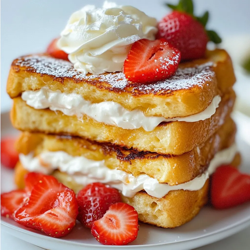 To make this tasty treat, you need: - 4 thick slices of brioche or challah bread - 1/2 cup cream cheese, softened - 1/4 cup powdered sugar - 1 teaspoon pure vanilla extract - 1 cup fresh strawberries, hulled and sliced - 2 large eggs - 1/2 cup whole milk - 1 teaspoon ground cinnamon - A pinch of fine salt - 2 tablespoons unsalted butter, divided - Whipped cream for serving - Extra strawberries, for garnishing These ingredients blend together to create a sweet, creamy filling and a fluffy bread texture. You can add your favorite flavors or toppings for a unique twist. Consider these options: - Maple syrup for extra sweetness - Chocolate chips for a rich treat - Nuts for a crunchy texture - Other fruits like blueberries or bananas Feel free to mix and match to fit your taste. If you have specific dietary needs, use these substitutions: - Use gluten-free bread for a gluten-free version. - Substitute dairy-free cream cheese for a dairy-free option. - Swap eggs for flaxseed meal mixed with water for a vegan choice. These swaps help everyone enjoy this delightful dish! {{ingredient_image_2}} To start, grab a medium bowl. Add 1/2 cup of softened cream cheese. Then, pour in 1/4 cup of powdered sugar. Next, add 1 teaspoon of pure vanilla extract for flavor. Use a hand mixer or whisk to blend. Mix until it’s smooth and creamy. This filling tastes just like cheesecake! Set it aside so it’s ready for your French toast. Now, take a separate bowl. Crack 2 large eggs into it. Pour in 1/2 cup of whole milk. Add 1 teaspoon of ground cinnamon for warmth. Sprinkle in a pinch of fine salt. Whisk these together until they’re fully combined and frothy. This mix will give your French toast a rich flavor. Preheat a large skillet or griddle over medium heat. Add 1 tablespoon of unsalted butter and let it melt. Make sure it coats the skillet evenly. Take a slice of brioche bread and spread a thick layer of the cream cheese filling on one side. Place some sliced strawberries on top, then cover with another slice of bread to form a sandwich. Carefully dip this sandwich into the egg mixture. Make sure both sides are coated but don’t soak it too long. Place the sandwich in the preheated skillet. Cook for about 3-4 minutes on each side. You want it golden brown and fully cooked. Repeat with the other slices, adding more butter as needed. Once cooked, remove the French toast from the skillet. Slice each sandwich in half diagonally. Arrange the pieces on a plate. Top with extra sliced strawberries and a big dollop of whipped cream. Enjoy your Strawberry Cheesecake French Toast! To make the best Strawberry Cheesecake French Toast, choose the right bread. Use thick slices of brioche or challah. These breads soak up the egg mixture well. They also have a rich flavor that pairs nicely with the cheesecake filling. You can also try Texas toast for a different taste. Just ensure your bread is fresh and soft. For the best texture, don’t soak the bread too long. Dip each sandwich quickly in the egg mixture. This keeps the inside soft and creamy. Cook the toast on medium heat. This helps it brown nicely without burning. Flip it carefully to avoid spills. Aim for a golden crust on each side. Make your dish look as good as it tastes. After cooking, slice each sandwich diagonally. This makes it easier to serve and eat. Place the halves on a nice plate. Top them with extra sliced strawberries. Add a generous dollop of whipped cream for sweetness. For a special touch, dust with powdered sugar. Drizzle with warm maple syrup for added flavor. This will impress everyone! Pro Tips Choose the Right Bread: Use thick slices of brioche or challah for a rich and fluffy texture that holds the filling well. Whip the Cream Cheese Smoothly: Ensure the cream cheese is softened to room temperature before mixing, which helps achieve a creamy and lump-free filling. Don’t Soak the Bread Too Long: Dip the sandwiches quickly in the egg mixture to prevent them from becoming soggy while still getting a nice coating. Garnish for Presentation: Add a light dusting of powdered sugar and fresh strawberries on top for an appealing and delicious final touch. {{image_4}} You can make your cheesecake filling even better by using flavored cream cheese. Try strawberry, blueberry, or chocolate cream cheese. These options add extra depth and fun to your dish. They mix well with the strawberries, giving you a new taste each time. You can switch out strawberries for other fruits. Use bananas, peaches, or raspberries for a twist. Each fruit brings its own flavor, making your French toast unique. You can also add nuts like walnuts or pecans for crunch. They give your dish a great texture. If you need a gluten-free meal, use gluten-free bread. Many brands make bread that tastes great. For a dairy-free option, swap the cream cheese for a dairy-free spread. Use almond or coconut milk instead of whole milk. This way, everyone can enjoy this tasty treat! To keep your Strawberry Cheesecake French Toast fresh, start by placing leftovers in an airtight container. This helps keep moisture in while keeping out air. Store the container in the fridge for up to three days. Make sure to layer the slices with parchment paper to prevent sticking. Reheat your French toast in a skillet over medium heat. Add a small amount of butter to keep it moist. Heat each piece for about two to three minutes on each side. This method helps maintain the crispy edges and creamy filling. You can also use the microwave, but it may not give the best texture. To freeze, wrap each piece tightly in plastic wrap, then place them in a freezer bag. This keeps them fresh for up to two months. When ready to enjoy, thaw in the fridge overnight. Reheat as mentioned above for a tasty breakfast treat that feels fresh and new! Yes, you can prepare some parts in advance. Make the cream cheese filling and egg mixture the night before. Store them in separate containers in the fridge. Assemble the sandwiches in the morning. Cook them fresh for the best taste. To keep your bread from getting soggy, don’t soak it too long in the egg mixture. Just dip it quickly on both sides. Using thick slices of brioche or challah also helps. They hold their shape and texture better. You can serve your Strawberry Cheesecake French Toast with whipped cream or extra strawberries. Maple syrup adds sweetness, too. A sprinkle of powdered sugar makes it look fancy. You could also pair it with bacon or sausage for a complete breakfast. You now have all the tools to make delicious Strawberry Cheesecake French Toast. We covered essential ingredients, step-by-step instructions, and handy tips for success. Don't forget the variations to make it your own or consider dietary needs. Store leftovers properly and reheat for great taste. This dish can be a treat for breakfast or any meal. Enjoy your cooking adventure, and impress your friends and family with this delightful recipe!