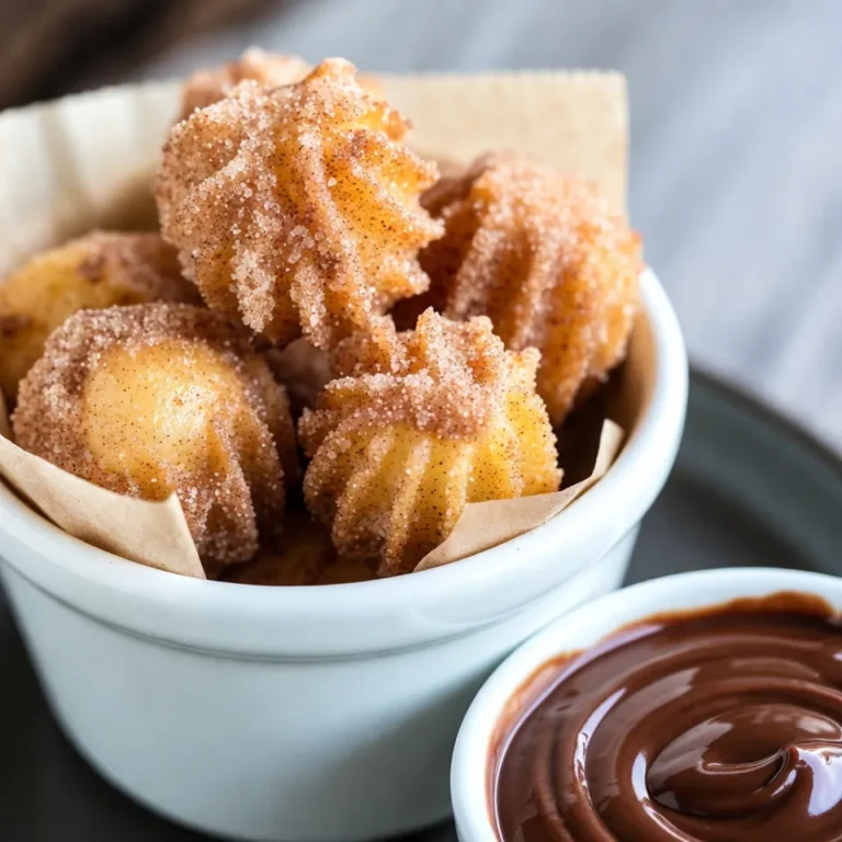 To make delicious churro bites, you need these key ingredients: - 1 cup all-purpose flour - 2 tablespoons granulated sugar (for dough) - 1 teaspoon baking powder - 1/4 teaspoon salt - 1/2 cup water - 2 tablespoons unsalted butter - 1/2 teaspoon vanilla extract - 1/4 cup granulated sugar (for coating) - 1 teaspoon ground cinnamon (for coating) - Oil for frying (about 2 cups or enough for deep frying) These ingredients help create a soft dough that fries up perfectly. The cinnamon and sugar coating gives a sweet crunch. You can enhance your churro bites with these tasty dipping sauces: - Chocolate sauce - Caramel sauce - Nutella - Whipped cream These sauces add a fun twist to your churro bites. Try different combinations to find your favorite. To make churro bites, gather these tools: - Medium saucepan - Wooden spoon - Deep frying pan or pot - Piping bag with star tip (or ziplock bag) - Slotted spoon - Paper towels These tools will help you prepare and fry your churros easily. Having everything ready makes cooking a breeze. {{ingredient_image_2}} To start, grab a medium saucepan. Combine 1/2 cup of water, 2 tablespoons of sugar, and 2 tablespoons of unsalted butter. Heat this mixture over medium heat. Stir it often until the butter melts and the mix starts to simmer. Remove the pan from heat. Now, add in 1 cup of all-purpose flour, 1 teaspoon of baking powder, and 1/4 teaspoon of salt. Mix it well with a wooden spoon. You want a smooth dough. Let it cool for about 10 minutes. While your dough cools, prepare the oil. Use a deep frying pan or pot and pour in about 2 cups of oil. Heat the oil until it reaches 350°F (175°C). This temperature is key for making crispy churros. Use a thermometer to check the heat. If you don’t have one, drop a small piece of dough in the oil. It should sizzle right away. Now, move on to frying. Transfer your cooled dough into a piping bag with a star tip or a ziplock bag with a corner cut off. When your oil is hot, carefully pipe small blobs of dough, about 1 inch wide, into the oil. Fry them in small batches. This keeps them from sticking together. Each batch takes about 2-3 minutes to cook. Flip them to brown evenly. Once golden, use a slotted spoon to take them out. Place them on a paper towel to drain the oil. In a shallow bowl, mix 1/4 cup of granulated sugar with 1 teaspoon of ground cinnamon. While the churro bites are still warm, toss them in this mix. Make sure they are well coated. The sweetness from the sugar and spice makes each bite special. Enjoy them warm for the best taste! To get the best dough, mix your ingredients well. Combine flour, baking powder, and salt with the water, sugar, and butter. Stir until you have a smooth dough. It should feel soft but not sticky. If it’s too wet, add a little flour. If it’s too dry, add a splash of water. Let it cool for ten minutes before piping. This helps the dough set. Frying temperature is key to great churro bites. Heat your oil to 350°F (175°C). Use a thermometer for accuracy. If the oil is too hot, the churros will burn. If it’s too cold, they’ll soak up oil and become greasy. Test with a small piece of dough. If it sizzles and rises, your oil is ready. Fry in small batches to keep the temperature stable. Presentation can make your churro bites even more fun. Place them in a small basket with parchment paper for a rustic look. You can serve them with a side of chocolate or caramel sauce for dipping. This adds a tasty twist. A dusting of extra cinnamon sugar on top makes them look appealing. Enjoy serving these treats warm for the best experience! Pro Tips Perfect Frying Temperature: Ensure your oil is at 350°F (175°C) for the best results. Too hot, and the churros will burn; too cool, and they will absorb excess oil. Cooling Time: Allow the dough to cool for about 10 minutes before piping. This makes it easier to handle and helps prevent burns when frying. Even Coating: Toss churro bites in the cinnamon-sugar mixture while they are still warm to ensure an even and delicious coating that sticks well. Batch Frying: Fry churro bites in small batches to maintain the oil temperature. Overcrowding can lower the temperature and lead to soggy churros. {{image_4}} You can easily change the flavor of your churro bites. For a chocolate twist, mix in cocoa powder. Use 2 tablespoons of cocoa with your flour. This gives a rich taste. For pumpkin spice churros, add 1 teaspoon of pumpkin spice to the dough. This adds warmth and a cozy aroma. Both flavors can excite your taste buds and impress your guests! While cinnamon-sugar is classic, you can try different coatings. For a tropical feel, use shredded coconut. Mix 1/4 cup of sugar with 1/2 cup of coconut. Toss the warm churro bites in this mix for a sweet crunch. If you love nutmeg, swap it for cinnamon. Use 1 teaspoon of nutmeg with sugar. This adds a spicy kick that is unique and delightful. Churro bites are fun to dip! Offer chocolate or caramel sauce for a sweet treat. Simply melt chocolate chips in the microwave for 30 seconds. Stir until smooth, then serve alongside the churros. You can also create a whipped cream dip. Just whip heavy cream with sugar and vanilla. This light dip pairs well with the fried bites. Don't forget to decorate your serving plate with colorful sprinkles for a festive touch! Store leftover churro bites in an airtight container. Keep them at room temperature for up to two days. If you want to keep them longer, consider refrigerating them. In the fridge, churro bites stay fresh for about a week. To reheat churro bites, use an oven or an air fryer. Preheat your oven to 350°F (175°C). Place the churros on a baking sheet and heat for about 5 to 7 minutes. This method helps regain their crispy texture. Avoid using a microwave, as it can make them soft and chewy. You can freeze churro bites for longer storage. Place them in a single layer on a baking sheet. Freeze until solid, then transfer them to a freezer bag. They can stay frozen for up to three months. When ready to eat, follow the reheating tips above for the best results. Yes, you can bake churro bites. To do this, preheat your oven to 400°F (200°C). Pipe the dough into small blobs on a lined baking sheet. Bake for 12-15 minutes until golden. Keep an eye on them. Baked churros will not be as crispy as fried ones, but they will still taste good! You can make churro dough ahead of time. After mixing the dough, wrap it tightly in plastic wrap. Store it in the fridge for up to 24 hours. When you’re ready to fry, let it warm up for a few minutes. This will help with piping. The best oil for frying churros is one with a high smoke point. Canola oil, vegetable oil, and peanut oil are great options. These oils heat well and give a nice flavor. Avoid oils with strong tastes, like olive oil. To check if your oil is hot enough, use a thermometer. Aim for 350°F (175°C). If you don’t have one, drop a small piece of dough in the oil. If it bubbles and rises, the oil is ready. Frying at the right temperature is key for crispy churros. Churro bites are not vegan-friendly as they contain butter. To make them vegan, replace the butter with a plant-based alternative. Use a non-dairy milk instead of water if you want. This will keep the flavor while making them suitable for vegans. Homemade churro bites are fun and easy to make. We covered the must-have ingredients and tools, plus step-by-step instructions for dough and frying. I shared tips for the perfect consistency and even offered tasty variations. Remember, storing your churros right keeps them fresh. Whether you bake or fry, you can enjoy this treat your way. Now, gather your ingredients and start your churro-making journey!