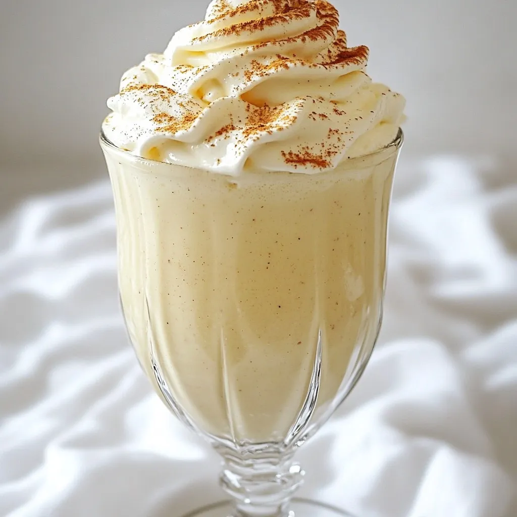 To make a tasty creamy eggnog milkshake, gather these key ingredients: - 2 cups eggnog (store-bought or homemade) - 1 cup creamy vanilla ice cream - 1/2 teaspoon freshly grated nutmeg (plus extra for delightful garnish) - 1/2 teaspoon ground cinnamon - 1/4 teaspoon pure vanilla extract - Whipped cream (for a luscious topping) - A pinch of sea salt These ingredients create a rich and festive flavor. Use quality eggnog for a smooth base. The creamy vanilla ice cream adds sweetness and texture. You can add your twist to this milkshake with these optional ingredients: - Chocolate syrup for a sweet touch - Crushed peppermint candies for a minty kick - A dash of coffee for a deeper flavor Feel free to mix and match based on your taste. These additions can make your milkshake unique and special. Choosing the right ingredients makes a big difference. Here are some tips: - Look for fresh eggnog. Check the expiration date. - Use high-quality vanilla ice cream. It should be creamy and rich. - Freshly grated nutmeg enhances flavor. Pre-ground nutmeg lacks freshness. When you pick the best ingredients, your eggnog milkshake will shine with flavor and texture. Enjoy the festive spirit with every sip! {{ingredient_image_2}} To start, gather your ingredients. You will need eggnog, vanilla ice cream, nutmeg, cinnamon, vanilla extract, and sea salt. Pour the eggnog into a high-speed blender first. Next, add the creamy vanilla ice cream. This gives the milkshake its rich texture. Now, sprinkle in the freshly grated nutmeg and ground cinnamon. The spices add warmth and flavor. Don’t forget the vanilla extract and a pinch of sea salt. Blend the mixture on high speed for about 30 to 45 seconds. You want it smooth and creamy. If you can’t resist, take a quick taste. If it’s not sweet enough, add a bit more eggnog or ice cream. Blend again for a few seconds. Tasting is key! If you want a sweeter shake, simply add more eggnog. This is a great way to control the flavor. You can also add more ice cream for added creaminess and sweetness. Always blend after you add more ingredients. This way, you get the perfect mix. Keep in mind that some eggnogs are sweeter than others. If you use a less sweet eggnog, you might need to add more sugar. Pour the milkshake into pre-chilled glasses. This helps keep it cold and refreshing. Next, top each shake with a fluffy mound of whipped cream. For a festive touch, sprinkle a little extra nutmeg on top. You can also add a dash of ground cinnamon for extra flavor. Serve the milkshake right away. Use fun straws or festive glasses to make it more special. Enjoy your creamy eggnog milkshake! For the best creamy milkshake, start with cold ingredients. Use chilled eggnog and ice cream. This keeps your shake cool and smooth. Blend on high for 30-45 seconds. This helps mix everything well and adds air for a light texture. If it’s too thick, add a splash of eggnog. If it’s too thin, add more ice cream. That’s the key to getting it just right! One common mistake is not measuring your ingredients. Too much eggnog can make it thin. Too much ice cream can make it too thick. Always use the right amounts. Another mistake is blending too long. Over-blending can heat the mixture and ruin the creamy feel. Blend just until smooth. Lastly, don’t skip the salt. A pinch of sea salt enhances the flavors in your milkshake. Garnishing makes your milkshake look fancy. Use whipped cream on top for a rich finish. Sprinkle freshly grated nutmeg on the cream for a holiday touch. You can also add a dash of ground cinnamon for extra flavor. For a fun twist, place festive straws in the glasses. They add color and cheer to your drink. These simple touches make your milkshake festive and inviting! Pro Tips Choose Quality Eggnog: For the best flavor, opt for high-quality store-bought eggnog or make your own using fresh ingredients. Chill Your Glasses: Pre-chilling your glasses will keep your milkshake colder for longer, enhancing your drinking experience. Add Extra Spice: Feel free to adjust the spices to your taste; a dash of ginger or cloves can add an exciting twist to the flavor profile. Mix It Up: Experiment with different ice cream flavors like cinnamon or caramel to create unique variations of this festive treat. {{image_4}} You can make your eggnog milkshake with or without alcohol. For an adult treat, add a splash of spiced rum or bourbon. It adds warmth and a festive kick. If you prefer a family-friendly version, stick with the classic recipe. The rich flavors of eggnog and ice cream shine through without any alcohol. You can easily switch up the flavors. For a peppermint twist, add a few drops of peppermint extract. This gives your milkshake a refreshing taste. If you love chocolate, add chocolate syrup or chocolate ice cream. You can blend in crushed candy canes for a fun crunch. Each variation brings a unique flair, perfect for holiday gatherings. If you need a dairy-free milkshake, you have options. Use almond milk, coconut milk, or oat milk instead of eggnog. Choose dairy-free ice cream to match. Look for brands that offer creamy, delicious flavors. Add a bit of vanilla extract to enhance the taste. With these swaps, everyone can enjoy a festive treat. You may have some milkshake left after your holiday treat. To store it, pour the milkshake into an airtight container. Make sure to seal it well to keep out air. Place the container in the fridge. It can stay fresh for up to two days. Milkshakes are best cold, but you can refresh them. If it thickens, add a splash of eggnog. Blend it again for a smooth texture. Avoid reheating in the microwave, as it changes the flavor. Instead, let it sit out for a few minutes before serving. The eggnog and ice cream you use have their own shelf lives. Store-bought eggnog lasts about 5-7 days after opening. Homemade eggnog should be consumed within 2-3 days. Ice cream usually stays good for about 2-3 months if kept frozen. Always check the expiration dates for the best quality. Yes, you can use homemade eggnog! In fact, homemade eggnog adds a personal touch. Just make sure your eggnog is thick and creamy. This will enhance the milkshake's flavor and texture. If your homemade eggnog is a bit too thin, consider adding more ice cream to balance it out. You can try different flavors of ice cream. Chocolate or caramel ice cream works well. For a lighter option, use frozen yogurt. If you need a dairy-free choice, coconut or almond milk ice cream are great substitutes. Each option gives a unique twist to the milkshake. To make a thicker milkshake, add more ice cream. You can also reduce the amount of eggnog. For an extra thick shake, freeze the eggnog before blending. This will give you that creamy texture without making it too watery. Just blend slowly to mix well! This blog post covered how to make a creamy eggnog milkshake. We discussed the essential and optional ingredients, along with tips for choosing quality items. You learned step-by-step instructions for blending and adjusting sweetness. We explored common mistakes to avoid and unique variations, like dairy-free options. Finally, we addressed storage tips to keep your milkshake fresh. Enjoy experimenting with your milkshake creations. Customize it to your taste!
