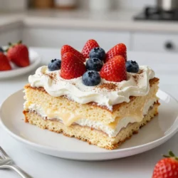 To make a classic tres leches cake, you need a list of simple ingredients. Each plays a key role in creating this rich and creamy delight. Here is what you will need: - 1 cup all-purpose flour - 1 &frac12; teaspoons baking powder - &frac14; teaspoon salt - 5 large eggs, separated - 1 cup granulated sugar, divided - &frac12; cup whole milk - 1 teaspoon vanilla extract - 1 can (12 oz) evaporated milk - 1 can (14 oz) sweetened condensed milk - 1 cup heavy cream - Fresh berries (strawberries, blueberries) for garnish - Ground cinnamon for dusting (optional) Each ingredient adds unique flavors and textures. The all-purpose flour gives the cake structure. The eggs, both yolks and whites, provide moisture and lightness. Granulated sugar sweetens the cake and helps it brown nicely. Whole milk adds creaminess, while vanilla extract enhances the flavor. Evaporated and sweetened condensed milk create the signature soaking mixture. This is what makes tres leches cake so moist and delicious. Finally, the heavy cream is whipped to top the cake, creating a light and fluffy finish. Fresh berries add a pop of color and flavor, while a sprinkle of cinnamon can enhance the presentation. With these ingredients, you're ready to create a dessert that impresses everyone. Make sure to gather everything before starting. This will help you stay organized and make the cooking process smooth. {{ingredient_image_2}} - Start by preheating your oven to 350&deg;F (175&deg;C). - Prepare a 9x13-inch baking dish by greasing it and lightly dusting it with flour. This helps the cake release easily. - In a medium bowl, mix 1 cup of all-purpose flour, 1 &frac12; teaspoons of baking powder, and &frac14; teaspoon of salt. Sift this mixture to make it light and airy. - In a large bowl, beat 5 egg yolks with &frac34; cup of granulated sugar until it turns a pale yellow. This makes the batter creamy and smooth. - Add &frac12; cup of whole milk and 1 teaspoon of vanilla extract, mixing until smooth. - Gradually add the flour mixture to the egg yolk mixture. Fold gently with a spatula until just combined. - In a clean bowl, beat the 5 egg whites on medium speed until soft peaks form. - Slowly add the remaining &frac14; cup of sugar. Keep beating on high until stiff peaks form and the mixture looks glossy. - Carefully fold one-third of the whipped egg whites into the batter. This lightens the mixture. Then, fold in the rest of the egg whites in two parts, keeping as much air in as possible. - Pour the batter into your prepared baking dish. Spread it evenly with a spatula. - Bake in the preheated oven for 25-30 minutes. Check for doneness by inserting a toothpick in the center. If it comes out clean, the cake is ready. - Remove it from the oven and let it cool completely in the pan on a wire rack. - While the cake cools, whisk together 1 can of evaporated milk, 1 can of sweetened condensed milk, and 1 cup of heavy cream in a medium bowl. Mix until it's well blended. - Once the cake is cool, poke holes all over the top with a fork. - Slowly pour the tres leches mixture over the cake. Make sure it soaks evenly. Let it absorb for at least 1 hour at room temperature or overnight in the fridge for a richer taste. - Before serving, whip 1 cup of heavy cream until soft peaks form. - Spread or pipe the whipped cream generously over the soaked cake. - Garnish with fresh berries and a sprinkle of ground cinnamon if you like. To get that soft, airy texture, I focus on the egg whites. When whipping them, I beat them until soft peaks form. Then, I slowly add sugar. This creates the glossy peaks you want. After that, I fold the egg whites into the batter gently. I do this in three parts, which helps keep air in the mix. It&rsquo;s key to avoid over-mixing here. Soaking time is also very important. The cake needs to absorb the milk mixture fully. I let it soak for at least an hour at room temperature. For the best flavor, I prefer to let it soak overnight in the fridge. One big mistake I see is overmixing the batter. When you do this, the cake can turn out dense and dry. I always mix just until combined. This keeps the cake fluffy and light. Another mistake is not soaking enough. If you don&rsquo;t pour the milk mixture evenly, some parts stay dry. This can lead to a bland bite. So, poke holes all over the cake. This ensures every piece soaks up the sweet milk. For a beautiful presentation, I cut the cake into generous squares. I serve them on individual plates, which looks nice. I top each square with whipped cream and fresh berries. A sprinkle of ground cinnamon adds a lovely touch too. Pair this cake with coffee or a sweet dessert wine. The rich flavors blend well together. Enjoy this classic treat with friends and family for a special gathering! Pro Tips Use Room Temperature Ingredients: Ensure that your eggs and milk are at room temperature before starting. This helps the ingredients to blend better, making for a lighter and fluffier cake. Let the Cake Soak Overnight: For the best flavor and texture, allow the cake to soak in the tres leches mixture overnight in the refrigerator. This allows the flavors to meld beautifully. Whip Cream to Soft Peaks: When whipping your cream for the topping, stop when you reach soft peaks. This will create a light and airy texture that complements the moist cake perfectly. Garnish with Fresh Fruits: Add a burst of color and freshness by garnishing with a variety of fresh berries. They not only enhance the presentation but also add a delicious contrast to the sweetness of the cake. {{image_4}} You can make your tres leches cake even better with some tasty twists. - Adding chocolate or coffee: Mix in cocoa powder or coffee for a rich flavor. Just add 1/4 cup of cocoa powder when combining the dry ingredients. For coffee, brew a strong cup and use it in place of some of the milk. - Infusing with citrus zest: Add zest from oranges or limes to the batter. This brings a bright, fresh taste to the cake. Use about 1 tablespoon of zest for a nice kick. If you want a dairy-free tres leches cake, there are great options. - Dairy-free options: Use coconut milk, almond milk, or soy milk instead of regular milk. This keeps the cake creamy and delicious. - Plant-based alternatives: Try oat milk or cashew milk. They are great substitutes and add unique flavors. Toppings can change the look and taste of your cake. - Using different fruits: Top your cake with mango, kiwi, or peaches for a colorful treat. Fresh fruit adds a nice sweetness. - Adding nuts or sprinkles: Chopped nuts like almonds or walnuts give a nice crunch. Sprinkles add fun color and texture. Just go wild with what you love! - Store any leftover tres leches cake in an airtight container. - Keep the cake in the fridge to maintain its freshness. - It will stay tasty for about 3 to 5 days. - If the cake has no toppings, it can last a bit longer. - Cover it well to avoid drying out. - You can freeze tres leches cake for up to 2 months. - Cut the cake into slices for easy freezing. - Wrap each piece in plastic wrap, then place in a freezer bag. - To defrost, move the cake to the fridge for several hours. - Avoid using the microwave, as it changes the texture. - The cake might lose some of its softness after freezing. - Soaking it again with the milk mixture can help restore moisture. Tres Leches Cake is a moist dessert soaked in three kinds of milk. This cake comes from Latin America, especially Mexico. The name means "three milks" in Spanish. It has a rich history tied to celebrations and family gatherings. People love its fluffy texture and sweet flavor. Each bite is creamy and dreamy, making it a favorite for many. Tres Leches Cake can last about 3 to 5 days in the fridge. Keep it covered to stop it from drying out. Signs that the cake is bad include a sour smell or mold. If it looks off, it&rsquo;s better to toss it. Yes, you can make Tres Leches Cake a day early. This helps the flavors blend better. After soaking the cake, cover it tightly and chill. It will stay fresh and taste even better the next day. If you need a substitute for heavy cream, use whipped coconut cream. You can also try whipped topping or half-and-half. These options give a similar texture. Adjust the sweetness if needed, as some substitutes are sweeter. This blog post detailed how to make a delicious Tres Leches Cake. We covered ingredients, step-by-step instructions, tips, variations, storage methods, and FAQs. Making this cake can be fun and rewarding. You can impress guests and family with your skills. Enjoy experimenting with flavors and toppings. Keep your cake fresh for days. Happy baking!