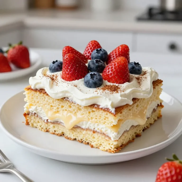 To make a classic tres leches cake, you need a list of simple ingredients. Each plays a key role in creating this rich and creamy delight. Here is what you will need: - 1 cup all-purpose flour - 1 ½ teaspoons baking powder - ¼ teaspoon salt - 5 large eggs, separated - 1 cup granulated sugar, divided - ½ cup whole milk - 1 teaspoon vanilla extract - 1 can (12 oz) evaporated milk - 1 can (14 oz) sweetened condensed milk - 1 cup heavy cream - Fresh berries (strawberries, blueberries) for garnish - Ground cinnamon for dusting (optional) Each ingredient adds unique flavors and textures. The all-purpose flour gives the cake structure. The eggs, both yolks and whites, provide moisture and lightness. Granulated sugar sweetens the cake and helps it brown nicely. Whole milk adds creaminess, while vanilla extract enhances the flavor. Evaporated and sweetened condensed milk create the signature soaking mixture. This is what makes tres leches cake so moist and delicious. Finally, the heavy cream is whipped to top the cake, creating a light and fluffy finish. Fresh berries add a pop of color and flavor, while a sprinkle of cinnamon can enhance the presentation. With these ingredients, you're ready to create a dessert that impresses everyone. Make sure to gather everything before starting. This will help you stay organized and make the cooking process smooth. {{ingredient_image_2}} - Start by preheating your oven to 350°F (175°C). - Prepare a 9x13-inch baking dish by greasing it and lightly dusting it with flour. This helps the cake release easily. - In a medium bowl, mix 1 cup of all-purpose flour, 1 ½ teaspoons of baking powder, and ¼ teaspoon of salt. Sift this mixture to make it light and airy. - In a large bowl, beat 5 egg yolks with ¾ cup of granulated sugar until it turns a pale yellow. This makes the batter creamy and smooth. - Add ½ cup of whole milk and 1 teaspoon of vanilla extract, mixing until smooth. - Gradually add the flour mixture to the egg yolk mixture. Fold gently with a spatula until just combined. - In a clean bowl, beat the 5 egg whites on medium speed until soft peaks form. - Slowly add the remaining ¼ cup of sugar. Keep beating on high until stiff peaks form and the mixture looks glossy. - Carefully fold one-third of the whipped egg whites into the batter. This lightens the mixture. Then, fold in the rest of the egg whites in two parts, keeping as much air in as possible. - Pour the batter into your prepared baking dish. Spread it evenly with a spatula. - Bake in the preheated oven for 25-30 minutes. Check for doneness by inserting a toothpick in the center. If it comes out clean, the cake is ready. - Remove it from the oven and let it cool completely in the pan on a wire rack. - While the cake cools, whisk together 1 can of evaporated milk, 1 can of sweetened condensed milk, and 1 cup of heavy cream in a medium bowl. Mix until it's well blended. - Once the cake is cool, poke holes all over the top with a fork. - Slowly pour the tres leches mixture over the cake. Make sure it soaks evenly. Let it absorb for at least 1 hour at room temperature or overnight in the fridge for a richer taste. - Before serving, whip 1 cup of heavy cream until soft peaks form. - Spread or pipe the whipped cream generously over the soaked cake. - Garnish with fresh berries and a sprinkle of ground cinnamon if you like. To get that soft, airy texture, I focus on the egg whites. When whipping them, I beat them until soft peaks form. Then, I slowly add sugar. This creates the glossy peaks you want. After that, I fold the egg whites into the batter gently. I do this in three parts, which helps keep air in the mix. It’s key to avoid over-mixing here. Soaking time is also very important. The cake needs to absorb the milk mixture fully. I let it soak for at least an hour at room temperature. For the best flavor, I prefer to let it soak overnight in the fridge. One big mistake I see is overmixing the batter. When you do this, the cake can turn out dense and dry. I always mix just until combined. This keeps the cake fluffy and light. Another mistake is not soaking enough. If you don’t pour the milk mixture evenly, some parts stay dry. This can lead to a bland bite. So, poke holes all over the cake. This ensures every piece soaks up the sweet milk. For a beautiful presentation, I cut the cake into generous squares. I serve them on individual plates, which looks nice. I top each square with whipped cream and fresh berries. A sprinkle of ground cinnamon adds a lovely touch too. Pair this cake with coffee or a sweet dessert wine. The rich flavors blend well together. Enjoy this classic treat with friends and family for a special gathering! Pro Tips Use Room Temperature Ingredients: Ensure that your eggs and milk are at room temperature before starting. This helps the ingredients to blend better, making for a lighter and fluffier cake. Let the Cake Soak Overnight: For the best flavor and texture, allow the cake to soak in the tres leches mixture overnight in the refrigerator. This allows the flavors to meld beautifully. Whip Cream to Soft Peaks: When whipping your cream for the topping, stop when you reach soft peaks. This will create a light and airy texture that complements the moist cake perfectly. Garnish with Fresh Fruits: Add a burst of color and freshness by garnishing with a variety of fresh berries. They not only enhance the presentation but also add a delicious contrast to the sweetness of the cake. {{image_4}} You can make your tres leches cake even better with some tasty twists. - Adding chocolate or coffee: Mix in cocoa powder or coffee for a rich flavor. Just add 1/4 cup of cocoa powder when combining the dry ingredients. For coffee, brew a strong cup and use it in place of some of the milk. - Infusing with citrus zest: Add zest from oranges or limes to the batter. This brings a bright, fresh taste to the cake. Use about 1 tablespoon of zest for a nice kick. If you want a dairy-free tres leches cake, there are great options. - Dairy-free options: Use coconut milk, almond milk, or soy milk instead of regular milk. This keeps the cake creamy and delicious. - Plant-based alternatives: Try oat milk or cashew milk. They are great substitutes and add unique flavors. Toppings can change the look and taste of your cake. - Using different fruits: Top your cake with mango, kiwi, or peaches for a colorful treat. Fresh fruit adds a nice sweetness. - Adding nuts or sprinkles: Chopped nuts like almonds or walnuts give a nice crunch. Sprinkles add fun color and texture. Just go wild with what you love! - Store any leftover tres leches cake in an airtight container. - Keep the cake in the fridge to maintain its freshness. - It will stay tasty for about 3 to 5 days. - If the cake has no toppings, it can last a bit longer. - Cover it well to avoid drying out. - You can freeze tres leches cake for up to 2 months. - Cut the cake into slices for easy freezing. - Wrap each piece in plastic wrap, then place in a freezer bag. - To defrost, move the cake to the fridge for several hours. - Avoid using the microwave, as it changes the texture. - The cake might lose some of its softness after freezing. - Soaking it again with the milk mixture can help restore moisture. Tres Leches Cake is a moist dessert soaked in three kinds of milk. This cake comes from Latin America, especially Mexico. The name means "three milks" in Spanish. It has a rich history tied to celebrations and family gatherings. People love its fluffy texture and sweet flavor. Each bite is creamy and dreamy, making it a favorite for many. Tres Leches Cake can last about 3 to 5 days in the fridge. Keep it covered to stop it from drying out. Signs that the cake is bad include a sour smell or mold. If it looks off, it’s better to toss it. Yes, you can make Tres Leches Cake a day early. This helps the flavors blend better. After soaking the cake, cover it tightly and chill. It will stay fresh and taste even better the next day. If you need a substitute for heavy cream, use whipped coconut cream. You can also try whipped topping or half-and-half. These options give a similar texture. Adjust the sweetness if needed, as some substitutes are sweeter. This blog post detailed how to make a delicious Tres Leches Cake. We covered ingredients, step-by-step instructions, tips, variations, storage methods, and FAQs. Making this cake can be fun and rewarding. You can impress guests and family with your skills. Enjoy experimenting with flavors and toppings. Keep your cake fresh for days. Happy baking!