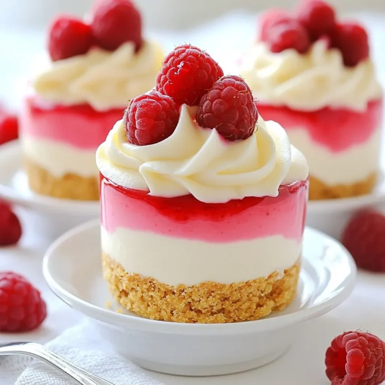 - 1 cup fresh raspberries - 1 cup cream cheese, softened - 1/2 cup powdered sugar (divided) - 1 teaspoon pure vanilla extract - 1 cup heavy whipping cream - 1/4 cup graham cracker crumbs - 1 tablespoon unsalted butter (melted) - Pinch of sea salt To create Raspberry Cheesecake Mousse Cups, you need fresh raspberries. They bring a bright and tangy flavor. Use soft cream cheese for a rich and smooth base. Powdered sugar sweetens the mix, with some reserved for the raspberry sauce. Pure vanilla extract adds a warm depth to the flavor profile. For the light and airy mousse, chilled heavy whipping cream is key. The graham cracker crumbs form a delightful crust. Melted butter helps bind the crumbs. A pinch of sea salt balances the sweetness and enhances the taste. - Extra fresh raspberries - Mint sprigs Garnishes are fun and add flair. Extra raspberries on top look pretty and tasty. Mint sprigs add a fresh touch and a pop of color. - Mixing bowls - Electric mixer - Small saucepan - Measuring cups and spoons - Serving cups or glasses You will need a few tools for this recipe. Mixing bowls help combine ingredients easily. An electric mixer makes whipping quick and simple. A small saucepan cooks the raspberry sauce perfectly. Measuring cups and spoons ensure accuracy. Lastly, serving cups showcase your beautiful mousse. With these ingredients and tools, you are ready to create a delicious treat! {{ingredient_image_2}} - First, take 1 cup of fresh raspberries. - Add 2 tablespoons of powdered sugar to a small saucepan. - Cook over medium heat for about 5 minutes. - Stir often until the raspberries break down and thicken. - Remove from heat and let it cool completely. - In a large bowl, beat 1 cup of softened cream cheese. - Add the remaining 1/2 cup of powdered sugar and 1 teaspoon of vanilla. - Mix until the mixture is smooth and creamy. - In a chilled bowl, pour in 1 cup of heavy whipping cream. - Use an electric mixer to whip until soft peaks form. - The cream should be thick but still soft enough. - Gently fold half of the cooled raspberry sauce into the cream cheese mix. - Then fold in the whipped cream carefully. - Make sure not to deflate the mixture; keep it light and fluffy. - Mix 1/4 cup of graham cracker crumbs with 1 tablespoon of melted butter. - Add a pinch of sea salt to enhance the flavor. - Combine until the crumbs are moistened and crumbly. - Divide the graham cracker mixture into serving cups. - Press it down lightly to form a firm base. - Spoon the raspberry cheesecake mousse over the crust until half full. - Add a swirl of the reserved raspberry sauce on top. - Finish with another layer of mousse until filled to the top. To get the best mousse, start with cold ingredients. Use chilled cream and bowls. This helps the cream whip better. Cold cream holds its shape and gives a light texture. When you mix ingredients, be gentle. Folding means combining without beating. Use a spatula to carefully add the whipped cream. This keeps the air in, making your mousse fluffy. Presentation is key! Serve your mousse cups on a decorative platter. Add fresh mint for a pop of color. This makes the dish more eye-catching. You can pair these cups with coffee or tea. They also go well with chocolate cake. The mix of flavors makes for a great dessert spread. One common mistake is over-whipping the cream. This can turn it grainy instead of fluffy. Keep an eye on it while whipping. Stop when you see soft peaks form. Another mistake is under-cooking the raspberry sauce. If it’s too runny, it won’t layer well. Cook it until it thickens, then let it cool. This will ensure it sits nicely in your cups. Pro Tips Use Fresh Raspberries: Fresh raspberries will give your mousse the best flavor and vibrant color. If using frozen, ensure they are fully thawed and drained of excess moisture. Chill Your Bowls: For better whipped cream results, chill your mixing bowl and beaters in the freezer for about 10 minutes before whipping the cream. Don’t Overmix: When folding the whipped cream into the cream cheese mixture, be gentle. Overmixing can deflate the whipped cream, leading to a denser mousse. Experiment with Flavors: Feel free to customize the mousse by adding a splash of lemon juice or zest to enhance the raspberry flavor, or try mixing in other fruits for variety. {{image_4}} You can change the flavor of your mousse cups easily. Swap raspberries for other berries. Strawberries and blueberries work great too. You can even add chocolate for a sweet twist. Just mix in some melted chocolate into the cream cheese. Another option is to add lemon zest. Lemon adds a fresh, bright flavor that balances the sweetness. If you want to make a dairy-free version, use vegan cream cheese. It has a similar texture and flavor. For the whipped topping, use coconut whipped cream. Whip the coconut cream until it’s light and fluffy. This keeps your dessert creamy while being dairy-free. For those who need gluten-free options, it's simple! Use gluten-free graham crackers for the crust. Crush them just like regular graham crackers. Mix them with melted butter and a pinch of sea salt. This will give you a tasty base that everyone can enjoy. To keep your raspberry cheesecake mousse fresh, place it in the fridge. Use an airtight container or cover the cups with plastic wrap. This helps avoid drying out or absorbing smells. Enjoy the mousse within three days for the best taste and texture. You can freeze raspberry cheesecake mousse. However, I recommend only freezing the mousse without the crust. Layer the mousse into containers, leaving space at the top. Cover tightly before placing it in the freezer. When ready to eat, thaw it in the fridge overnight. In the fridge, the mousse lasts for about three days. If you freeze it, it can last up to two months. Just remember to check for any changes in texture or taste before enjoying. Yes, you can make Raspberry Cheesecake Mousse in advance. To ensure the best taste and texture, follow these tips: - Prepare the mousse: You can make the mousse and store it in the fridge for up to 2 days before serving. - Keep it covered: Use plastic wrap or an airtight container to keep it fresh. - Add toppings later: Wait to add the raspberry sauce and fresh raspberries until just before serving to keep them vibrant. If you need an alternative to heavy cream, try these options: - Coconut cream: This gives a nice flavor and works well in desserts. - Greek yogurt: It adds creaminess and a tangy taste, perfect for mousse. - Silken tofu: Blend it until smooth for a dairy-free option. To ensure your mousse sets just right, follow these helpful tips: - Chill your bowls: Use cold mixing bowls and utensils when whipping cream. This helps the cream whip better. - Fold gently: When combining the whipped cream with the cream cheese mixture, fold carefully to keep air in. - Chill before serving: Let the mousse sit in the fridge for at least 2 hours before serving. This helps it firm up nicely. This blog post covered making a delicious raspberry cheesecake mousse. You learned the main ingredients, step-by-step instructions, and helpful tips. Remember to use cold ingredients for the best texture. You can also try new flavors or make it dairy-free or gluten-free. Store your mousse properly for maximum freshness. With practice, you can master this dessert and impress your friends and family. Enjoy your tasty creation!