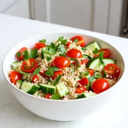 To make the Lemon Herb Couscous Salad, gather these ingredients: - 1 cup couscous - 1 &frac12; cups vegetable broth - 1 cup cherry tomatoes, halved - 1 cucumber, diced - 1 bell pepper (red or yellow), diced - &frac14; cup red onion, finely chopped - &frac12; cup fresh parsley, chopped - &frac12; cup fresh mint, chopped - Juice of 1 fresh lemon - 3 tablespoons olive oil - Salt and pepper to taste - Crumbled feta cheese (optional, for garnishing) You can customize your salad with these optional ingredients: - Avocado, diced for creaminess - Olives, sliced for a briny kick - Chickpeas for added protein - Sun-dried tomatoes for extra flavor Each ingredient in this salad brings its own benefits: - Couscous is light and fluffy. It's quick to prepare and full of carbs for energy. - Cherry tomatoes add bright color and antioxidants, supporting overall health. - Cucumber provides hydration and crunch, making the salad refreshing. - Bell pepper is sweet and packed with vitamins A and C. - Red onion gives a mild bite and contains anti-inflammatory properties. - Parsley and mint add fresh flavor and help with digestion. - Lemon juice brightens the dish and is high in vitamin C. - Olive oil adds healthy fats and enhances flavor. - Feta cheese adds creaminess and a salty touch (if you choose to use it). These ingredients work together to create a tasty and healthy salad. Enjoy the mix of flavors and colors! {{ingredient_image_2}} First, you need to boil the vegetable broth in a medium pot over medium heat. Once it bubbles, take the pot off the heat. Stir in the couscous and cover it with a lid. Let it sit for about 5 minutes so the couscous can absorb the broth. After that, use a fork to fluff the couscous. This helps break apart any clumps. Then, transfer it to a large mixing bowl to cool down. When the couscous has cooled, it&rsquo;s time to add the veggies. Toss in the halved cherry tomatoes, diced cucumber, and diced bell pepper. You can pick either a red or yellow pepper for a sweet touch. Then, add in the finely chopped red onion. Mix everything well so the flavors blend. This colorful mix will make your salad pop! Next, let&rsquo;s make the dressing. In a small bowl, squeeze the juice of one fresh lemon. Add in the olive oil, salt, and pepper. Whisk it all together until it's well blended. Drizzle this zesty dressing over the couscous salad. Gently toss everything together to coat all the ingredients. Finally, fold in the chopped parsley and mint. Be gentle so the herbs stay fresh and bright. If you like, sprinkle crumbled feta cheese on top for a creamy finish. To fluff couscous, you start by letting it soak. After boiling the broth, stir in the couscous. Cover the pan and wait five minutes. Then, take a fork and gently scrape through the couscous. This breaks up clumps. You want light, airy grains. Fluffing is key to a nice texture. You can serve this salad as a main dish or a side. It pairs well with grilled chicken or fish. For a colorful plate, add sliced avocado or roasted veggies. You can also use it as a filling in wraps. Garnish with lemon wedges and parsley for a fresh look. To boost flavor, always taste and adjust. Add more lemon juice for zing. A pinch of salt or pepper can bring out the best in the salad. For a kick, try adding red pepper flakes. Fresh herbs like basil or thyme also work well. Mix and match to find your favorite taste. Pro Tips Use the Right Broth: For a more intense flavor, consider using homemade vegetable broth instead of store-bought. This will enhance the overall taste of your salad. Chill Before Serving: Allow the salad to chill in the refrigerator for at least 30 minutes after mixing. This will help the flavors meld together and create a more refreshing dish. Herb Variations: Feel free to experiment with other fresh herbs like basil or cilantro to give the salad a unique twist based on your preference. Texture Matters: For added crunch, consider adding roasted nuts or seeds such as pine nuts or sunflower seeds to your salad before serving. {{image_4}} You can make this salad even heartier by adding protein. Chicken or shrimp work great. Simply grill or saut&eacute; them before mixing them in. If you want a plant-based option, consider adding chickpeas. They pack a punch of protein and add a nice texture. Feel free to mix up the veggies to suit your taste. You could add diced carrots or zucchini for a crunchy bite. Roasted vegetables like bell peppers or even sweet potatoes can add a sweet flavor. Don't hesitate to experiment with what you have on hand! To make this salad vegan, skip the feta cheese, or use a dairy-free alternative. You can still achieve a creamy texture by adding avocado. Just dice it and mix it in gently. This keeps the salad fresh and flavorful without dairy. When you have leftover Lemon Herb Couscous Salad, store it in an airtight container. This keeps the salad fresh and tasty. Place the container in the fridge. Avoid letting it sit out for too long. You want to keep the flavors in and bacteria out. If you can, eat the salad within a few days. This way, you can enjoy its bright taste. Freezing couscous salad is not the best idea. The veggies may get mushy after thawing. If you plan to freeze it, leave out the fresh herbs and veggies. Instead, freeze only the couscous and dressing. When you want to eat it, thaw it overnight in the fridge. Then, add fresh veggies and herbs before serving. Lemon Herb Couscous Salad lasts about 3 to 5 days in the fridge. Make sure to check for any off smells or changes in texture. If you see or smell something unusual, it&rsquo;s best to toss it. Keeping it in an airtight container helps it last longer. Enjoy your delicious salad while it&rsquo;s still fresh! Yes, you can prepare this salad ahead of time. The flavors blend well when it sits. I recommend making it up to a day in advance. Just store it in the fridge. When you're ready to serve, give it a good stir. This keeps it fresh and tasty. If you don't have couscous, try quinoa or bulgur wheat. Both are great alternatives. Quinoa adds a nutty flavor, while bulgur is quick to cook. You can also use rice for a different texture. Just adjust the cooking time based on what you choose. To add heat, sprinkle in some red pepper flakes. You can also use diced jalape&ntilde;os for a fresh kick. Another option is to add a dash of hot sauce to the dressing. These additions will spice up your salad without losing its fresh taste. This blog post covers all you need for a delicious Lemon Herb Couscous Salad. We explored key ingredients and their benefits, outlined step-by-step instructions, shared helpful tips, and discussed variations to suit your taste. Remember, you can customize this salad with proteins or veggies. Store your leftovers properly for the best flavor. With these insights, making this salad can be fun and easy. Enjoy creating your tasty dish!