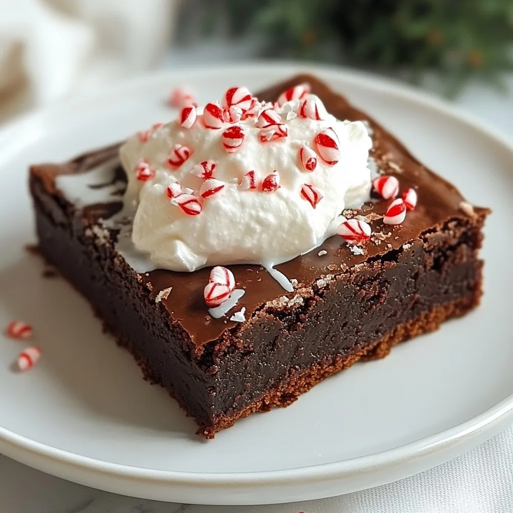 To make delicious peppermint mocha brownies, gather these simple ingredients: - 1 cup unsalted butter, melted - 2 cups granulated sugar - 4 large eggs - 1 teaspoon vanilla extract - 1/2 teaspoon peppermint extract - 1 cup all-purpose flour - 1/2 cup unsweetened cocoa powder - 1/2 teaspoon baking powder - 1/4 teaspoon salt - 1/2 cup dark chocolate chips - 1/4 cup crushed peppermint candies (for topping) - Optional: Whipped cream for serving These ingredients work together to create rich, fudgy brownies with a refreshing mint twist. The melted butter and sugar form a smooth base. The eggs add moisture and help the brownies rise. Vanilla and peppermint extracts give the perfect flavor. The dry ingredients, like flour and cocoa, provide structure and depth. Dark chocolate chips bring extra richness. Finally, crushed peppermint candies on top add a festive crunch. You can even serve them with whipped cream for a treat to remember! {{ingredient_image_2}} Start by preheating your oven to 350°F (175°C). This step is key for even baking. Next, take a 9x13 inch baking pan. Lightly grease it or use parchment paper. This will help lift the brownies out easily later on. In a large mixing bowl, mix 1 cup of melted unsalted butter with 2 cups of granulated sugar. Use a whisk or spatula to blend until it looks smooth and shiny. Then, add 4 large eggs, one at a time. Make sure to mix well after each egg. Finally, stir in 1 teaspoon of vanilla extract and 1/2 teaspoon of peppermint extract. This gives your brownies a lovely flavor. In a separate bowl, sift together 1 cup of all-purpose flour, 1/2 cup of unsweetened cocoa powder, 1/2 teaspoon of baking powder, and 1/4 teaspoon of salt. Mixing these dry ingredients helps to get rid of lumps. Slowly add this mix to the wet ingredients. Fold gently. It’s okay if some lumps remain; don’t overmix. Now, take 1/2 cup of dark chocolate chips and fold them into the batter. Make sure they are spread evenly. This adds extra chocolatey goodness to your brownies. Pour the brownie batter into your prepared baking pan. Use a spatula to spread it evenly. Place the pan in the preheated oven. Bake for 25-30 minutes. When done, a toothpick should come out with a few moist crumbs, not wet batter. After baking, let the brownies cool in the pan for about 15 minutes. Once cooled, sprinkle 1/4 cup of crushed peppermint candies on top. This adds a festive crunch and flavor. Cut the brownies into squares. For a tasty treat, serve them with a dollop of whipped cream. Enjoy your peppermint mocha brownies! To get fudgy brownies, you need to balance your ingredients. Use less flour than you think. The key is to mix the batter just enough. Overmixing makes them cake-like. Stir gently until you see no dry flour. Remember, some lumps are okay! You can change the mint flavor to fit your taste. If you want a stronger mint taste, add a bit more peppermint extract. Start with an extra 1/4 teaspoon. For a lighter touch, cut the peppermint extract in half. You can even try using mint chocolate chips instead of dark ones! Using high-quality ingredients makes a big difference. Choose real unsweetened cocoa powder, not mixes. Look for butter with a high fat content for creaminess. Using dark chocolate chips adds rich flavor. Fresh peppermint candies will make your brownies pop with color and taste! Pro Tips Use Room Temperature Ingredients: Allow your eggs and butter to come to room temperature before mixing them. This helps create a smoother batter and better texture in your brownies. Don’t Overmix the Batter: When combining the dry and wet ingredients, mix just until incorporated. Overmixing can lead to dense and tough brownies. Check for Doneness: To avoid overbaking, start checking your brownies a few minutes before the recommended baking time. A toothpick should come out with a few moist crumbs for perfectly fudgy brownies. Use Quality Chocolate: Opt for high-quality dark chocolate chips for a richer flavor. The quality of the chocolate can significantly enhance the taste of your brownies. {{image_4}} You can still enjoy peppermint mocha brownies if you need a gluten-free option. To make them, swap the all-purpose flour for a gluten-free flour blend. Look for one that works well in baked goods. Also, check the baking powder to ensure it is gluten-free. This simple change keeps brownies tasty and gluten-free. Nuts add great crunch and flavor to brownies. You can mix in 1/2 cup of walnuts or pecans. Simply fold them into the batter with the chocolate chips. Other tasty mix-ins include white chocolate chips, caramel bits, or even dried cherries. Get creative! The options let you make brownies unique to your taste. Brownies are perfect for sharing, especially during the holidays. Serve them warm with whipped cream on top. A drizzle of chocolate sauce adds extra sweetness. Pair your brownies with a hot drink, like peppermint hot cocoa or coffee. You can also enjoy them with a scoop of vanilla ice cream for a fun dessert twist. To keep your peppermint mocha brownies fresh, store them in an airtight container. Place a piece of wax paper between layers to prevent sticking. If you want to keep them for a longer time, wrap them in plastic wrap. This extra layer will help seal in moisture. Always store brownies at room temperature to maintain their soft texture. When stored properly, peppermint mocha brownies can last for about 5 to 7 days. After this time, they may start to lose their freshness. If you want to keep them longer, consider freezing them. Frozen brownies can last for up to 3 months. Just make sure to thaw them in the fridge before serving. When you’re ready to enjoy your brownies again, you can gently reheat them. Place a brownie on a microwave-safe plate. Heat it in the microwave for 10 to 15 seconds. This will warm it up nicely without drying it out. You can also serve them cold, topped with whipped cream, for a tasty treat. Enjoy your delicious brownies anytime! Yes, you can make these brownies ahead of time. Bake them, let them cool, and store them in an airtight container. They stay fresh for about three days at room temperature. You can also freeze them for up to three months. Just wrap them well in plastic wrap and then in foil. When you're ready to enjoy them, thaw at room temperature. If you lack peppermint extract, don't worry! You can use mint extract as a substitute. It adds a similar flavor. You can also try using a bit of crushed peppermint candies mixed into the batter. This method will give the brownies a nice minty crunch without needing extract. Just use about 1 tablespoon of crushed candies instead. To reduce the sweetness, you can cut back on the sugar. Try using 1 and 1/2 cups of sugar instead of 2 cups. You can also use dark chocolate chips that have a higher cocoa content. This change will balance the sweetness. Adding a pinch of salt can also help enhance the flavors and reduce the overall sweetness. In this blog post, I shared a simple recipe for Peppermint Mocha Brownies. We explored the right ingredients, step-by-step instructions, and valuable tips. I also discussed variations and storage tips. These brownies are a fun treat perfect for any gathering. Enjoy baking them and customizing your flavors. With the right ingredients and techniques, you can make your brownies a delicious success. Happy baking!