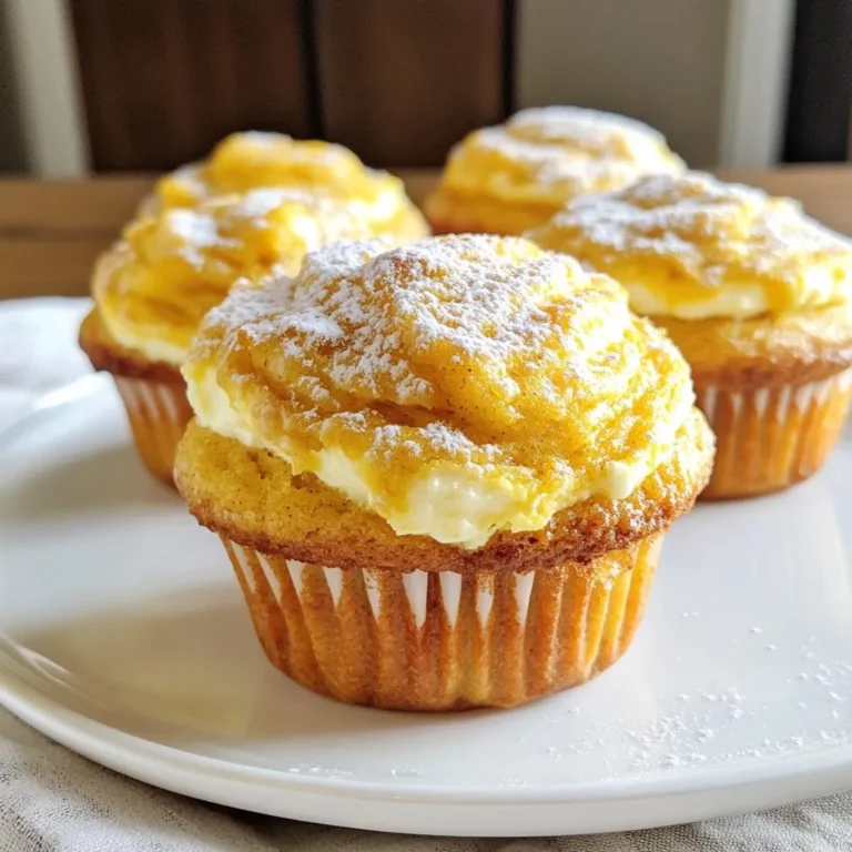 - Pumpkin puree: This is the star of our muffins. It gives them a rich flavor and moist texture. You can use canned puree or make your own from fresh pumpkins. - Cream cheese: This soft cheese creates a creamy filling. It contrasts well with the spiced pumpkin batter. Make sure it’s softened to mix well. - Granulated and brown sugar: These sugars add sweetness. Granulated sugar gives a clean taste, while brown sugar adds depth and moisture. - Chopped pecans or walnuts: Adding nuts gives your muffins a nice crunch and flavor. You can choose one or both for texture. - Vanilla extract: This is a great way to boost flavor. It adds warmth and sweetness to the muffins. {{ingredient_image_2}} Start by preheating your oven to 350°F (175°C). This step is key for even baking. Next, prepare your muffin tin. You can line the cups with paper liners or grease them with non-stick spray. Lining helps you easily remove the muffins later without any mess. In a medium bowl, add 1/2 cup of softened cream cheese, 1/2 cup of granulated sugar, and 1/2 cup of brown sugar. Use an electric mixer or a whisk to beat these ingredients until smooth and creamy. Set this mixture aside. It will be your tasty filling. In a large bowl, combine 1 cup of pumpkin puree, 1/2 cup of vegetable oil, 2 large eggs, and 1 teaspoon of vanilla extract. Whisk these ingredients together until they blend well. You want a uniform mixture for the best muffins. In another bowl, sift together 1 1/2 cups of all-purpose flour, 1 teaspoon of baking powder, 1 teaspoon of baking soda, 1 teaspoon of ground cinnamon, 1/2 teaspoon of ground nutmeg, 1/2 teaspoon of salt, and 1/4 teaspoon of ground ginger. Sifting helps mix the dry ingredients and aerates the flour. This makes your muffins light and fluffy. To assemble, fill each muffin cup halfway with the pumpkin batter. Then, add about 1 tablespoon of the cream cheese filling on top. Cover the cream cheese with more batter until the cups are about 3/4 full. This layering gives you a nice surprise filling after baking. Bake your muffins in the preheated oven for 18-22 minutes. Check for doneness by inserting a toothpick into the center of a muffin. If it comes out clean, your muffins are ready. Once they are baked, let them cool in the tin for about 5 minutes. After that, move them to a wire rack to cool completely, allowing air to circulate. Overmixing batter: To keep muffins soft, mix gently. When you combine wet and dry ingredients, stir until just blended. Lumps are okay. Overmixing makes muffins tough. Ensuring even baking: Place your muffin tin in the center of the oven. This helps heat circulate evenly. Rotate the tin halfway through baking for best results. Tips for smooth filling: Start with soft cream cheese. This makes it easy to blend. Mix it with the sugars until creamy. Use an electric mixer for a smooth texture. If you want, add a touch of vanilla for extra flavor. Best mixing bowls: Use a large mixing bowl for wet ingredients. A medium bowl works well for dry ingredients. Choose bowls with a non-slip base for easier mixing. Muffin tins: A non-stick muffin tin is great for easy release. If you use paper liners, make sure they fit well in the cups. This helps keep your muffins intact. These simple tips will help you make perfect pumpkin cream cheese muffins every time! Pro Tips Use Room Temperature Ingredients: For the best texture, ensure your cream cheese and eggs are at room temperature before mixing. This helps create a smooth batter and a tender muffin. Don’t Overmix the Batter: When combining the wet and dry ingredients, mix just until incorporated. Overmixing can lead to tough muffins, so be gentle! Experiment with Spices: Feel free to adjust the spices to your preference. Adding a pinch of cloves or allspice can enhance the warm flavors of the muffins. Store for Freshness: To keep the muffins fresh, store them in an airtight container at room temperature for up to 3 days or freeze them for longer storage. {{image_4}} If you want to make these muffins gluten-free, use special flour blends. Look for a mix labeled "1:1" gluten-free flour. This blend often has a mix of rice flour, potato starch, and xanthan gum. You can also try almond flour or coconut flour. Just remember, you may need to adjust the liquid in the recipe. To make these muffins vegan, swap the eggs and cream cheese with plant-based options. Use flaxseed meal mixed with water to replace eggs. For each egg, mix 1 tablespoon of flaxseed with 2.5 tablespoons of water. Let it sit until it thickens. For cream cheese, use a vegan cream cheese spread. It tastes great and makes the muffins just as creamy. Want to spice things up? Add some extra flavor! Try mixing in chopped chocolate or dried fruit like cranberries. You can also sprinkle in more spices like allspice or cloves for warmth. Topping your muffins with a mix of sugar and cinnamon before baking adds a sweet crunch. These small changes can make your muffins even more delightful. Store your pumpkin cream cheese muffins at room temperature for the best taste. Place them in an airtight container. This keeps them fresh for up to three days. If you want them to last longer, store them in the fridge. In the fridge, they can last about a week. Just remember, the fridge may make them a bit dry. Freezing muffins is easy! First, let them cool completely. Then, wrap each muffin in plastic wrap. After that, place them in a freezer bag. Make sure to squeeze out all the air before sealing. They can stay in the freezer for up to three months. When you want to enjoy one, just take it out and let it thaw. You can also pop it in the microwave for about 20-30 seconds to warm it up. Know when your muffins are past their prime. If they look dry or hard, it’s time to toss them. Also, if you notice any mold, don’t eat them. Use your senses! If they smell off or taste stale, it’s best to let them go. Keeping track of how long you stored them helps, too. Remember, freshness is key to enjoying every bite! Yes, you can use homemade pumpkin puree. Fresh pumpkin has a great flavor. It may have a different texture than canned pumpkin. You want your puree to be thick and not watery. If you make it at home, roast the pumpkin first. This brings out the sweetness. To check if the muffins are done, use a toothpick. Insert it into the center of a muffin. If it comes out clean, your muffins are ready. Look for a golden-brown color on top. They should spring back when touched lightly. These muffins pair well with many things. Try serving them with warm maple syrup. A side of whipped cream also works great. You can enjoy them with coffee or tea for a cozy treat. They make a nice snack or breakfast option. Yes, you can make mini muffins! Just adjust the baking time. Mini muffins usually bake for about 10 to 15 minutes. Fill the mini cups about halfway, just like with regular muffins. This way, they will still have that lovely cream cheese filling. Pumpkin cream cheese muffins blend rich flavors and warm spices. This guide helped you with ingredients, steps, and storage tips. Remember to avoid overmixing and use quality pans for best results. Try different variations to keep things fun, like gluten-free or vegan options. Store your muffins carefully, so they stay fresh. Enjoy these muffins with coffee or tea for a perfect treat. Happy baking!