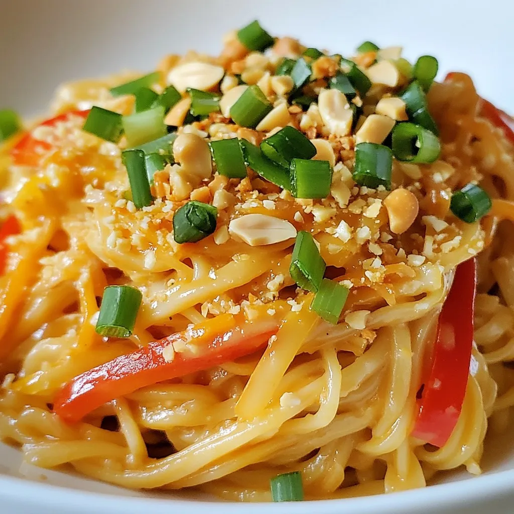 - 8 oz. rice noodles - 1 cup creamy peanut butter - 3 tablespoons soy sauce or tamari - Sriracha for spice level - Honey or maple syrup for sweetness - Fresh herbs and garnishes Rice noodles are the base of this dish. They are light and soak up flavors well. Creamy peanut butter brings richness and texture to the sauce. Soy sauce or tamari adds a salty umami kick. For those who like heat, add sriracha to your sauce. A drizzle will boost the spice level. Honey or maple syrup sweetens the dish and balances the heat. Fresh herbs like cilantro add bright flavor and color. Feel free to get creative with your toppings! Crushed peanuts give a nice crunch. Green onions add a fresh bite. The more you add, the more fun your dish will be! {{ingredient_image_2}} 1. Bring a large pot of water to a boil. 2. Once boiling, add 8 oz. of rice noodles. 3. Cook the noodles for about 4-5 minutes as per the package instructions. 4. Drain the noodles and rinse them under cold water. 5. Set the noodles aside in a large mixing bowl. 1. In a separate bowl, mix together 1 cup of creamy peanut butter, 3 tablespoons of soy sauce, and 2 tablespoons of toasted sesame oil. 2. Add in 2 tablespoons of honey or maple syrup, 2 tablespoons of sriracha, 1 tablespoon of finely grated ginger, and 2 minced garlic cloves. 3. Whisk the mixture until smooth and creamy. 4. If the sauce is too thick, slowly add warm water until it’s just right. 1. In the bowl with the cooled noodles, add 1 cup of shredded carrots and 1 julienned red bell pepper. 2. Toss the vegetables with the noodles to mix them well. 3. Drizzle the spicy peanut sauce over the noodle and veggie mix. 4. Use tongs or two forks to toss everything together, ensuring all is coated in the sauce. 5. Taste the dish and adjust the seasoning with more sriracha if you want it spicier. - Best practices for cooking rice noodles: Start with a big pot of boiling water. Add the rice noodles and cook them for about 4-5 minutes. Stir them gently to prevent sticking. Once done, drain and rinse them under cold water. This stops cooking and keeps them from getting mushy. - How to adjust sauce thickness: If your sauce is thick, add warm water a spoonful at a time. Mix well after each addition. This way, you can get the sauce just how you like it. - Plating for visual appeal: When serving, create a small mound of noodles on one side of the bowl. This makes the dish look more inviting. Let the colorful toppings flow over the noodles for a beautiful look. - Recommended garnishes for texture and flavor: Top your noodles with sliced green onions, chopped cilantro, and crushed peanuts. These add crunch and fresh taste. You can also try a sprinkle of sesame seeds for extra flair. Pro Tips Adjust the Heat: If you prefer a milder dish, start with less sriracha and add more to taste. You can also use a milder chili sauce as an alternative. Perfectly Cooked Noodles: To prevent the rice noodles from becoming mushy, be sure to rinse them under cold water right after draining; this stops the cooking process. Enhance the Flavor: Add a splash of lime juice or rice vinegar to the sauce for a tangy twist that brightens the dish. Meal Prep Friendly: This dish can be made ahead and stored in the fridge for up to 3 days. Just remember to toss it again with a bit of water to freshen it up before serving. {{image_4}} You can easily switch up your noodles for a gluten-free option. Try using rice noodles, which are a great substitute. If you want to change the nut flavor, use almond butter or sunflower seed butter instead of peanut butter. Both options work well in the spicy sauce. To make your meal heartier, add protein. Tofu is a great choice for a vegan dish. You can pan-fry it until golden and toss it in with your noodles. If you prefer meat, chicken or shrimp also make tasty additions. Just cook them separately before mixing them in. Boost the flavor of your dish by adding veggies. Snap peas or broccoli add crunch and color. You can also squeeze some lime juice on top to add brightness. The citrus flavor really lifts the dish and complements the richness of the peanut sauce. To store leftovers, let the spicy peanut noodles cool to room temperature. Then, place them in an airtight container. They can stay fresh in the fridge for up to three days. To keep the noodles from sticking, add a little extra sesame oil before storing. This simple trick helps maintain their texture. When reheating, avoid the microwave if you can. Instead, use a skillet for even heat. Heat the skillet over low heat and add a splash of water. Stir gently as the noodles warm up. This method helps keep the noodles from turning mushy. To refresh the sauce while reheating, add a little more peanut butter and soy sauce. This adds richness and keeps the flavors vibrant. If the sauce looks dry, a bit of warm water can help. Keep stirring until everything is hot and well combined. If you have a peanut allergy, try almond butter or sunflower seed butter. These options give a similar creamy texture. You can also use tahini for a different flavor. Each option will change the taste a bit, but they work well in this dish. Yes, you can prep this dish in advance. Cook the noodles and mix the sauce early in the day. Store them separately in the fridge. Keep the noodles in an airtight container. This way, they won’t stick together. When ready to serve, mix everything. The spice level depends on how much sriracha you add. Start with two tablespoons for a mild kick. If you like it hotter, add more sriracha bit by bit. Remember, you can always add more spice, but you can't take it away! This blog post covered how to make spicy peanut noodles from scratch. We explored key ingredients like rice noodles and creamy peanut butter. I shared step-by-step instructions to create a mouthwatering dish. We also discussed tips for cooking and serving, plus variations to fit your taste. In conclusion, this dish is flexible and fun to make. You can change ingredients or spice levels to suit your mood. Enjoy your cooking adventure, and share your delicious results with others!