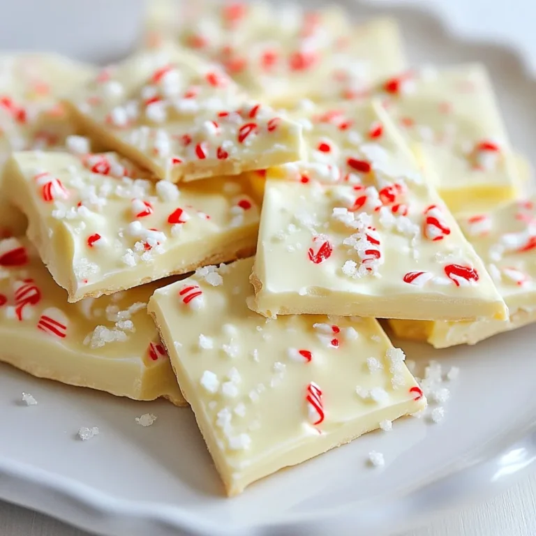 To make White Chocolate Peppermint Bark, you need a few simple ingredients. Here’s what you will need: - 2 cups white chocolate chips - 1 tablespoon coconut oil (or vegetable shortening) - 1/2 cup crushed peppermint candies (or candy canes) - 1/2 teaspoon peppermint extract (optional) - A pinch of sea salt These ingredients come together to create a sweet and minty treat. The white chocolate chips provide a creamy base. The coconut oil helps the chocolate melt smoothly. Crushed peppermint adds a delightful crunch and flavor. You can enhance the taste with peppermint extract, but it’s not a must. Lastly, a pinch of sea salt balances the sweetness perfectly. This recipe is not only delicious but also easy to make. You can find all these ingredients in any grocery store. If you want to make it even more special, you can choose high-quality chocolate and fresh peppermint candies. Enjoy the process of creating this festive delight! {{ingredient_image_2}} - Line a 9x9 inch baking pan with parchment paper. - Leave overhang for easy removal. This step is key. The parchment paper helps you lift the bark out easily. Make sure the paper hangs over the edges a bit. This will save you from wrestling with the bark later. - Combine white chocolate chips and coconut oil in a microwave-safe bowl. - Microwave in intervals until smooth. Start by adding the white chocolate chips and coconut oil together. The oil makes the chocolate creamy. Microwave in 30-second bursts. After each burst, stir well. This helps the chocolate melt evenly. It usually takes about 1 to 1.5 minutes. - Pour melted chocolate into the pan and spread evenly. - Sprinkle crushed peppermint candies and add a pinch of sea salt. Once the chocolate is smooth, pour it into the lined pan. Use a spatula to spread it out evenly. Next, while it’s still warm, sprinkle the crushed peppermint candies on top. Press them down gently so they stick well. A pinch of sea salt adds a nice touch. It makes the sweet flavors pop. - Refrigerate until firm, about 1-2 hours. - Lift out of the pan using parchment overhang and break into pieces. Now, it’s time to chill! Place the pan in the fridge for about 1 to 2 hours. This sets the bark perfectly. Once it’s firm, lift the bark out using the parchment paper. Breaking it into pieces can be fun! You can make them big or small, just how you like. To get smooth white chocolate, you must stir it often while melting. This keeps it from burning. If your microwave is 1000 watts, heat the chocolate for 30 seconds. Then stir. Repeat this until it is fully melted. For lower wattages, you may need to add a few extra seconds. Always keep an eye on it to prevent overheating. To make the bark even tastier, add peppermint extract. This gives it a richer flavor. Use only half a teaspoon for best results. Also, choose high-quality white chocolate chips. Good chocolate melts better and tastes great. Display your peppermint bark on a festive platter. This makes it look special for the holidays. You can sprinkle whole peppermint candies around the edges for extra charm. If you want to gift it, wrap pieces in clear cellophane. Tie them with a colorful ribbon to make them pop. Pro Tips Use High-Quality Chocolate: The better the chocolate, the better the bark will taste. Look for a brand with good cocoa butter content for a smooth melt. Chill the Bark Quickly: To achieve a clean break when cutting or breaking the bark, chill it in the refrigerator rather than at room temperature. Experiment with Flavors: Feel free to customize your bark by adding nuts, dried fruits, or different extracts to match your taste preferences. Store Properly: Keep the bark in an airtight container at room temperature or in the refrigerator to maintain its freshness and prevent melting. {{image_4}} You can spice up your white chocolate peppermint bark easily. Consider adding nuts like almonds or walnuts. They add a nice crunch. Dried fruit like cranberries or cherries also works well. These add a sweet and chewy texture. You can even try flavored extracts. Almond or orange extracts can give a fun twist to the taste. While white chocolate is classic, you can switch it up. Dark chocolate or milk chocolate can create rich flavors. Each type brings its own unique taste. For a fun look, swirl in colored chocolate melts. This creates a beautiful marbled effect. It’s a great way to impress your guests. Think outside the box when it comes to seasonal themes. You can add seasonal candies like caramel or toffee bits. This adds a festive touch. You can also adapt your bark for different holidays. Use sprinkles for birthdays or red and green colors for Christmas. This makes your bark a treat for any occasion. To keep your white chocolate peppermint bark fresh, store it in a cool place. Wrap each piece in plastic wrap or wax paper. This helps keep it from drying out. Place the wrapped pieces in an airtight container. A glass jar or a plastic food container works well. Make sure the container is clean and dry before adding the bark. Your peppermint bark will last about two weeks in the fridge. If you keep it in a cool, dry spot, it may last a bit longer. Look for signs of spoilage, like a change in texture or a white film on the surface. If it smells off or tastes stale, it’s best to toss it. Enjoy your festive treat! Yes, you can! Dark or milk chocolate works well too. Each type gives a unique taste. Dark chocolate has a rich flavor, while milk chocolate adds creaminess. Try mixing different chocolates for a fun twist. Just remember, the melting times may vary. Always melt carefully to avoid burning. Not really, but it adds great flavor! If you want a stronger mint taste, use it. If you skip it, your bark will still taste good. The crushed peppermint candies on top will still give a nice minty crunch. Experiment to see what you like best! Yes, you can freeze it! Cut the bark into pieces before freezing. Place it in an airtight container. It will stay fresh for about two months. To thaw, just leave it at room temperature. Avoid using the microwave, as it can change the texture. Crushing peppermint candies is easy! You can place them in a zip-lock bag and use a rolling pin. Or, use a food processor for finer pieces. If you like big chunks, just smash them lightly. Always cover them to keep the mess contained! You now have all the details to create delicious white chocolate peppermint bark. Begin by measuring your ingredients, melting chocolate, and assembling everything in a pan. Don’t forget to refrigerate it until firm. Remember, you can experiment with flavors and storage to make this treat even better! Enjoy your sweet snack or give it as a gift. With a few simple steps, you’ll impress friends and family with your tasty creation!