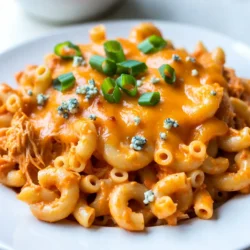 - 8 ounces elbow macaroni - 1 cup cooked, shredded chicken - 1 cup buffalo sauce (store-bought or homemade) - 2 cups sharp cheddar cheese, shredded - 1 cup cream cheese, softened to room temperature - 1 teaspoon garlic powder - &frac12; cup blue cheese crumbles (optional, for added flavor) - &frac14; cup green onions, thinly sliced (for garnish) - 1 tablespoon olive oil (for cooking) Buffalo Chicken Mac and Cheese is packed with flavors. The elbow macaroni gives the dish a nice bite. Combine it with cooked, shredded chicken for that hearty protein. You can use store-bought buffalo sauce or make your own. Both options work well. For the cheese lovers, sharp cheddar cheese is a must. It melts beautifully, creating a rich sauce. Cream cheese adds creaminess and depth. Garlic powder brings a warm flavor that ties everything together. You can amp up the taste with optional add-ins. Blue cheese crumbles add a tangy kick. Green onions on top not only look great but also give a fresh crunch. A bit of olive oil helps to cook the chicken nicely and adds flavor. {{ingredient_image_2}} - First, bring a large pot of salted water to a boil. - Add 8 ounces of elbow macaroni to the pot. - Cook until the pasta is al dente, following package instructions. - Once done, drain the macaroni and set it aside. - In a large skillet, heat 1 tablespoon of olive oil over medium heat. - Add 1 cup of shredded chicken to the skillet. - Pour in 1 cup of buffalo sauce and stir well. - Cook for about 3-4 minutes to blend the flavors. - In a separate saucepan, reduce the heat to low. - Add 1 cup of softened cream cheese to the pan. - Mix in 1 teaspoon of garlic powder, 1 teaspoon of onion powder, and &frac12; teaspoon of smoked paprika. - Gradually stir in 1 cup of sharp cheddar cheese until melted and smooth. - Once the cheese sauce is creamy, add the cooked macaroni and chicken mixture. - Gently fold all ingredients together until well-coated. - Taste and season with salt and black pepper as needed. - Preheat your oven to 350&deg;F (175&deg;C). - Transfer the pasta mixture into a greased baking dish. - Spread it evenly and top with the remaining cup of cheddar cheese. - If you like, sprinkle blue cheese crumbles on top. - Bake the dish for 15-20 minutes until the cheese is bubbly and golden brown. - Carefully take it out of the oven and let it cool for a few minutes. - Before serving, sprinkle with freshly sliced green onions for added flavor. To make a creamy cheese sauce, start with softened cream cheese. This helps it blend smoothly. Heat it on low to avoid burning. Stir in the spices next. Add garlic powder, onion powder, and smoked paprika. These flavors boost the sauce. Gradually mix in sharp cheddar cheese. Keep stirring until it melts. This creates a rich, creamy texture. To avoid clumping, do not rush the melting process. If your sauce looks lumpy, lower the heat. Stir continuously. A little patience goes a long way. If it gets too thick, add a splash of milk. This will help regain that smooth finish. For a flavor boost, adjust the spices. You can add more garlic powder for extra depth. If you like heat, sprinkle in some cayenne pepper. The balance of flavors is key in this dish. Consider adding toppings like blue cheese crumbles for a tangy kick. Chopped green onions add freshness too. Try adding crispy bacon bits for crunch. These toppings make the dish even better. You can prepare this dish in advance. Cook the pasta and make the chicken mixture earlier in the day. Store them in the fridge. When ready to bake, combine everything. Pour it into a greased baking dish, then top with cheese. For reheating, bake it at 350&deg;F (175&deg;C). This ensures even warming. Cover with foil to keep moisture in. Remove the foil in the last five minutes for a golden top. Enjoy your Buffalo Chicken Mac and Cheese, fresh from the oven! Pro Tips Use Leftover Chicken: This recipe is a fantastic way to use up leftover rotisserie chicken or any cooked chicken you have on hand, saving time and reducing waste. Adjust the Heat: If you love spice, feel free to add extra buffalo sauce or even some diced jalape&ntilde;os to the chicken mixture for an extra kick. Cheese Variations: Experiment with different types of cheese like pepper jack or mozzarella for a unique twist on the classic flavor. Make Ahead: You can prepare this dish in advance and store it in the refrigerator. Just bake it right before serving for a quick meal. {{image_4}} You can make a tasty vegetarian version of Buffalo Chicken Mac and Cheese. First, substitute the shredded chicken with mixed veggies. Good choices include bell peppers, zucchini, and mushrooms. These veggies add great flavors and textures. When adjusting the sauce, keep the buffalo sauce but add a bit more cream cheese. This change gives a rich taste and helps bind everything together. You can also add some black beans for protein. This way, you keep the dish filling and satisfying. If you want to change the protein, you have options. You can use ground turkey instead of chicken. Ground turkey adds a lean taste that works well with buffalo sauce. Another choice is beef. Ground beef adds a hearty flavor. Just remember to drain the fat after cooking. If you&rsquo;re feeling adventurous, try seafood. Shrimp or crab can be fun alternatives. These options bring a fresh twist to the classic dish. Buffalo Chicken Mac and Cheese can be mild or spicy, based on your taste. If you prefer it milder, use less buffalo sauce. You can also mix in some sour cream to tone down the heat. This makes the dish creamy and smooth. For those who love spice, consider using a hotter buffalo sauce. You can also add chopped jalape&ntilde;os or a dash of cayenne pepper. These ingredients will give your dish a nice kick. My tip is to taste as you go, so you find the right balance for you. Store leftover Buffalo Chicken Mac and Cheese in an airtight container. This keeps it fresh. You can keep it in the fridge for up to four days. Label the container with the date to track freshness. To freeze Buffalo Chicken Mac and Cheese, first let it cool completely. Then, transfer it to a freezer-safe container. Make sure to leave some space at the top. This allows for expansion when it freezes. It can stay frozen for up to three months. When you're ready to eat, simply thaw it overnight in the fridge. Reheat in the oven at 350&deg;F until hot. You can also use the microwave for quick reheating, but the oven gives better texture. Check for spoilage by looking for off smells or mold. If it smells sour or looks strange, toss it out. To keep the flavor and texture, reheat gently. Avoid overheating, as this can dry it out. Add a splash of milk or cream when reheating to revive the creaminess. It takes about 45 minutes to make this dish. You spend 15 minutes prepping. Cooking the pasta and mixing everything takes about 30 minutes. Yes, you can use other pasta types. Shells, penne, or rotini work well. Just make sure to adjust the cooking time based on the pasta you choose. This dish pairs great with simple sides. Try a fresh garden salad or some crispy celery sticks. You can also serve it with garlic bread for a tasty combo. Absolutely! Use dairy-free cheese and cream cheese. You can replace the butter with olive oil. This way, you keep the creamy texture without dairy. The spice level depends on the buffalo sauce you use. Store-bought sauces can vary. If you like it milder, use less sauce. For more heat, add extra sauce or hot sauce. Buffalo Chicken Mac and Cheese is a tasty dish packed with flavor. We explored its main ingredients like elbow macaroni, shredded chicken, and buffalo sauce. The cheese sauce blends sharp cheddar with cream cheese and spices. You can add blue cheese, green onions, or swap in different proteins. Remember to store any leftovers in proper containers. With these tips, you can enjoy this dish any day. Give it a try, and enjoy the flavor!