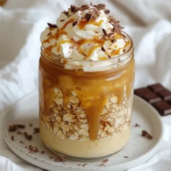 To make Caramel Macchiato Overnight Oats, gather these main ingredients: - 1 cup rolled oats - 1 &frac12; cups almond milk (or your preferred milk) - 2 tablespoons maple syrup - 1 tablespoon vanilla extract - 1 tablespoon instant coffee or espresso powder - 2 tablespoons caramel sauce (plus extra for drizzling on top) - Pinch of salt These ingredients form the base of your oats, offering a rich coffee flavor and a sweet touch. The rolled oats soak up the milk and flavors overnight, making them soft and tasty. For a creamier texture and extra flair, consider these optional ingredients: - 2 tablespoons Greek yogurt (optional, for added creaminess) - Whipped cream (optional, for topping) - Chocolate shavings or cocoa powder (optional, for garnish) Adding Greek yogurt makes your oats even creamier. Topping with whipped cream and chocolate shavings turns your dish into a dessert-like treat. If you have dietary needs, here are some substitutes: - Use oat milk or coconut milk instead of almond milk for a nut-free option. - For a vegan choice, swap Greek yogurt with a dairy-free yogurt. - Replace maple syrup with agave syrup or honey if you prefer. These substitutes help you enjoy the recipe while fitting your diet. Adjust the ingredients to make it your own! {{ingredient_image_2}} Start by gathering your ingredients. You need rolled oats, almond milk, maple syrup, and more. In a medium bowl, combine 1 cup of rolled oats with 1 &frac12; cups of almond milk. Add 2 tablespoons of maple syrup and 1 tablespoon of vanilla extract. Then, mix in 1 tablespoon of instant coffee or espresso powder. Add 2 tablespoons of caramel sauce and a pinch of salt. Stir everything well until blended. If you want creaminess, add 2 tablespoons of Greek yogurt. Once mixed, grab two airtight jars. Divide the oat mixture evenly between the jars. Seal the lids tightly to keep the oats fresh. Now, place the jars in your refrigerator. Let them chill overnight, or for at least 4 hours. This soaking time helps the oats absorb the liquid, making them soft and tasty. In the morning, take out the jars. Stir the oats to combine everything. If they are too thick, add a splash of almond milk to loosen them up. Drizzle extra caramel sauce on top for sweetness. For a fun touch, add whipped cream, chocolate shavings, or cocoa powder. Serve your Caramel Macchiato Overnight Oats chilled and enjoy the delicious flavors! To get the best texture, use rolled oats. They soak up liquid well. Mix the oats with almond milk and let them sit overnight. This helps them soften. If the oats seem too thick in the morning, add a splash of almond milk. Stir until you reach the creaminess you enjoy. You can change the taste in fun ways. Try adding more coffee for a stronger kick. If you want a sweeter taste, put in extra maple syrup or caramel sauce. For a twist, add spices like cinnamon or nutmeg. You can also swap almond milk for another milk you prefer. These oats are great for meal prep. Make a batch on Sunday, and you have breakfast ready all week. Just store them in jars in the fridge. You can also double the recipe if you want more servings. This way, you always have a tasty breakfast on hand! Pro Tips Use Fresh Ingredients: Always opt for fresh rolled oats and high-quality coffee or espresso powder for the best flavor. Customize Your Sweetness: Adjust the amount of maple syrup based on your sweetness preference or substitute with a sugar alternative. Make Ahead for Meal Prep: This recipe is perfect for meal prep; you can make multiple jars at once for a quick breakfast all week long. Experiment with Toppings: Try different toppings like nuts, fruits, or seeds to add variety and nutrition to your overnight oats. {{image_4}} To make your Caramel Macchiato Overnight Oats vegan, simply swap the milk. Use almond milk, coconut milk, or oat milk. These options give a creamy texture without dairy. You can also replace Greek yogurt with a plant-based yogurt. This keeps it rich and smooth while staying vegan-friendly. Want to mix things up? Try adding different flavors. For a hazelnut twist, use hazelnut coffee or syrup. If you love chocolate, add cocoa powder for a mocha version. You can even blend in some nutmeg or cinnamon for warmth. These changes keep your oats exciting and fun. If you have nut allergies, there are easy swaps. Choose oat milk instead of almond milk. Use sunflower seed butter in place of nut butter. You can also skip the nuts in the toppings. These swaps ensure everyone can enjoy the dish without worry. To keep your Caramel Macchiato Overnight Oats fresh, use airtight jars. Glass or BPA-free plastic jars work well. Always seal the lid tightly. This keeps air out and prevents sogginess. Store your jars in the refrigerator. They should sit in a cool spot away from light. These oats last about 3 to 5 days in the fridge. After 5 days, check for signs of spoilage. Look for weird smells or changes in texture. If anything seems off, it&rsquo;s best to toss them. Always trust your senses when it comes to food safety. While overnight oats are tasty cold, you can heat them if you prefer. To reheat, transfer the oats to a microwave-safe bowl. Heat them for about 30 seconds to 1 minute. Stir halfway through to ensure even heating. If the oats are too thick, add a splash of almond milk. This will help bring back the creamy texture. You can store Caramel Macchiato Overnight Oats for up to five days in the fridge. Make sure to keep them in airtight containers. This way, they stay fresh and tasty all week long. If you notice any off smells or changes in texture, it is best to toss them. Yes, you can use instant oats. They will soak up the liquid faster. However, the texture will be creamier and less chewy. If you like a firmer bite, stick with rolled oats. Rolled oats give a great balance of flavor and texture in your overnight oats. You can use honey, agave nectar, or brown sugar instead of maple syrup. Each sweetener adds a unique flavor. Honey offers a floral note, while agave is milder. Brown sugar brings a touch of caramel flavor, complementing the oats nicely. Choose what suits your taste best! Caramel macchiato overnight oats are simple and fun to make. We covered key ingredients, like oats and toppings, and explored ways to customize flavors. You learned storage tips to keep your oats fresh and tasty. In the end, these oats are a great breakfast choice. They fit into many diets and are easy to prep. Enjoy experimenting with new flavors and find what you love!