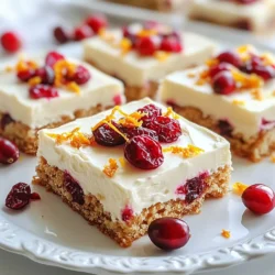 - 1 cup all-purpose flour - 1/2 teaspoon salt - 1 teaspoon baking powder - 1/2 cup unsalted butter, softened - 1 cup packed brown sugar - 1 large egg - 1 teaspoon pure vanilla extract - 2 tablespoons freshly grated orange zest - 1/2 cup dried cranberries, finely chopped - 1/2 cup white chocolate chips - 4 ounces cream cheese, softened - 1 cup powdered sugar - 1 tablespoon milk - Extra dried cranberries for garnish - Extra orange zest for garnish For perfect results, measure each ingredient with care. Use a dry measuring cup for flour and sugar. For butter, use a scale if possible. One cup of flour weighs about 120 grams. Brown sugar should be packed well into the cup. The egg should be large, and the orange zest should be fresh for best flavor. Cream cheese must be softened for easy mixing. If you need alternatives, here are some options: - Use gluten-free flour if you need a gluten-free version. - Swap unsalted butter for coconut oil for a dairy-free choice. - For a vegan option, use a flax egg instead of a large egg. - You can replace white chocolate chips with dairy-free chips or nuts if desired. These swaps help make the bars fit your needs while keeping them tasty! {{ingredient_image_2}} First, preheat your oven to 350&deg;F (175&deg;C). Take an 8x8-inch baking pan and grease it well. Next, line the pan with parchment paper. Let the paper hang over the edges. This step ensures easy removal of the bars later. In a small bowl, whisk together the all-purpose flour, baking powder, and salt. Mix well until combined. Set this bowl aside for later. This mix adds structure to our bars. In a large mixing bowl, use a hand mixer to beat the softened butter and packed brown sugar. Mix until it gets light and fluffy. Then, add in one large egg and the pure vanilla extract. Beat these until they blend smoothly. Gradually add the dry flour mixture to the butter mixture. Stir gently until just combined; over-mixing can make the bars tough. Carefully fold in the freshly grated orange zest, chopped dried cranberries, and white chocolate chips. Make sure they spread evenly in the batter. Pour the thick batter into the prepared baking pan. Spread it evenly across the pan. Bake for 20-25 minutes. Look for golden edges and use a toothpick to check doneness. If it comes out clean, the bars are ready. Let them cool in the pan for 10 minutes before moving them to a wire rack. While the bars cool, you can make the cream cheese frosting. In a medium bowl, beat the softened cream cheese with powdered sugar and one tablespoon of milk. Use the hand mixer until the mix is smooth and creamy. Make sure there are no lumps. Once the bars cool completely, spread the frosting evenly over the top. To get the best texture, avoid over-mixing the batter. Over-mixing can make your bars tough, which is not what we want. Mix just until the flour blends in. This keeps the bars light and soft. After baking, let the bars cool for at least 10 minutes in the pan. This step helps them set properly. Check for doneness by inserting a toothpick into the center. If it comes out clean, your bars are ready. Make sure your oven is at the right temperature, too. An oven thermometer can ensure accuracy. Even a few degrees can change how your bars bake. For a beautiful finish, spread the cream cheese frosting evenly on top. Then, add extra dried cranberries and fresh orange zest for color. You can cut the bars into squares or rectangles for easy serving. Place them on a nice platter to impress your guests! Pro Tips Use Room Temperature Ingredients: Ensure that your butter and cream cheese are at room temperature for easier mixing and a smoother frosting. Don&rsquo;t Overmix the Batter: Gently fold in the dry ingredients to maintain the light, fluffy texture of the bars. Overmixing can lead to dense bars. Cool Completely Before Frosting: Let the bars cool completely before adding the cream cheese frosting to prevent it from melting and sliding off. Experiment with Flavors: Feel free to add nuts, or swap cranberries for other dried fruits like cherries or apricots for a unique twist on the flavor profile. {{image_4}} You can change the fruits in this recipe. Instead of cranberries, try blueberries or raspberries. These fruits add a new taste. They also bring a nice color to your bars. Mix and match to find your favorite. This keeps the recipe fun and fresh! If you need vegan bars, swap the egg for applesauce or a flax egg. Use plant-based butter for the creamy texture. For gluten-free options, choose a gluten-free flour blend. These swaps make the bars fit your diet while keeping them tasty. Want to boost the flavor? Add nuts like walnuts or pecans. They give a nice crunch. You can also mix in spices like cinnamon or nutmeg. These spices add warmth and depth to the bars. Get creative and make this recipe your own! To keep your Cranberry Bliss Bars fresh, I suggest storing them in an airtight container. Layer parchment paper between the bars to prevent sticking. Place the container in a cool, dry place. If you want extra freshness, refrigerate them. Just remember to let them come to room temperature before serving. This way, they taste just as good as when you first made them. You can freeze Cranberry Bliss Bars for later enjoyment. First, let the bars cool completely. Then, wrap each bar tightly in plastic wrap. Place them in a freezer-safe bag or container. This keeps them fresh for about three months. When you want to enjoy them, simply thaw in the fridge overnight. If you&rsquo;re in a hurry, you can thaw them at room temperature for a couple of hours. Cranberry Bliss Bars can last up to one week at room temperature. If stored in the fridge, they can stay fresh for two weeks. Always check for any signs of spoilage before eating. If you notice any changes in smell or texture, it&rsquo;s best to toss them. Enjoy your bars while they are at their best! Cranberry Bliss Bars are sweet, soft dessert bars. They have a rich taste from brown sugar and butter. The bars mix dried cranberries with white chocolate for a joyful bite. They often feature a creamy cream cheese frosting on top. This treat comes from coffee shops, becoming a popular holiday favorite. Yes, you can make these bars ahead of time. Bake the bars and let them cool completely. After cooling, cut them into squares. Store them in an airtight container. They stay fresh for up to five days at room temperature. You can also freeze them for up to three months. Just wrap each square in plastic wrap and then foil. Thaw in the fridge before serving. Look for a golden brown edge to know your bars are done. Insert a toothpick in the center. If it comes out clean, your bars are ready. They should feel firm but springy to the touch. Avoid over-baking to keep them soft and chewy. Cranberry Bliss Bars pair well with warm drinks. Try serving them with hot cocoa or coffee. A dollop of whipped cream adds a nice touch. You can also enjoy them with a scoop of vanilla ice cream for a festive dessert. Cranberry Bliss Bars are a delightful treat made with simple ingredients like flour and butter. We covered how to prepare the batter, bake it, and make cream cheese frosting. You can customize these bars with various fruits or dietary adjustments. Remember to store them correctly to keep them fresh. Enjoy making these tasty bars for yourself or to share. They are sure to impress anyone who tries them!