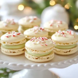 To make these delightful White Chocolate Peppermint Macarons, gather the following ingredients: - 1 cup almond flour - 1 &frac34; cups powdered sugar - 3 large egg whites, at room temperature - 1/4 cup granulated sugar - 1/4 teaspoon cream of tartar - 1 teaspoon peppermint extract - A few drops of green food coloring (optional) - 4 oz. white chocolate, finely chopped - 1/2 cup heavy cream - Crushed peppermint candies for garnish If you need to make swaps, here are some options: - Almond flour can be replaced with hazelnut flour for a nutty twist. - Use coconut sugar instead of granulated sugar for a richer flavor. - Instead of peppermint extract, try vanilla extract for a different taste. - Dark chocolate can stand in for white chocolate if you prefer a bolder flavor. Almond flour gives macarons a unique taste and texture. It&rsquo;s finer than regular flour. This helps create a smooth macaron shell. Make sure to sift it to remove lumps. Powdered sugar should be extra fine. It blends well and helps create a soft filling. Regular granulated sugar can be used, but it may not dissolve as easily in the egg whites. Choosing the right sugars and flours is key to making successful macarons. Each ingredient plays a role in flavor and texture. Using high-quality ingredients will enhance your macarons. {{ingredient_image_2}} To start, gather your almond flour and powdered sugar. Place them in a food processor. Pulse this mix a few times until it's smooth. Then, sift the mixture through a fine mesh sieve into a large bowl. This step helps remove any lumps. It is key for smooth shells. Next, take three egg whites at room temperature. In a clean bowl, beat them with an electric mixer on medium speed. When they look frothy, add 1/4 teaspoon of cream of tartar. Gradually mix in 1/4 cup of granulated sugar, one spoon at a time. Continue beating until stiff peaks form. This means they hold their shape well. Gently mix in 1 teaspoon of peppermint extract and a few drops of green food coloring if you want. Now, it's time to combine the mixtures. Use a rubber spatula to fold the almond flour mix into the egg whites. Be gentle to keep the air in the mixture. Stop when it looks smooth, like flowing lava. Fit a piping bag with a round tip and fill it with the batter. Line a baking sheet with parchment paper. Pipe 1.5-inch circles on the sheet, leaving space between each. Let them rest for 30-45 minutes. This helps them form a dry skin. Preheat your oven to 300&deg;F (150&deg;C). Bake the macarons for 15-20 minutes. Rotate the baking sheet halfway through. They should be crisp outside and soft inside. Let them cool completely before moving. Enjoy the process! Making macarons can be tricky. Here are some common mistakes to watch out for: - Not sifting the dry ingredients: This can cause lumps. Always sift for a smooth batter. - Overmixing the batter: Mix gently and stop when the batter flows smoothly. - Skipping the resting step: Skipping this makes macarons crack. Let them rest to form a skin. - Incorrect oven temperature: Use an oven thermometer. Too hot can burn, too cool can underbake. Ageing egg whites is key. Fresh egg whites can be too moist. Here&rsquo;s why you should age them: - Better volume: Older egg whites whip up fluffier, which helps your macarons rise. - Stability: They hold their shape better, making for a sturdy shell. - Flavor: Aging also helps mellow the taste. Just separate the egg whites and let them sit at room temp for at least 24 hours. Texture is everything in macarons. You want a crisp shell and a chewy center. Here&rsquo;s how to nail it: - Proper folding: Fold the batter gently until it flows like lava. - Baking time: Bake until the outside is firm but the inside is soft. - Cooling: Let them cool completely. This helps set the shell and keeps it from sticking. - Filling: Use white chocolate ganache for a creamy inside that pairs well with the shell. With these tips, you'll create perfect white chocolate peppermint macarons every time! Pro Tips Don&rsquo;t Skip the Resting Time: Allowing the piped macarons to rest before baking forms a protective skin, which is essential for achieving that characteristic macaron "foot." Check Your Oven Temperature: Every oven can vary, so use an oven thermometer to ensure your macaron shells are baked at the correct temperature for perfect results. Use a Kitchen Scale: For the best accuracy, measure your ingredients by weight rather than volume, especially when it comes to almond flour and powdered sugar. Experiment with Flavors: While peppermint is festive, feel free to try other extracts like vanilla or almond for a different twist on these delightful treats! {{image_4}} You can change the flavor of these macarons easily. For chocolate, add cocoa powder to the almond flour. Use about 2 tablespoons for a rich taste. To make vanilla macarons, just swap the peppermint extract for vanilla extract. For a fruity twist, add raspberry puree. This gives a sweet and tart note. Each flavor offers a new way to enjoy these treats. Decorating your macarons is fun and easy. You can use colorful sprinkles for a festive look. Just sprinkle them on the ganache before it sets. If you like drizzles, melt some additional white chocolate. Use a fork to drizzle it over the top. This adds a lovely touch and makes them eye-catching. Try different fillings for your macarons. A cream cheese filling adds a tangy flavor that balances the sweetness. Mix softened cream cheese with powdered sugar and peppermint extract. For another option, use flavored ganaches. You can make them with dark chocolate, milk chocolate, or even fruit flavors. Each filling brings a unique taste to the macarons. To keep your macarons fresh, store them in an airtight container. Place parchment paper between layers to prevent sticking. Store them in the fridge for up to a week. If you want to enjoy them later, freezing is a great option. For long-term storage, freeze your macarons. First, let them cool completely. Then, place them in a single layer on a baking sheet. Freeze for one hour before transferring them to a freezer bag. This way, they won&rsquo;t stick together. They can last up to three months in the freezer. When you&rsquo;re ready to enjoy your frozen macarons, take them out of the freezer. Place them in the fridge for a few hours. This allows them to thaw slowly and keep their texture. After thawing, let them sit at room temperature for about 30 minutes before eating. This will help restore their delightful taste. You can tell if macarons are undercooked by checking their feet. The feet should be smooth and not sticky. If the macarons feel soft and wobble when touched, they need more time. Look for a shiny shell that is firm to the touch. If they crack easily, they are likely undercooked. Always trust your oven's temperature. Ovens can vary, so adjust baking time as needed. Yes, you can make these macarons gluten-free. The main ingredient, almond flour, is naturally gluten-free. Just ensure that your powdered sugar is also gluten-free. Read labels to avoid any hidden gluten sources. This makes the recipe perfect for gluten-sensitive friends or family. Leftover egg yolks are a great ingredient. You can use them to make rich custards or creamy sauces. They can also enhance your baking. Add yolks to cookie dough for a soft texture. You can even make homemade mayonnaise or aioli. Store yolks in the fridge for 2-3 days or freeze them for later use. Just remember to cover them with water or oil before freezing. In this blog post, we covered key ingredients for white chocolate peppermint macarons and how to make them step-by-step. I shared tips to help you avoid common mistakes and achieve the perfect texture. We explored fun flavor variations and ways to decorate your treats. Lastly, I gave storage tips to keep your macarons fresh. Take these insights and enjoy making delicious macarons at home. Happy baking!
