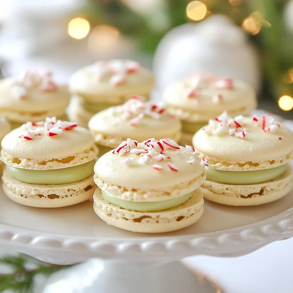 To make these delightful White Chocolate Peppermint Macarons, gather the following ingredients: - 1 cup almond flour - 1 ¾ cups powdered sugar - 3 large egg whites, at room temperature - 1/4 cup granulated sugar - 1/4 teaspoon cream of tartar - 1 teaspoon peppermint extract - A few drops of green food coloring (optional) - 4 oz. white chocolate, finely chopped - 1/2 cup heavy cream - Crushed peppermint candies for garnish If you need to make swaps, here are some options: - Almond flour can be replaced with hazelnut flour for a nutty twist. - Use coconut sugar instead of granulated sugar for a richer flavor. - Instead of peppermint extract, try vanilla extract for a different taste. - Dark chocolate can stand in for white chocolate if you prefer a bolder flavor. Almond flour gives macarons a unique taste and texture. It’s finer than regular flour. This helps create a smooth macaron shell. Make sure to sift it to remove lumps. Powdered sugar should be extra fine. It blends well and helps create a soft filling. Regular granulated sugar can be used, but it may not dissolve as easily in the egg whites. Choosing the right sugars and flours is key to making successful macarons. Each ingredient plays a role in flavor and texture. Using high-quality ingredients will enhance your macarons. {{ingredient_image_2}} To start, gather your almond flour and powdered sugar. Place them in a food processor. Pulse this mix a few times until it's smooth. Then, sift the mixture through a fine mesh sieve into a large bowl. This step helps remove any lumps. It is key for smooth shells. Next, take three egg whites at room temperature. In a clean bowl, beat them with an electric mixer on medium speed. When they look frothy, add 1/4 teaspoon of cream of tartar. Gradually mix in 1/4 cup of granulated sugar, one spoon at a time. Continue beating until stiff peaks form. This means they hold their shape well. Gently mix in 1 teaspoon of peppermint extract and a few drops of green food coloring if you want. Now, it's time to combine the mixtures. Use a rubber spatula to fold the almond flour mix into the egg whites. Be gentle to keep the air in the mixture. Stop when it looks smooth, like flowing lava. Fit a piping bag with a round tip and fill it with the batter. Line a baking sheet with parchment paper. Pipe 1.5-inch circles on the sheet, leaving space between each. Let them rest for 30-45 minutes. This helps them form a dry skin. Preheat your oven to 300°F (150°C). Bake the macarons for 15-20 minutes. Rotate the baking sheet halfway through. They should be crisp outside and soft inside. Let them cool completely before moving. Enjoy the process! Making macarons can be tricky. Here are some common mistakes to watch out for: - Not sifting the dry ingredients: This can cause lumps. Always sift for a smooth batter. - Overmixing the batter: Mix gently and stop when the batter flows smoothly. - Skipping the resting step: Skipping this makes macarons crack. Let them rest to form a skin. - Incorrect oven temperature: Use an oven thermometer. Too hot can burn, too cool can underbake. Ageing egg whites is key. Fresh egg whites can be too moist. Here’s why you should age them: - Better volume: Older egg whites whip up fluffier, which helps your macarons rise. - Stability: They hold their shape better, making for a sturdy shell. - Flavor: Aging also helps mellow the taste. Just separate the egg whites and let them sit at room temp for at least 24 hours. Texture is everything in macarons. You want a crisp shell and a chewy center. Here’s how to nail it: - Proper folding: Fold the batter gently until it flows like lava. - Baking time: Bake until the outside is firm but the inside is soft. - Cooling: Let them cool completely. This helps set the shell and keeps it from sticking. - Filling: Use white chocolate ganache for a creamy inside that pairs well with the shell. With these tips, you'll create perfect white chocolate peppermint macarons every time! Pro Tips Don’t Skip the Resting Time: Allowing the piped macarons to rest before baking forms a protective skin, which is essential for achieving that characteristic macaron "foot." Check Your Oven Temperature: Every oven can vary, so use an oven thermometer to ensure your macaron shells are baked at the correct temperature for perfect results. Use a Kitchen Scale: For the best accuracy, measure your ingredients by weight rather than volume, especially when it comes to almond flour and powdered sugar. Experiment with Flavors: While peppermint is festive, feel free to try other extracts like vanilla or almond for a different twist on these delightful treats! {{image_4}} You can change the flavor of these macarons easily. For chocolate, add cocoa powder to the almond flour. Use about 2 tablespoons for a rich taste. To make vanilla macarons, just swap the peppermint extract for vanilla extract. For a fruity twist, add raspberry puree. This gives a sweet and tart note. Each flavor offers a new way to enjoy these treats. Decorating your macarons is fun and easy. You can use colorful sprinkles for a festive look. Just sprinkle them on the ganache before it sets. If you like drizzles, melt some additional white chocolate. Use a fork to drizzle it over the top. This adds a lovely touch and makes them eye-catching. Try different fillings for your macarons. A cream cheese filling adds a tangy flavor that balances the sweetness. Mix softened cream cheese with powdered sugar and peppermint extract. For another option, use flavored ganaches. You can make them with dark chocolate, milk chocolate, or even fruit flavors. Each filling brings a unique taste to the macarons. To keep your macarons fresh, store them in an airtight container. Place parchment paper between layers to prevent sticking. Store them in the fridge for up to a week. If you want to enjoy them later, freezing is a great option. For long-term storage, freeze your macarons. First, let them cool completely. Then, place them in a single layer on a baking sheet. Freeze for one hour before transferring them to a freezer bag. This way, they won’t stick together. They can last up to three months in the freezer. When you’re ready to enjoy your frozen macarons, take them out of the freezer. Place them in the fridge for a few hours. This allows them to thaw slowly and keep their texture. After thawing, let them sit at room temperature for about 30 minutes before eating. This will help restore their delightful taste. You can tell if macarons are undercooked by checking their feet. The feet should be smooth and not sticky. If the macarons feel soft and wobble when touched, they need more time. Look for a shiny shell that is firm to the touch. If they crack easily, they are likely undercooked. Always trust your oven's temperature. Ovens can vary, so adjust baking time as needed. Yes, you can make these macarons gluten-free. The main ingredient, almond flour, is naturally gluten-free. Just ensure that your powdered sugar is also gluten-free. Read labels to avoid any hidden gluten sources. This makes the recipe perfect for gluten-sensitive friends or family. Leftover egg yolks are a great ingredient. You can use them to make rich custards or creamy sauces. They can also enhance your baking. Add yolks to cookie dough for a soft texture. You can even make homemade mayonnaise or aioli. Store yolks in the fridge for 2-3 days or freeze them for later use. Just remember to cover them with water or oil before freezing. In this blog post, we covered key ingredients for white chocolate peppermint macarons and how to make them step-by-step. I shared tips to help you avoid common mistakes and achieve the perfect texture. We explored fun flavor variations and ways to decorate your treats. Lastly, I gave storage tips to keep your macarons fresh. Take these insights and enjoy making delicious macarons at home. Happy baking!