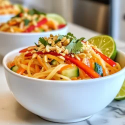 For Spicy Peanut Noodles, you need simple yet tasty ingredients. Here&rsquo;s what you'll need: - 8 oz. rice noodles - 1/4 cup creamy peanut butter - 2 tablespoons soy sauce - 1 tablespoon sesame oil - 1 tablespoon honey or maple syrup - 2 tablespoons sriracha (adjust for heat) - 1 garlic clove, minced - 1 teaspoon freshly grated ginger - 1 cup shredded carrots - 1 bell pepper (red or yellow), julienned - 1/2 cup cucumber, julienned - 1 green onion, sliced - 1/4 cup chopped peanuts (for garnishing) - Fresh cilantro for garnish - Lime wedges for serving To make your dish pop, consider these garnishes: - Sliced green onions for freshness - Chopped peanuts for crunch - Fresh cilantro for a burst of flavor - Lime wedges to add a zesty touch For added crunch, top with roasted chickpeas or crispy tofu. A sprinkle of sesame seeds can elevate both the look and taste. You can swap out some ingredients if needed: - Use gluten-free noodles if you need a gluten-free option. - Almond butter or sunflower seed butter can replace peanut butter. - Agave syrup works well instead of honey or maple syrup. - You can choose any mild oil if sesame oil is not available. These swaps keep the recipe flexible while still packing in the flavor. {{ingredient_image_2}} To cook the rice noodles, bring a big pot of water to a boil. Add 8 ounces of rice noodles. Cook them based on the package directions until they are just a bit firm. This usually takes about 4 to 6 minutes. After cooking, drain the noodles in a colander. Rinse them under cold water to stop the cooking. This keeps them from getting too soft. Set the noodles aside to cool. Next, make the peanut sauce. In a medium bowl, add 1/4 cup of creamy peanut butter. Pour in 2 tablespoons of soy sauce and 1 tablespoon of sesame oil. Add 1 tablespoon of honey or maple syrup for sweetness. For heat, include 2 tablespoons of sriracha, but you can adjust this based on how spicy you like it. Add 1 minced garlic clove and 1 teaspoon of grated ginger. Whisk the mix together until it is smooth. If it seems too thick, add a tablespoon of warm water to thin it out. Now, let&rsquo;s mix the veggies. In a large bowl, add 1 cup of shredded carrots, 1 julienned bell pepper (red or yellow), and 1/2 cup of julienned cucumber. Toss them gently to mix. Next, add the cooled rice noodles to the bowl. Drizzle the peanut sauce over the noodles and veggies. Toss everything together until all the noodles and veggies are well coated with the sauce. Enjoy your flavorful and spicy peanut noodles! To make the best peanut sauce, start with creamy peanut butter. Mix it with soy sauce, sesame oil, honey or maple syrup, sriracha, garlic, and ginger. Use a whisk for smoothness. If the sauce seems thick, add warm water, one tablespoon at a time. This helps you get the right texture for easy mixing with noodles. First, boil a large pot of water. Add rice noodles and cook them as per package instructions. Watch them closely; they should be just al dente, not mushy. Once cooked, drain and rinse with cold water. This stops the cooking and keeps them from sticking together. Store leftovers in an airtight container. They stay fresh in the fridge for up to three days. When ready to eat, you can reheat them in a pan over low heat. Add a splash of water or extra sauce to keep the noodles moist. Enjoy them warm for the best taste! Pro Tips Adjust the Heat: If you prefer a milder dish, reduce the sriracha or substitute it with a milder chili sauce. Fresh Ingredients: Use fresh vegetables for the best flavor and crunch. Consider adding bell peppers of different colors for a vibrant dish. Meal Prep Friendly: This dish can be made ahead of time. Store the salad and sauce separately in the fridge and combine just before serving. Texture Variations: Experiment with toppings like sesame seeds, crispy fried shallots, or even avocado for added creaminess. {{image_4}} You can make spicy peanut noodles vegetarian or vegan by leaving out honey. Instead, use maple syrup for sweetness. You can also add more veggies. Try bell peppers, broccoli, or snap peas. This keeps your dish colorful and healthy. For extra protein, you can add chicken, tofu, or shrimp. Cook the chicken in strips until it's golden brown. For tofu, cube it and pan-fry until crispy. Shrimp cooks quickly, so add them in the last few minutes of cooking. This makes the noodles heartier and more filling. To change the heat level, adjust the sriracha. If you want more spice, add a bit more. For a milder taste, use less. You can also add chili flakes or fresh jalape&ntilde;os for an extra kick. To enhance the flavor, consider adding lime juice or fresh herbs like basil or mint. This gives your dish a fresh twist! To keep your spicy peanut noodles fresh, store them in an airtight container. Make sure to let the noodles cool completely before sealing them. This helps prevent moisture buildup. If you have leftover peanut sauce, store it separately. This keeps the noodles from becoming soggy. Leftover spicy peanut noodles last up to three days in the fridge. Always check for any signs of spoilage before eating. If the noodles smell off or look strange, throw them away. You can freeze the spicy peanut noodles for up to one month. Place them in a freezer-safe bag or container. Make sure to remove as much air as possible. When ready to eat, thaw them overnight in the fridge. Reheat in a pan over low heat, adding a splash of water if needed. This helps bring them back to life! If you need a peanut butter substitute, try sunflower seed butter. It has a similar creamy texture. You can also use almond butter or cashew butter. Both add a nice flavor. For a nut-free option, tahini works well too. Remember, each substitute will change the taste a bit. Test small amounts to find what you like best. Yes, you can make these noodles ahead of time. Prepare the noodles and sauce, then mix them right before serving. If you store the noodles and sauce separately, they stay fresh. Keep them in the fridge. This way, they will taste great when you&rsquo;re ready to eat. Just toss everything together and enjoy! Many sides pair well with Spicy Peanut Noodles. Try a simple cucumber salad for a cool bite. Steamed broccoli or snap peas add more color and crunch. You can also serve it with spring rolls for a fun twist. If you like protein, consider grilled chicken or shrimp on the side. These options balance the meal and make it more filling. Spicy Peanut Noodles offer a tasty blend of flavors and textures. We explored key ingredients, step-by-step cooking, and useful tips for the perfect meal. Variations allow you to customize it to your taste. You learned how to store leftovers and even found answers to common questions. Enjoy making this dish and share it with others! With these tips, your noodles will shine every time you cook. Happy eating!
