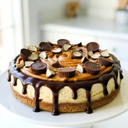 To make this delightful peanut butter cup cheesecake, gather these key items: - 1 &frac12; cups graham cracker crumbs - &frac12; cup unsalted butter, melted - 1 cup creamy peanut butter - 1 cup cream cheese, softened - &frac34; cup powdered sugar - 1 teaspoon vanilla extract - 1 cup heavy whipped cream, lightly whipped - 6 mini peanut butter cups, finely chopped (plus more for decoration) - 1 cup chocolate ganache (for drizzling on top) Each ingredient plays a vital role in making this cheesecake creamy and rich. The graham cracker crumbs form a tasty base, while peanut butter gives it that signature flavor. You can make your cheesecake even more special with these toppings: - Additional chopped mini peanut butter cups - Whipped cream dollops - Crushed peanuts - A sprinkle of sea salt These garnishes add more texture and flavor. They make your cheesecake look fancy and fun! To create this cheesecake, you will need: - A 9-inch springform pan - Mixing bowls - Electric mixer - Spatula - Microwave or stovetop for melting chocolate ganache - Refrigerator for chilling Having the right tools makes the process easier. A springform pan helps you remove the cheesecake easily after it sets. {{ingredient_image_2}} First, gather your ingredients. You need graham cracker crumbs and melted unsalted butter. In a medium bowl, mix them well. Aim for a texture like wet sand. Next, press the mixture into the bottom of a 9-inch springform pan. Make sure it is packed tightly. Place the pan in the fridge to chill. Now, let&rsquo;s make the cheesecake filling. Take a large bowl and add softened cream cheese. Use an electric mixer to beat it until smooth. It should be free of lumps. Slowly add creamy peanut butter, powdered sugar, and vanilla extract. Beat the mixture until it becomes fluffy and well combined. Take the lightly whipped cream and add a small portion to the peanut butter mixture. Gently fold it in to lighten the batter. Then, add the rest of the whipped cream. Use a spatula to carefully mix until no white streaks remain. This step is key for a light cheesecake. Next, stir in the chopped mini peanut butter cups. Make sure to distribute them evenly throughout the mixture. This way, every bite will be full of peanut buttery goodness. Now, pour the peanut butter filling over the chilled crust. Use a spatula to smooth the top evenly. Return the cheesecake to the refrigerator. Chill it for at least 4 hours, or until it is fully set. Once the cheesecake is set, carefully remove it from the springform pan. If your chocolate ganache is too thick, warm it slightly in the microwave. Drizzle the ganache over the cheesecake, letting some flow down the sides for a nice touch. For the final touch, sprinkle more chopped mini peanut butter cups on top. Slice the cheesecake into generous pieces. Serve it chilled, and enjoy the delicious peanut butter experience! To make a smooth cheesecake, start with room temperature cream cheese. Cold cream cheese makes lumps. Beat it well until creamy before adding anything else. Gradually mix in the peanut butter, sugar, and vanilla. Each addition needs to blend well. Finally, fold in the whipped cream gently. This keeps the mixture light and fluffy. You can swap graham cracker crumbs for other cookies. Try Oreos for a chocolate twist. If you're out of unsalted butter, use coconut oil instead. For the peanut butter, almond or cashew butter works well too. If you want a lighter cheesecake, use low-fat cream cheese. One common mistake is overmixing the batter. This adds too much air and can cause cracks. Another mistake is not chilling the crust long enough. A warm crust can melt the filling. Always allow the cheesecake to chill completely before serving. Lastly, avoid skipping the chocolate ganache drizzle. It adds flavor and makes your dessert look stunning! Pro Tips Chill the Cheesecake Thoroughly: For the best texture, ensure your cheesecake is chilled for the full 4 hours, or even overnight. This allows it to set properly, resulting in a slice that holds its shape beautifully. Use Room Temperature Ingredients: Make sure your cream cheese and peanut butter are at room temperature before mixing. This helps create a smoother, creamier filling without lumps. Drizzle with Warm Ganache: If your chocolate ganache has thickened, warm it slightly in the microwave or on the stovetop to achieve a smooth, pourable consistency. This ensures a beautiful and even drizzle over your cheesecake. Customize Your Toppings: Feel free to get creative with your toppings! Add crushed peanuts, chocolate shavings, or even a drizzle of caramel for extra flavor and visual appeal. {{image_4}} You can make a vegan version of this cheesecake. Use dairy-free cream cheese and coconut cream instead of heavy cream. Replace regular peanut butter with a natural, vegan brand. Instead of graham crackers, use vegan cookies or almond flour for the crust. It tastes just as rich and creamy while being plant-based. For a lower calorie treat, swap out the cream cheese with Greek yogurt. Use reduced-fat peanut butter and substitute the powdered sugar with a sugar alternative. A light whipped topping can replace the heavy cream. This way, you keep the taste while cutting calories. You can enhance the flavor of your cheesecake. Try adding a pinch of sea salt to balance the sweetness. You can also top it with fresh fruit like strawberries or bananas for a fresh twist. Different chocolate toppings, like white chocolate or dark chocolate, can also add layers of flavor. Just drizzle or sprinkle them on top, and enjoy! To keep your peanut butter cup cheesecake fresh, wrap it tightly. Use plastic wrap to cover the cheesecake or place it in an airtight container. This helps prevent it from drying out or absorbing other odors. Store it in the refrigerator for the best taste. You can freeze the cheesecake for longer storage. First, let it cool completely. Then, slice it into pieces if you prefer. Wrap each slice in plastic wrap, then place them in a freezer-safe bag or container. This method helps keep the cheesecake fresh. It can last for up to three months in the freezer. When stored properly in the fridge, the cheesecake lasts about five to seven days. If you freeze it, it can last up to three months. Just remember to thaw it in the fridge overnight before serving. This helps maintain its creamy texture. Enjoy every bite! Yes, you can make this cheesecake ahead of time. I often prepare it the day before serving. This lets the flavors blend well. Just store it in the fridge, covered tightly. Chilling it overnight gives a better texture and taste. If you need a substitute for cream cheese, use mascarpone or Greek yogurt. Both give a creamy texture. For a dairy-free option, try cashew cream. Just blend soaked cashews with a bit of lemon juice and a splash of almond milk. You know the cheesecake is set when it feels firm to the touch. Gently shake the pan. If the center jiggles slightly but is not liquid, it&rsquo;s ready. Chilling for at least four hours helps achieve the right firmness. Yes, you can use crunchy peanut butter instead of creamy. This adds a fun texture to the cheesecake. Just make sure to mix it well with the cream cheese. The crunch will give extra bites of flavor in every slice. This blog post covered how to make a delicious peanut butter cup cheesecake. You learned about essential ingredients, helpful tips, and fun variations. Each step guides you to create a smooth and tasty treat. Remember to store it properly to enjoy later. Cheesecake is flexible, so feel free to experiment with flavors. Your baking success will come from practice and patience. Enjoy making this delightful dessert&mdash;it&rsquo;s worth every bite!