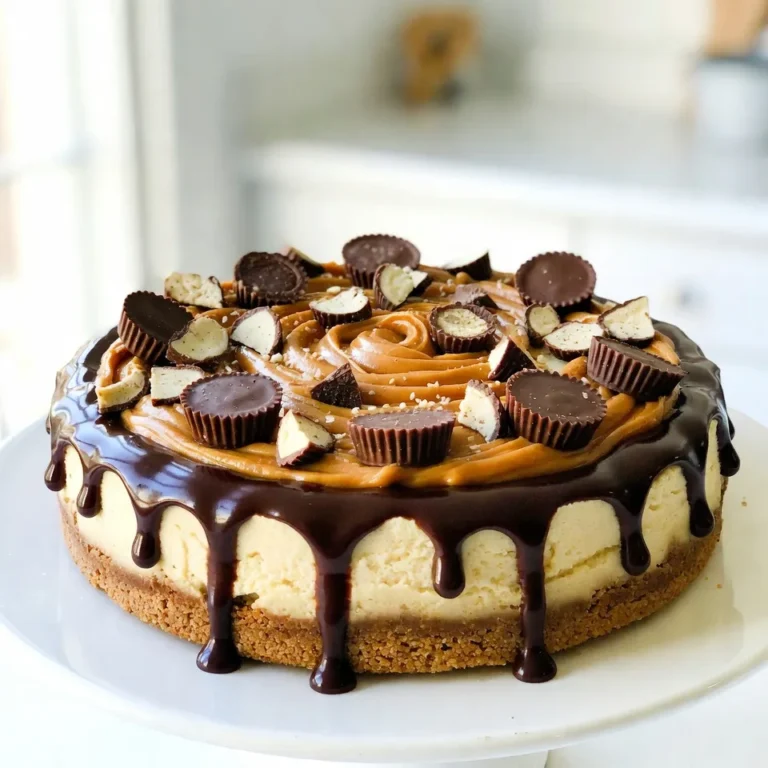 To make this delightful peanut butter cup cheesecake, gather these key items: - 1 ½ cups graham cracker crumbs - ½ cup unsalted butter, melted - 1 cup creamy peanut butter - 1 cup cream cheese, softened - ¾ cup powdered sugar - 1 teaspoon vanilla extract - 1 cup heavy whipped cream, lightly whipped - 6 mini peanut butter cups, finely chopped (plus more for decoration) - 1 cup chocolate ganache (for drizzling on top) Each ingredient plays a vital role in making this cheesecake creamy and rich. The graham cracker crumbs form a tasty base, while peanut butter gives it that signature flavor. You can make your cheesecake even more special with these toppings: - Additional chopped mini peanut butter cups - Whipped cream dollops - Crushed peanuts - A sprinkle of sea salt These garnishes add more texture and flavor. They make your cheesecake look fancy and fun! To create this cheesecake, you will need: - A 9-inch springform pan - Mixing bowls - Electric mixer - Spatula - Microwave or stovetop for melting chocolate ganache - Refrigerator for chilling Having the right tools makes the process easier. A springform pan helps you remove the cheesecake easily after it sets. {{ingredient_image_2}} First, gather your ingredients. You need graham cracker crumbs and melted unsalted butter. In a medium bowl, mix them well. Aim for a texture like wet sand. Next, press the mixture into the bottom of a 9-inch springform pan. Make sure it is packed tightly. Place the pan in the fridge to chill. Now, let’s make the cheesecake filling. Take a large bowl and add softened cream cheese. Use an electric mixer to beat it until smooth. It should be free of lumps. Slowly add creamy peanut butter, powdered sugar, and vanilla extract. Beat the mixture until it becomes fluffy and well combined. Take the lightly whipped cream and add a small portion to the peanut butter mixture. Gently fold it in to lighten the batter. Then, add the rest of the whipped cream. Use a spatula to carefully mix until no white streaks remain. This step is key for a light cheesecake. Next, stir in the chopped mini peanut butter cups. Make sure to distribute them evenly throughout the mixture. This way, every bite will be full of peanut buttery goodness. Now, pour the peanut butter filling over the chilled crust. Use a spatula to smooth the top evenly. Return the cheesecake to the refrigerator. Chill it for at least 4 hours, or until it is fully set. Once the cheesecake is set, carefully remove it from the springform pan. If your chocolate ganache is too thick, warm it slightly in the microwave. Drizzle the ganache over the cheesecake, letting some flow down the sides for a nice touch. For the final touch, sprinkle more chopped mini peanut butter cups on top. Slice the cheesecake into generous pieces. Serve it chilled, and enjoy the delicious peanut butter experience! To make a smooth cheesecake, start with room temperature cream cheese. Cold cream cheese makes lumps. Beat it well until creamy before adding anything else. Gradually mix in the peanut butter, sugar, and vanilla. Each addition needs to blend well. Finally, fold in the whipped cream gently. This keeps the mixture light and fluffy. You can swap graham cracker crumbs for other cookies. Try Oreos for a chocolate twist. If you're out of unsalted butter, use coconut oil instead. For the peanut butter, almond or cashew butter works well too. If you want a lighter cheesecake, use low-fat cream cheese. One common mistake is overmixing the batter. This adds too much air and can cause cracks. Another mistake is not chilling the crust long enough. A warm crust can melt the filling. Always allow the cheesecake to chill completely before serving. Lastly, avoid skipping the chocolate ganache drizzle. It adds flavor and makes your dessert look stunning! Pro Tips Chill the Cheesecake Thoroughly: For the best texture, ensure your cheesecake is chilled for the full 4 hours, or even overnight. This allows it to set properly, resulting in a slice that holds its shape beautifully. Use Room Temperature Ingredients: Make sure your cream cheese and peanut butter are at room temperature before mixing. This helps create a smoother, creamier filling without lumps. Drizzle with Warm Ganache: If your chocolate ganache has thickened, warm it slightly in the microwave or on the stovetop to achieve a smooth, pourable consistency. This ensures a beautiful and even drizzle over your cheesecake. Customize Your Toppings: Feel free to get creative with your toppings! Add crushed peanuts, chocolate shavings, or even a drizzle of caramel for extra flavor and visual appeal. {{image_4}} You can make a vegan version of this cheesecake. Use dairy-free cream cheese and coconut cream instead of heavy cream. Replace regular peanut butter with a natural, vegan brand. Instead of graham crackers, use vegan cookies or almond flour for the crust. It tastes just as rich and creamy while being plant-based. For a lower calorie treat, swap out the cream cheese with Greek yogurt. Use reduced-fat peanut butter and substitute the powdered sugar with a sugar alternative. A light whipped topping can replace the heavy cream. This way, you keep the taste while cutting calories. You can enhance the flavor of your cheesecake. Try adding a pinch of sea salt to balance the sweetness. You can also top it with fresh fruit like strawberries or bananas for a fresh twist. Different chocolate toppings, like white chocolate or dark chocolate, can also add layers of flavor. Just drizzle or sprinkle them on top, and enjoy! To keep your peanut butter cup cheesecake fresh, wrap it tightly. Use plastic wrap to cover the cheesecake or place it in an airtight container. This helps prevent it from drying out or absorbing other odors. Store it in the refrigerator for the best taste. You can freeze the cheesecake for longer storage. First, let it cool completely. Then, slice it into pieces if you prefer. Wrap each slice in plastic wrap, then place them in a freezer-safe bag or container. This method helps keep the cheesecake fresh. It can last for up to three months in the freezer. When stored properly in the fridge, the cheesecake lasts about five to seven days. If you freeze it, it can last up to three months. Just remember to thaw it in the fridge overnight before serving. This helps maintain its creamy texture. Enjoy every bite! Yes, you can make this cheesecake ahead of time. I often prepare it the day before serving. This lets the flavors blend well. Just store it in the fridge, covered tightly. Chilling it overnight gives a better texture and taste. If you need a substitute for cream cheese, use mascarpone or Greek yogurt. Both give a creamy texture. For a dairy-free option, try cashew cream. Just blend soaked cashews with a bit of lemon juice and a splash of almond milk. You know the cheesecake is set when it feels firm to the touch. Gently shake the pan. If the center jiggles slightly but is not liquid, it’s ready. Chilling for at least four hours helps achieve the right firmness. Yes, you can use crunchy peanut butter instead of creamy. This adds a fun texture to the cheesecake. Just make sure to mix it well with the cream cheese. The crunch will give extra bites of flavor in every slice. This blog post covered how to make a delicious peanut butter cup cheesecake. You learned about essential ingredients, helpful tips, and fun variations. Each step guides you to create a smooth and tasty treat. Remember to store it properly to enjoy later. Cheesecake is flexible, so feel free to experiment with flavors. Your baking success will come from practice and patience. Enjoy making this delightful dessert—it’s worth every bite!