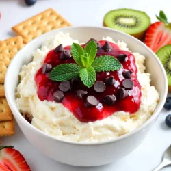 - 8 oz cream cheese, softened to room temperature - 1/2 cup powdered sugar, sifted - 1 teaspoon pure vanilla extract - 1 cup sour cream, preferably at room temperature - 1 can (15 oz) cherry pie filling - 1/2 cup semi-sweet chocolate chips (optional, for extra richness) - Graham crackers or a selection of fresh fruits (such as strawberries and apple slices) for dipping Cherry cheesecake dip is simple yet tasty. The cream cheese serves as a rich base. The powdered sugar adds sweetness. Vanilla extract gives a warm flavor. Sour cream brings a light tang. Cherry pie filling tops it all, providing color and flavor. You can add chocolate chips for extra delight. They mix well with the cherries. Fresh fruits and graham crackers make great dippers. You can choose what you like best. Gather all these ingredients before you start. It makes the process easier. Each item plays a key role in this yummy dip. You will love how it all comes together! {{ingredient_image_2}} 1. Mixing cream cheese and powdered sugar Start with a medium bowl. Use an electric mixer to beat the softened cream cheese. Mix until it is creamy and smooth. Then, sift in the powdered sugar. Keep mixing on low speed. When combined, increase to medium speed. Beat until the mixture is smooth. 2. Incorporating vanilla and sour cream Add the pure vanilla extract to the bowl. Mix it in until well blended. Next, add the sour cream. Beat the mixture on medium-high speed. In about 2-3 minutes, it will become light and fluffy. 3. Transferring the mixture to a serving bowl Use a spatula to carefully transfer the cheesecake mixture. Place it in a nice serving bowl. Spread the mixture evenly across the bottom. This makes it look great for your guests. 4. Topping with cherry pie filling and optional chocolate chips Spoon the cherry pie filling over the top of your dip. Make sure to cover it nicely without mixing it in. If you want extra flavor, sprinkle chocolate chips on top. This adds a sweet touch. 5. Serving suggestions with dippers Serve the dip with graham crackers. You can also use fresh fruits like strawberries or apple slices. Arrange the dippers around the bowl. This makes it easy for everyone to enjoy the dip. - Ensuring cream cheese is softened: Always start with room temperature cream cheese. This makes it easy to mix. Cold cream cheese will not blend well and can leave lumps. - Adjusting sweetness and flavors: Taste your dip as you mix. If it needs more sweetness, add a little more powdered sugar. For a richer flavor, add more vanilla extract. - Presentation tips for serving: Use a bright bowl to serve your dip. A splash of cherry filling on top adds color. You can also add a mint leaf for a fresh look. Arrange graham crackers and fruits around the bowl for easy dipping. - Keeping the ingredients at room temperature: Before you start, let your sour cream and any other dairy sit out for a bit. This helps the dip mix smoothly and taste better. If everything is warm, the dip will come together nicely. Pro Tips Softened Cream Cheese: Make sure your cream cheese is fully softened to room temperature for a smooth and creamy dip. If you're short on time, cut it into small cubes and microwave it for about 10 seconds to soften it quickly. Flavor Variations: Feel free to experiment with different pie fillings, such as blueberry or strawberry, for a unique twist on the classic cherry flavor. Chill Before Serving: For an even better texture, refrigerate the dip for about 30 minutes after preparing. This allows the flavors to meld and the dip to firm up slightly. Garnishing Tips: Add a sprinkle of crushed nuts or a drizzle of chocolate syrup on top for an extra touch of elegance and flavor contrast. {{image_4}} You can easily change up the flavors of your cherry cheesecake dip. Here are some fun ideas: - Using different fruit toppings: Instead of cherry pie filling, try blueberry or strawberry toppings. Each fruit brings a unique taste. Blueberries add a sweet-tart flavor, while strawberries offer a fresh and fruity note. - Adding citrus zest for brightness: A little lemon or lime zest can lift the dip. Just a teaspoon of zest brightens the flavors. It adds a nice zing that complements the creaminess. - Experimenting with various dips: Don&rsquo;t just stick to graham crackers. Try cookies like vanilla wafers or even pretzels. The salty crunch of pretzels creates a tasty contrast to the sweet dip. It&rsquo;s fun to mix and match your dippers for more flavor experiences. These variations keep the dip exciting and allow you to cater to different tastes. Enjoy mixing flavors and creating your perfect cherry cheesecake dip! To store leftover cherry cheesecake dip, place it in an airtight container. Seal it well to keep out air. Store it in the fridge. It will stay fresh for up to five days. If you want to keep it longer, you can freeze it. However, note that freezing may change the texture. To freeze, place the dip in a freezer-safe container. Make sure to leave some space at the top for expansion. You can freeze it for up to two months. When you want to enjoy it again, thaw the dip in the fridge overnight. After thawing, stir it gently to mix in any separated ingredients. Always check for freshness before serving. If it looks or smells off, it&rsquo;s best to discard it. Keeping the dip in a cool place helps maintain its taste and texture. Enjoy your cherry cheesecake dip whenever you want! You can store cherry cheesecake dip in the fridge for up to five days. Make sure to keep it in a sealed container. This helps it stay fresh and tasty. Yes, you can make this dip a day before your event. Just prepare it and cover it well in the fridge. This lets the flavors blend nicely. Serve it chilled for the best taste. If you need a substitute, try using mascarpone cheese. It has a similar texture and taste. You can also use Greek yogurt for a lighter option. Both will give you a creamy dip. Yes, you can make a vegan version! Use vegan cream cheese and coconut cream instead of sour cream. You can also swap powdered sugar for a vegan-friendly option. This way, everyone can enjoy the dip! This blog post covered how to make an easy cherry cheesecake dip. You learned the key ingredients, like cream cheese and cherry pie filling, and the steps to prepare it. I shared useful tips for making it perfect and variations to try. Proper storage keeps your dip tasty for longer. With simple steps and ingredients, you can enjoy this treat anytime. Get creative and make it your own!