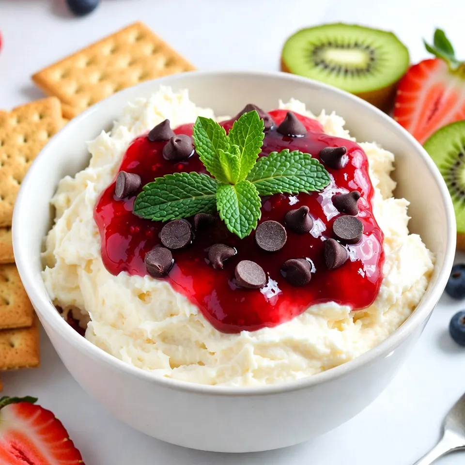 - 8 oz cream cheese, softened to room temperature - 1/2 cup powdered sugar, sifted - 1 teaspoon pure vanilla extract - 1 cup sour cream, preferably at room temperature - 1 can (15 oz) cherry pie filling - 1/2 cup semi-sweet chocolate chips (optional, for extra richness) - Graham crackers or a selection of fresh fruits (such as strawberries and apple slices) for dipping Cherry cheesecake dip is simple yet tasty. The cream cheese serves as a rich base. The powdered sugar adds sweetness. Vanilla extract gives a warm flavor. Sour cream brings a light tang. Cherry pie filling tops it all, providing color and flavor. You can add chocolate chips for extra delight. They mix well with the cherries. Fresh fruits and graham crackers make great dippers. You can choose what you like best. Gather all these ingredients before you start. It makes the process easier. Each item plays a key role in this yummy dip. You will love how it all comes together! {{ingredient_image_2}} 1. Mixing cream cheese and powdered sugar Start with a medium bowl. Use an electric mixer to beat the softened cream cheese. Mix until it is creamy and smooth. Then, sift in the powdered sugar. Keep mixing on low speed. When combined, increase to medium speed. Beat until the mixture is smooth. 2. Incorporating vanilla and sour cream Add the pure vanilla extract to the bowl. Mix it in until well blended. Next, add the sour cream. Beat the mixture on medium-high speed. In about 2-3 minutes, it will become light and fluffy. 3. Transferring the mixture to a serving bowl Use a spatula to carefully transfer the cheesecake mixture. Place it in a nice serving bowl. Spread the mixture evenly across the bottom. This makes it look great for your guests. 4. Topping with cherry pie filling and optional chocolate chips Spoon the cherry pie filling over the top of your dip. Make sure to cover it nicely without mixing it in. If you want extra flavor, sprinkle chocolate chips on top. This adds a sweet touch. 5. Serving suggestions with dippers Serve the dip with graham crackers. You can also use fresh fruits like strawberries or apple slices. Arrange the dippers around the bowl. This makes it easy for everyone to enjoy the dip. - Ensuring cream cheese is softened: Always start with room temperature cream cheese. This makes it easy to mix. Cold cream cheese will not blend well and can leave lumps. - Adjusting sweetness and flavors: Taste your dip as you mix. If it needs more sweetness, add a little more powdered sugar. For a richer flavor, add more vanilla extract. - Presentation tips for serving: Use a bright bowl to serve your dip. A splash of cherry filling on top adds color. You can also add a mint leaf for a fresh look. Arrange graham crackers and fruits around the bowl for easy dipping. - Keeping the ingredients at room temperature: Before you start, let your sour cream and any other dairy sit out for a bit. This helps the dip mix smoothly and taste better. If everything is warm, the dip will come together nicely. Pro Tips Softened Cream Cheese: Make sure your cream cheese is fully softened to room temperature for a smooth and creamy dip. If you're short on time, cut it into small cubes and microwave it for about 10 seconds to soften it quickly. Flavor Variations: Feel free to experiment with different pie fillings, such as blueberry or strawberry, for a unique twist on the classic cherry flavor. Chill Before Serving: For an even better texture, refrigerate the dip for about 30 minutes after preparing. This allows the flavors to meld and the dip to firm up slightly. Garnishing Tips: Add a sprinkle of crushed nuts or a drizzle of chocolate syrup on top for an extra touch of elegance and flavor contrast. {{image_4}} You can easily change up the flavors of your cherry cheesecake dip. Here are some fun ideas: - Using different fruit toppings: Instead of cherry pie filling, try blueberry or strawberry toppings. Each fruit brings a unique taste. Blueberries add a sweet-tart flavor, while strawberries offer a fresh and fruity note. - Adding citrus zest for brightness: A little lemon or lime zest can lift the dip. Just a teaspoon of zest brightens the flavors. It adds a nice zing that complements the creaminess. - Experimenting with various dips: Don’t just stick to graham crackers. Try cookies like vanilla wafers or even pretzels. The salty crunch of pretzels creates a tasty contrast to the sweet dip. It’s fun to mix and match your dippers for more flavor experiences. These variations keep the dip exciting and allow you to cater to different tastes. Enjoy mixing flavors and creating your perfect cherry cheesecake dip! To store leftover cherry cheesecake dip, place it in an airtight container. Seal it well to keep out air. Store it in the fridge. It will stay fresh for up to five days. If you want to keep it longer, you can freeze it. However, note that freezing may change the texture. To freeze, place the dip in a freezer-safe container. Make sure to leave some space at the top for expansion. You can freeze it for up to two months. When you want to enjoy it again, thaw the dip in the fridge overnight. After thawing, stir it gently to mix in any separated ingredients. Always check for freshness before serving. If it looks or smells off, it’s best to discard it. Keeping the dip in a cool place helps maintain its taste and texture. Enjoy your cherry cheesecake dip whenever you want! You can store cherry cheesecake dip in the fridge for up to five days. Make sure to keep it in a sealed container. This helps it stay fresh and tasty. Yes, you can make this dip a day before your event. Just prepare it and cover it well in the fridge. This lets the flavors blend nicely. Serve it chilled for the best taste. If you need a substitute, try using mascarpone cheese. It has a similar texture and taste. You can also use Greek yogurt for a lighter option. Both will give you a creamy dip. Yes, you can make a vegan version! Use vegan cream cheese and coconut cream instead of sour cream. You can also swap powdered sugar for a vegan-friendly option. This way, everyone can enjoy the dip! This blog post covered how to make an easy cherry cheesecake dip. You learned the key ingredients, like cream cheese and cherry pie filling, and the steps to prepare it. I shared useful tips for making it perfect and variations to try. Proper storage keeps your dip tasty for longer. With simple steps and ingredients, you can enjoy this treat anytime. Get creative and make it your own!