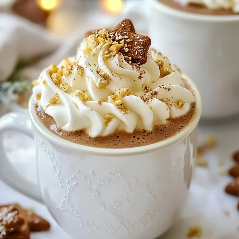 - 2 cups whole milk - 2 tablespoons unsweetened cocoa powder - 2 tablespoons brown sugar - 1 teaspoon ground ginger - 1 teaspoon ground cinnamon - 1/4 teaspoon ground nutmeg To make a rich gingerbread hot chocolate, you need whole milk. It gives the drink a creamy texture. Unsweetened cocoa powder adds the chocolate flavor. Brown sugar brings in sweetness with a hint of molasses, perfect for gingerbread. Ground ginger, cinnamon, and nutmeg bring warmth and spice. These spices create that cozy gingerbread taste we all love. - Whipped cream - Crushed gingerbread cookies - Chocolate shavings Toppings can make your drink special. Whipped cream adds a light and airy touch. Crushed gingerbread cookies give a nice crunch and extra flavor. Chocolate shavings are great for those who want more chocolate. You can mix and match these toppings to fit your taste. - 1/4 teaspoon vanilla extract - A pinch of salt Don’t forget vanilla extract! It adds depth to the hot chocolate. A pinch of salt balances all the sweet flavors. These pantry staples are simple, yet they make a big difference. {{ingredient_image_2}} 1. Start by pouring 2 cups of whole milk into a medium saucepan. 2. Add 2 tablespoons of unsweetened cocoa powder to the milk. 3. Heat the mixture over medium-low heat. 4. Whisk continuously. This helps the cocoa dissolve well. 5. Make sure the milk warms up but does not boil. 1. Once the cocoa is mixed in, add 2 tablespoons of brown sugar. 2. Now, sprinkle in 1 teaspoon of ground ginger, 1 teaspoon of ground cinnamon, and 1/4 teaspoon of ground nutmeg. 3. Add 1/4 teaspoon of vanilla extract and a pinch of salt. 4. Keep stirring until all is combined. The hot chocolate should be steaming gently. 1. Once heated through, remove the saucepan from the heat. 2. Let the mixture rest for about a minute. This helps the flavors meld together. 3. Carefully pour the warm gingerbread hot chocolate into serving mugs. Fill each mug about three-quarters full. 4. Top each mug with a generous swirl of whipped cream. 5. For a festive touch, sprinkle crushed gingerbread cookies on top. 6. If you want extra indulgence, add chocolate shavings as well. To make your gingerbread hot chocolate creamy, whisk well. Use a whisk to mix the cocoa into the milk. This helps it dissolve fully. Whisking also adds air and makes it frothy. Be careful not to boil the milk. Boiling can ruin the texture. Heat the milk on medium-low heat. Stir gently and keep an eye on it. Spices play a big role in gingerbread hot chocolate. Adjust the spice levels to your taste. If you love ginger, add more ground ginger. For a warm kick, increase the cinnamon. Sweetness is also key. Taste your hot chocolate before serving. If you want it sweeter, add more brown sugar. How you serve your hot chocolate matters. Use nice mugs for a cozy feel. A decorative tray can make it more inviting. Add a small gingerbread cookie on the side for fun. This gives a nice touch and a snack! For extra flair, use colorful straws or festive napkins. Pro Tips Use Fresh Spices: For the best flavor, use freshly ground spices instead of pre-ground ones. This enhances the aroma and taste of your hot chocolate. Adjust Sweetness: Feel free to adjust the amount of brown sugar to suit your taste. If you prefer a sweeter drink, add a bit more sugar. Experiment with Toppings: Try adding different toppings like crushed peppermint candies or a drizzle of caramel sauce for a unique twist on your hot chocolate. Make it a Latte: For a richer drink, consider adding a shot of espresso or strong coffee to your gingerbread hot chocolate for a delightful caffeinated boost. {{image_4}} You can make this drink without dairy. Try using almond milk or oat milk instead of whole milk. Both options give a creamy texture. They also add a subtle flavor that pairs well with spices. Just use the same amount as the recipe calls for. This way, you get a rich drink that's still delicious. You can mix in extra flavors to make your hot chocolate special. A peppermint twist is a fun choice. Just add a drop of peppermint extract to the mix. It gives a fresh taste that feels festive. Another option is to add vanilla. A teaspoon of vanilla extract can enhance the warmth of the drink. If you love fall flavors, try a pumpkin spice variation. Add a sprinkle of pumpkin spice to the drink. It creates a cozy vibe, perfect for chilly days. You can even mix in a little pumpkin puree for fun texture. If you're in the mood for a grown-up treat, consider adding alcohol. A splash of whiskey or rum can make this drink even more comforting. Just a shot per mug will do. The warmth of the alcohol pairs well with the spices. It’s great for holiday gatherings or cozy nights in. You can make Gingerbread Hot Chocolate ahead of time. To store it, let the hot chocolate cool down. Pour it into a clean container. Seal it tightly and put it in the fridge. It will stay fresh for up to three days. When you are ready to enjoy it, give it a quick stir before reheating. To reheat your Gingerbread Hot Chocolate, pour it into a saucepan. Heat it over medium-low heat. Stir it often to avoid burning. You can also use a microwave if you prefer. Heat in short bursts, about 30 seconds at a time. Stir after each burst until it's warm. Gingerbread Hot Chocolate keeps well in the fridge. You can enjoy it for up to three days. After that, it may lose its flavor and texture. Always check for any signs of spoilage before drinking. If you see any changes, it’s best to discard it. Yes, you can easily make this hot chocolate vegan. Here are some suggestions for substitutions: - Use almond milk, oat milk, or coconut milk instead of whole milk. - Replace brown sugar with maple syrup or agave nectar for sweetness. - Ensure your cocoa powder is dairy-free as well. For the best flavor, choose high-quality cocoa powder. Here are some options: - Dutch-processed cocoa gives a rich taste and dark color. - Natural cocoa powder is lighter and has a fruity flavor. - Look for brands that are unsweetened and pure for the best results. You can easily adjust the ingredient amounts for different serving sizes. Here’s how: - To make one mug, use half the amounts listed in the recipe. - To double the recipe, simply multiply each ingredient by two. - Keep the cooking times the same, but watch for the mixture to heat evenly. Gingerbread hot chocolate is a festive treat that warms the soul. You learned about the key ingredients, helpful tips, and various flavors you can add. Don’t forget to explore dairy-free or adult versions for extra fun. Whether you drink it by the fire or share with friends, this cozy drink brings joy. Remember, the key is to adjust flavors to your taste. Enjoy making your own unique version at home!