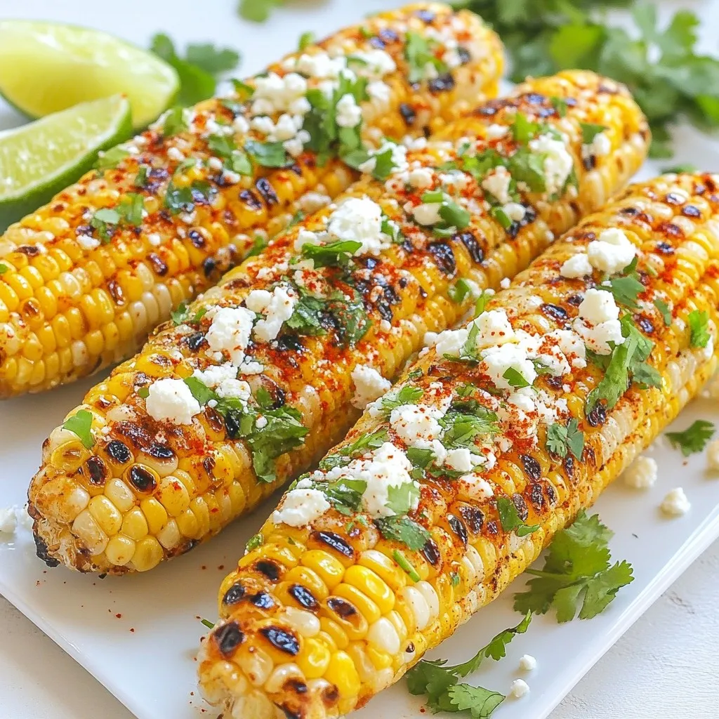 To make Chili Lime Grilled Corn, you'll need a few simple ingredients. Gather these fresh items to get started: - 4 ears of fresh corn, husked - 2 tablespoons chili powder - 1 tablespoon smoked paprika - 1 teaspoon garlic powder - Zest and juice of 1 lime - 3 tablespoons extra virgin olive oil - Salt, to taste - Crumbled feta cheese (optional, for topping) - Fresh cilantro, finely chopped (for garnish) - Lime wedges (for serving) Each ingredient plays an important role. The corn is sweet and crunchy. The chili powder and smoked paprika add warmth and depth. Garlic powder gives it a savory kick. Lime zest and juice bring brightness. Olive oil helps the spices stick and adds a rich flavor. If you like cheese, crumbled feta adds a creamy touch. Fresh cilantro gives it a nice color and zest. Lime wedges are perfect for extra tang when serving. Make sure to choose the freshest corn you can find. The better the corn, the better the dish will taste. Now that you have your ingredients, you’re ready to start grilling! {{ingredient_image_2}} 1. Preheat your grill to medium-high heat. This makes sure the corn cooks well. 2. In a bowl, mix chili powder, smoked paprika, garlic powder, lime zest, and olive oil. 3. Add a pinch of salt. Use a fork to mix until smooth. 1. Husk the corn and remove silk strands. Make sure the corn is clean. 2. Use a brush or your hands to coat the corn with the chili lime mixture. Cover every inch for the best flavor. 3. Place the corn on the grill. Grill it for 10-12 minutes. Turn it a few times to get an even char. Corn should be tender and golden brown. 1. Once off the grill, squeeze fresh lime juice over the corn. This adds a bright flavor. 2. If you like, sprinkle crumbled feta cheese on top for creaminess. 3. Garnish with fresh cilantro. Serve hot with lime wedges for extra zing. When you choose corn, look for bright green husks. The husks should be tightly wrapped around the corn. Check for plump kernels that are firm to the touch. Fresh corn should smell sweet. Avoid any ears with brown spots or dry husks. The best corn is harvested in the morning. Try to pick corn that was picked the same day. This ensures maximum sweetness and tenderness. To get perfect grill marks, preheat your grill to medium-high heat. This helps to sear the corn quickly. Place the corn directly on the grates. Grill for about 10-12 minutes. Turn the corn every few minutes. This helps to cook it evenly on all sides. You want a nice golden-brown color. Don’t rush this process; the char adds deep flavor. For extra flavor, consider adding cayenne pepper or cumin. These spices can give your corn a nice kick. You can also try adding lime zest to your chili-lime mix. Marinade the corn for at least 30 minutes if you can. This allows the flavors to soak in better. Crumbled feta cheese adds creaminess. Fresh cilantro gives a burst of freshness. Pro Tips Choose Fresh Corn: Opt for corn that is bright yellow or golden in color with tightly packed kernels for the best sweetness and flavor. Grill Temperature: Preheating the grill is essential. A medium-high heat ensures even cooking and a nice char without burning the corn. Flavor Boost: For an extra kick, consider adding a pinch of cayenne pepper to the chili-lime mixture for a spicy twist. Serving Suggestions: Pair the grilled corn with a side of avocado salad or tortilla chips to complement the flavors and create a festive meal. {{image_4}} You can change the spice mix for a new flavor. Try using cayenne for heat. Add cumin for a smoky touch. A blend of Italian herbs gives a fresh twist. If you want something sweet, use cinnamon and brown sugar. Each spice mix can change the taste of your corn. So, have fun and experiment with what you love! You can make chili lime corn in the oven or stovetop. For the oven, preheat it to 400°F (200°C). Place the corn on a baking sheet. Brush on the chili lime mixture and roast for 20 minutes. Turn the corn halfway to get even cooking. On the stovetop, boil the corn for 5-7 minutes. Then, coat it with the chili lime mix and sear it in a hot pan for extra flavor. If you want a dairy-free option, just skip the feta cheese. You can use a vegan cheese or nutritional yeast instead. These choices add creaminess without dairy. You can also try avocado or a squeeze of extra lime juice for a rich taste. Making it vegan is easy, and it still tastes amazing! To store grilled corn properly, let it cool first. Place the corn in an airtight container. You can also wrap it in plastic wrap. Keep it in the fridge. It stays fresh for up to three days. If you want to keep it longer, freezing is a good option. When reheating grilled corn, you have a few good options. The best method is to use the grill. Preheat it to medium heat. Place the corn on the grill for about five minutes. Turn it often to heat evenly. You can also use the microwave. Wrap the corn in a damp paper towel. Heat it for about one minute. Check it often to avoid drying it out. Yes, you can freeze grilled corn! Start by cutting the kernels off the cob. Place them in a freezer-safe bag. Remove as much air as possible before sealing. Label the bag with the date. Frozen corn can last for up to six months. When ready to use, thaw the corn in the fridge overnight. You can then reheat it or add it to your dishes. Grill corn for 10-12 minutes on medium-high heat. Turn it every few minutes. This helps it cook evenly. Look for golden-brown color and tender kernels. Yes, you can prepare corn in advance. Grill it earlier and let it cool. Wrap the corn in foil and store it in the fridge for up to two days. When ready to serve, reheat on the grill for a few minutes. Chili Lime Grilled Corn goes great with tacos, grilled meats, or summer salads. You can also serve it with rice dishes or as a side for barbecues. Enjoy it alongside fresh guacamole or spicy salsa for a burst of flavor. Grilling corn with chili lime is an easy and tasty way to enjoy summer. We covered selecting fresh corn, preparing the chili lime mix, and grilling to perfection. I shared tips for enhancing flavors and offered variations to suit your taste. Don’t forget safe storage and reheating methods for leftovers. Enjoy your delicious creations with friends or family. This dish will surely impress at your next gathering!
