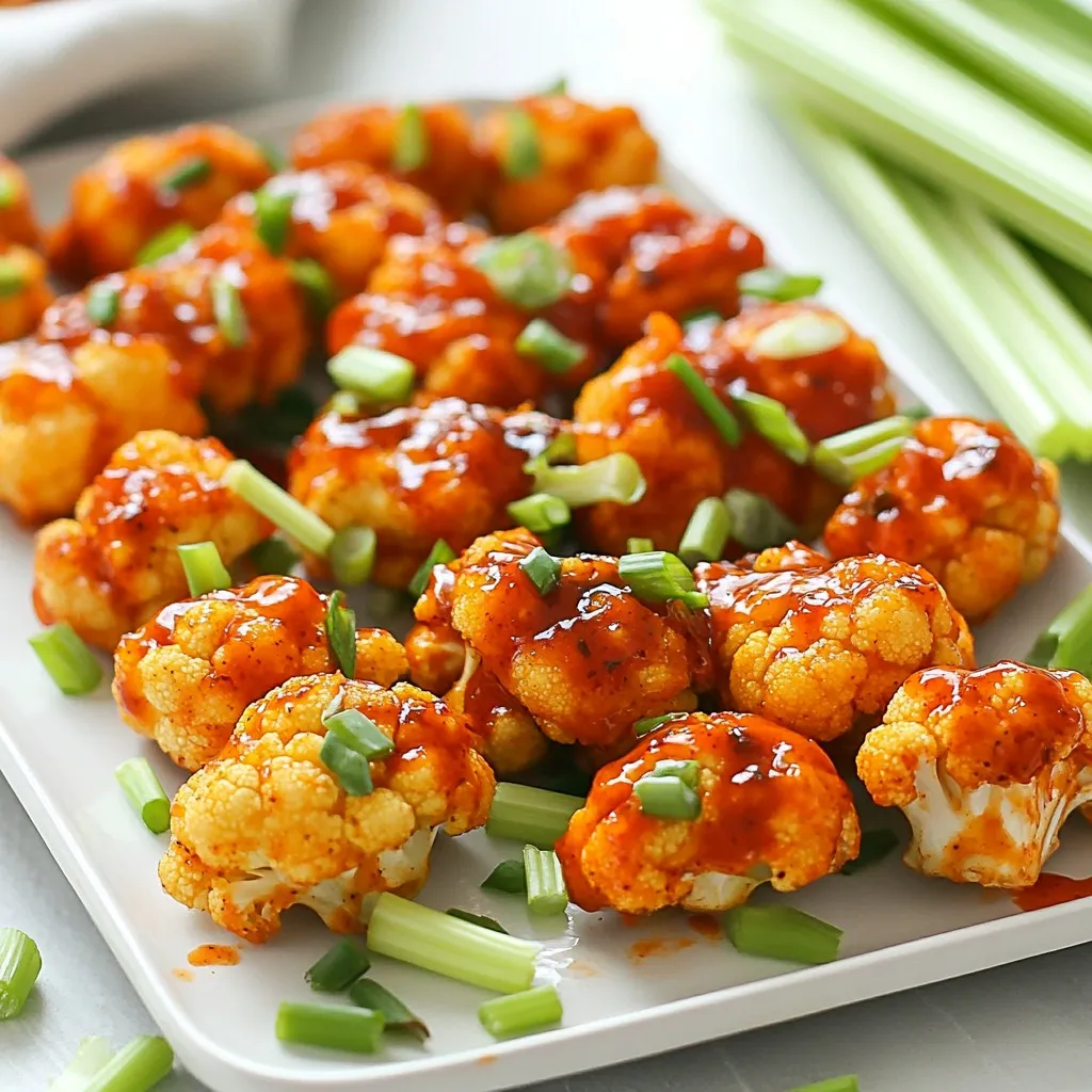To make Air Fryer Buffalo Cauliflower Wings, you will need: - 1 medium head of cauliflower, cut into bite-sized florets - 1 cup all-purpose flour - 1 cup plant-based milk (or regular milk) - 1 teaspoon garlic powder - 1 teaspoon onion powder - 1 teaspoon smoked paprika - 1 teaspoon salt - ½ teaspoon black pepper - 1 cup buffalo sauce - Cooking spray You can add extra flavors to your wings. Consider these options: - 1 teaspoon cayenne pepper for heat - 1 tablespoon nutritional yeast for a cheesy flavor - 1 tablespoon fresh herbs like thyme or oregano for freshness Serve your buffalo cauliflower wings with these tasty sides: - Crunchy celery sticks for a fresh bite - Carrot sticks for extra crunch - Creamy ranch dressing or zesty blue cheese for dipping These additions and sides make your dish more fun and flavorful! {{ingredient_image_2}} First, rinse the cauliflower under cold water. This step removes any dirt or debris. Next, chop the head into small, bite-sized florets. Make sure they are uniform in size. This helps them cook evenly. In a large bowl, mix one cup of all-purpose flour with the spices. Add garlic powder, onion powder, smoked paprika, salt, and black pepper. Whisk these dry ingredients together until they blend well. Gradually pour in one cup of plant-based milk or regular milk. Whisk continuously until you create a smooth and creamy batter. Preheat your air fryer to 375°F (190°C) for about five minutes. Lightly spray the air fryer basket with cooking spray. Dip each cauliflower floret into the batter. Make sure each piece is fully coated. Let any excess batter drip off before placing them in the air fryer. Arrange the florets in a single layer. If your air fryer is small, cook in batches to avoid overcrowding. Air fry the cauliflower for 12-15 minutes. Shake the basket halfway through cooking to ensure even crispiness. Once golden brown and crispy, transfer the cooked wings to a large mixing bowl. Pour buffalo sauce over the florets and toss gently to coat. Return the coated cauliflower to the air fryer for an extra five minutes. This step helps the sauce stick. Finally, carefully remove the wings and let them cool for a bit before serving. To get that perfect crunch, make sure your cauliflower is dry. After rinsing, pat it down with a paper towel. This helps the batter stick better. When coating the florets, don't rush. Let the excess batter drip off before placing them in the air fryer. This step is key for crispiness. Air fry in a single layer; overcrowding makes them steam instead of crisp. If you want more heat, add cayenne pepper to the batter. A teaspoon will really amp it up. For a milder dish, reduce the buffalo sauce. You can use a mix of buffalo sauce and regular sauce to balance the heat. This way, you can adjust to your taste and that of your guests. One big mistake is not preheating the air fryer. This step is essential for even cooking. Another common error is overcooking the cauliflower. Keep an eye on them. If they start to burn, lower the cooking time next time. Finally, don’t skip the tossing step after air frying. This ensures each wing is fully coated in flavor. Pro Tips Choose the Right Cauliflower: Opt for a fresh medium head of cauliflower that is firm and free from blemishes; this ensures the best texture and flavor. Perfect the Batter: Make sure the batter is smooth and thick enough to coat the florets well. If it’s too thin, add a little more flour to achieve the right consistency. Preheat for Crispiness: Always preheat your air fryer before cooking; this helps the cauliflower wings to become crispy and golden brown. Customize Your Spice Level: If you prefer less heat, mix buffalo sauce with a bit of ranch dressing or use a milder hot sauce for a more balanced flavor. {{image_4}} Buffalo sauce is not just one flavor. You can choose many types to spice up your wings. Try honey buffalo for a sweet twist. Add some ranch or blue cheese dressing for creaminess. You can even mix in chipotle for a smoky flavor. Experiment with different heat levels too. Use mild, hot, or extra hot sauce based on your taste. If you prefer a gluten-free version, you have options. Swap out regular flour for almond flour or chickpea flour. These alternatives give a nice crunch and flavor. Make sure to check the buffalo sauce label. Some sauces may contain gluten, so pick a brand that is gluten-free. This way, everyone can enjoy the dish. Breading can be fun to change. Instead of flour, use crushed cornflakes for extra crunch. You can also coat the florets in panko breadcrumbs. This gives a lovely texture that contrasts well with the sauce. For a lighter option, try skipping the batter entirely. Just toss the cauliflower in buffalo sauce before air frying. Each method offers a unique taste and texture. To keep your buffalo cauliflower wings fresh, place them in an airtight container. You can store them in the fridge for up to three days. Make sure they cool down before you seal the container. This helps prevent moisture from making them soggy. For the best taste, reheat the wings in your air fryer. Set it to 350°F (175°C) and heat for about 5-7 minutes. This method keeps them crispy. You can also use an oven. Preheat it to 350°F (175°C) and bake for 10-12 minutes. If you use a microwave, they may turn soft. You can freeze the wings if you have extra. First, let them cool completely. Then, place them in a freezer-safe bag or container. They can last for up to three months in the freezer. When ready to eat, thaw them in the fridge overnight before reheating. Yes, you can make buffalo cauliflower wings without an air fryer. You can bake them in the oven instead. Preheat your oven to 425°F (220°C). After coating the florets in batter, place them on a lined baking sheet. Bake for about 25-30 minutes. Flip them halfway through to ensure even cooking. This method will still give you crispy wings, but they may not be as quick to cook. If you want to avoid flour, you can use almond flour or chickpea flour. Both options are gluten-free and still provide a nice texture. You can also use cornmeal for a crunchier coating. Just keep in mind that the flavor may change slightly. Always check for allergies if you are cooking for others. Leftovers can last in the fridge for up to 3 days. Store them in an airtight container to keep them fresh. When you are ready to eat, reheat them in the air fryer or oven. This will help restore their crispiness. Avoid using the microwave, as it can make them soggy. You learned how to make tasty buffalo cauliflower wings. We covered the full ingredient list, step-by-step cooking guides, and helpful tips. You can explore different flavors and options, ensuring everyone gets what they like. Remember, avoiding common mistakes leads to the perfect, crispy wings. Proper storage lets you enjoy these treats later. With this knowledge, you can impress guests or enjoy a snack anytime. Now, get cooking and enjoy your delicious buffalo cauliflower!
