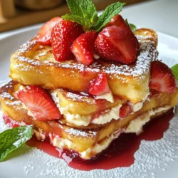 To make Strawberry Cheesecake French Toast, gather these simple ingredients: - 8 slices of thick bread (brioche or challah for a rich taste) - 4 oz cream cheese (softened at room temperature) - 1/4 cup granulated sugar - 1 teaspoon pure vanilla extract - 2 large eggs - 1/2 cup whole milk - 1/2 teaspoon ground cinnamon - 1 cup fresh strawberries (hulled and sliced) - 1/4 cup strawberry jam - Butter (for cooking) - Powdered sugar (for a delightful dusting) - Fresh mint leaves (optional, for garnish) These ingredients create a sweet and creamy treat. The thick bread holds the filling well, while the cream cheese adds richness. Fresh strawberries bring a vibrant flavor, and the jam gives a nice finish. Don&rsquo;t skip the powdered sugar; it makes each bite feel special. The mint leaves can brighten the dish&rsquo;s look and taste. {{ingredient_image_2}} First, gather your cream cheese, sugar, and vanilla. In a bowl, mix the softened cream cheese with the sugar and vanilla extract. Beat it with a hand mixer or whisk until it is smooth and creamy. Make sure there are no lumps. The right consistency should be spreadable but not too runny. If it seems too thick, you can add a splash of milk to help. Now, take four slices of your chosen bread. Spread a generous layer of the cream cheese mixture on one side of each slice. Next, take your fresh strawberries and slice them. Evenly layer the sliced strawberries on top of the cream cheese. Place the remaining four slices of bread on top to create your sandwiches. Press down gently to help keep everything together. In a shallow dish, crack two large eggs. Add the milk and ground cinnamon to the eggs. Whisk this mixture until it is well combined. Heat a skillet or griddle over medium heat. Add a pat of butter to the skillet and let it melt. Once melted, dip each sandwich into the egg mixture quickly. Let it soak for just a few seconds on each side. Transfer the sandwiches to the hot skillet. Cook them for about 3-4 minutes on each side until golden brown and a little crispy. While the French toast cooks, take a small saucepan and pour in your strawberry jam. Warm it over low heat for about 2-3 minutes, stirring often. Once the French toast is done, remove it from the skillet. Let it cool for a minute, then slice each sandwich diagonally into quarters for a nice look. Serve the warm French toast drizzled with the warm strawberry jam. For extra sweetness, dust it lightly with powdered sugar. If you want, add fresh mint leaves for a nice touch. I love using brioche or challah for this recipe. Both breads are soft and rich. Their texture holds the cream cheese and egg mix well. If you want a twist, try sourdough or whole grain bread. You can even use gluten-free bread if needed. Just ensure it is thick enough to hold everything together. Cooking French toast requires the right heat. I recommend medium heat for even cooking. If your skillet is too hot, the outside burns before the inside cooks. Aim for a golden-brown color on both sides. That's when you know it's perfect. Keep an eye on it and flip when needed. Fruits can change the taste of this dish. You can use blueberries, raspberries, or even bananas. Each fruit adds its unique flavor. Adding a sprinkle of nutmeg or a dash of vanilla can also enhance the taste. For extra fun, top it with whipped cream or a drizzle of maple syrup. Mixing flavors keeps it exciting! Pro Tips Choose the Right Bread: Opt for thick slices of brioche or challah for a rich and custardy French toast base that holds up well to soaking. Perfect Cream Cheese Mixture: Ensure your cream cheese is softened to room temperature for easy spreading and a smooth texture. Soak Just Right: Allow the sandwiches to soak in the egg mixture just long enough to absorb flavor without becoming too soggy. Serving Suggestions: For an extra touch, consider adding whipped cream or a scoop of vanilla ice cream on top for a delicious dessert twist. {{image_4}} You can swap strawberries for other fruits. Raspberries add a tart twist. Blueberries bring sweetness and color. Bananas offer a creamy texture. Mixing fruits creates a burst of flavor. Try combining strawberries and bananas for a fun mix. Each fruit adds its own charm, making this dish unique. To make this dish lighter, use low-fat cream cheese. You can also try dairy-free cream cheese. Reducing the sugar helps keep it healthy too. Use natural sweeteners like honey or maple syrup. These options keep the taste rich while cutting calories. Want a savory version? Add cheese like feta or goat cheese. You can mix herbs into the egg batter for a fresh taste. This gives the French toast a whole new vibe. Think of it as breakfast and lunch in one! A savory French toast can surprise your taste buds. To store leftover French toast, let it cool first. Place the slices in an airtight container. This keeps them fresh for up to three days. If you have leftover cream cheese mixture, store it in a separate container in the fridge. Use it within a week for the best flavor. The best way to reheat French toast is in an oven. Preheat the oven to 350&deg;F (175&deg;C). Place the slices on a baking sheet for about 10 minutes. This method keeps the outside crispy. The microwave is quicker but may make the toast soggy. If you use the microwave, heat on medium power for about 30 seconds. Check for warmth and repeat if needed. You can freeze cooked French toast. Let it cool completely, then place the slices in a freezer-safe bag. Remove as much air as you can before sealing. The French toast can last up to three months in the freezer. To thaw, place it in the fridge overnight. Reheat in the oven or microwave as mentioned earlier. This helps maintain its delicious texture. Yes, you can use stale bread for French toast. Stale bread absorbs the egg mixture well. It helps create a nice, soft texture inside. Fresh bread can become too soggy. Using stale bread gives you the best results. To make this recipe gluten-free, choose gluten-free bread. Look for brands like Udi&rsquo;s or Canyon Bakehouse. These breads work well and still taste great. You can use gluten-free brioche or challah for richness too. You can serve fresh fruit, like blueberries or bananas, for a complete meal. Adding crispy bacon or sausage gives a nice savory balance. A dollop of whipped cream also pairs well. Enjoy with a cup of coffee or tea. Yes, you can prep this recipe ahead. Make the cream cheese mixture and assemble the sandwiches the night before. Cover them and store in the fridge. In the morning, just dip and cook. This saves time for busy mornings. In this post, we explored how to make delicious Strawberry Cheesecake French Toast, from the key ingredients to cooking tips. We covered the best bread choices, assembly, and serving ideas. Remember, you can customize your French toast with different fruits or flavors. Whether you want a sweet breakfast or a savory twist, the options are endless. Enjoy creating this tasty treat, and impress your family or friends with your skills.