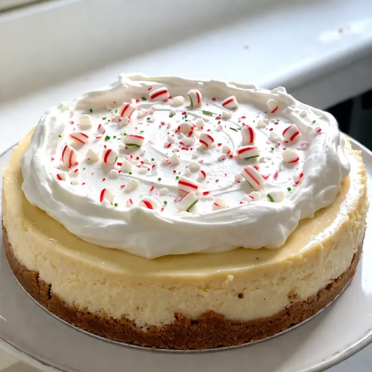 Here are the ingredients you need for the Peppermint White Chocolate Cheesecake. Each item plays a key role in creating a rich, creamy dessert with a delightful minty flavor. - 1 ½ cups graham cracker crumbs - ½ cup unsalted butter, melted - 2 tablespoons granulated sugar - 16 oz cream cheese, softened - 1 cup white chocolate chips, melted - ½ cup powdered sugar - 2 large eggs - 1 teaspoon peppermint extract - 1 cup heavy whipping cream - Crushed peppermint candies for garnish Each ingredient contributes to the cheesecake's taste and texture. The graham cracker crumbs create a crunchy crust. The melted butter helps bind the crust, while the sugar adds sweetness. Cream cheese gives the cheesecake its creamy base. White chocolate adds rich flavor, and powdered sugar sweetens it further. Eggs help set the filling, and peppermint extract brings that fresh, minty taste. Finally, the heavy whipping cream creates a light topping, while crushed peppermint candies add a festive touch. Make sure all your ingredients are ready before you start. This preparation ensures a smooth cooking process. Enjoy the journey of making this festive cheesecake! {{ingredient_image_2}} 1. Preheat your oven to 325°F (160°C). 2. In a medium bowl, combine 1 ½ cups of graham cracker crumbs, ½ cup of melted unsalted butter, and 2 tablespoons of granulated sugar. 3. Mix the ingredients until they look like wet sand. 4. Firmly press this mixture into the bottom of a 9-inch springform pan. 5. Bake for 10 minutes until the crust is lightly golden. 6. Remove it from the oven and let it cool. 1. In a large mixing bowl, beat 16 oz of softened cream cheese with an electric mixer on medium speed. 2. Mix until it is smooth and creamy, about 2-3 minutes. 3. Gradually add 1 cup of melted white chocolate, mixing until combined. 4. Slowly add ½ cup of powdered sugar while mixing on low speed. 5. Add in 2 large eggs one at a time, mixing just enough to blend each time. 6. Finally, incorporate 1 teaspoon of peppermint extract for that festive flavor. 1. Carefully pour the cheesecake filling over the cooled crust in the springform pan. 2. Use a spatula to smooth the top. 3. Bake in the preheated oven for 50-60 minutes. The edges should set, but the center should still jiggle slightly. 4. Once baked, turn off the oven and crack the door open. Let the cheesecake cool slowly in the oven for 1 hour to help prevent cracks. 1. After the hour is up, take the cheesecake out of the oven. 2. Refrigerate it for at least 4 hours, or ideally, overnight. This allows the cheesecake to set and develop a richer flavor. To avoid cracks in your cheesecake, follow a few key steps. First, bake your cheesecake at a low temperature. This helps it cook evenly. Second, let your cheesecake cool slowly in the oven. After baking, turn off the heat and crack the door open for an hour. This method helps keep the moisture in and prevents cracks. Using room temperature ingredients is very important too. Softened cream cheese mixes better, creating a smooth filling. Cold ingredients can lead to lumps. Make sure your eggs and cream cheese sit out for about 30 minutes before you start mixing. When it comes to presentation, serve your cheesecake on decorative plates. A drizzle of melted white chocolate adds a lovely touch. For a festive look, sprinkle extra crushed peppermint candies over the top. This not only looks great but also adds a pop of flavor. Pair your cheesecake with a warm drink like hot cocoa or coffee. The mint flavor goes well with these beverages. You can also serve it with a scoop of vanilla ice cream for a delightful treat. Garnishing enhances your cheesecake's appeal. Crushed peppermint candies are a perfect choice. They add color and crunch. Just sprinkle them over the whipped cream before serving. Drizzling melted white chocolate is another fun idea. Melt some white chocolate chips and let it cool slightly. Then, use a spoon to drizzle it over the cheesecake. This adds a sweet touch and makes your dessert look more gourmet. Pro Tips Use Room Temperature Ingredients: Ensure your cream cheese and eggs are at room temperature before mixing. This helps create a smoother filling and prevents lumps. Prevent Cracking: Allow the cheesecake to cool slowly in the oven with the door ajar after baking. This gradual cooling process helps prevent cracks on the surface. Chill Overnight: For the best flavor and texture, chill the cheesecake overnight. It allows the flavors to meld together and results in a firmer slice. Decorative Drizzle: For an elegant presentation, melt some extra white chocolate and drizzle it over the top before adding whipped cream and crushed peppermint. {{image_4}} You can change the flavor of your cheesecake easily. Instead of peppermint extract, try using vanilla or almond extract. These swaps give a warm and nutty taste. You can also use orange or lemon zest for a fresh twist. Each flavor adds its own charm, making your cheesecake unique. Adding chocolate swirls brings a rich flavor to your cheesecake. To do this, melt some chocolate and fold it into your cheesecake batter. Use a skewer or knife to create swirls in the filling. This not only looks pretty but also adds a delightful chocolate taste to each bite. You can switch up the crust for fun. Instead of graham crackers, use crushed Oreo cookies for a chocolatey base. If you want a nutty flavor, try a crust made from ground almonds or walnuts. Both options give a nice crunch and pair well with the creamy filling. To keep your cheesecake fresh, store it in the fridge. Place the cheesecake in an airtight container. If you don’t have one, cover it well with plastic wrap. This way, it won’t absorb any strong smells from the fridge. Your peppermint white chocolate cheesecake lasts for about 5 to 7 days in the fridge. It’s best to eat it within this time for the best taste and texture. If you want to freeze your cheesecake, here’s how to do it: 1. Cool the Cheesecake: Make sure your cheesecake is fully cooled and set before freezing. 2. Wrap It Up: Wrap the cheesecake tightly in plastic wrap. Then, add a layer of aluminum foil for extra protection. 3. Label and Date: Write the date on the foil before placing it in the freezer. You can freeze it for up to 2 months. When you’re ready to serve, thaw the cheesecake. To do this, move it from the freezer to the fridge. Let it sit for about 6 to 8 hours. If you’re in a hurry, you can thaw it at room temperature for about 1 to 2 hours. Just be sure not to leave it out too long! Yes, you can make this cheesecake ahead. I suggest making it a day or two before your event. This gives the cheesecake time to set and flavors to deepen. Just keep it in the fridge until you are ready to serve. Look for these signs to know if your cheesecake is done: the edges should be firm, and the center should still jiggle a bit. This slight jiggle means it will set nicely as it cools. Remember, it will continue to cook a little after you take it out. You can use low-fat items, but the texture and flavor might change. Low-fat cream cheese will make it less creamy. The cheesecake may also not be as rich. I recommend using full-fat for the best taste and texture. If you need a substitute for heavy cream, try half-and-half or whole milk. You can also use coconut cream for a dairy-free option. Just know it may not whip up as fluffy. This blog post guides you through making a delicious cheesecake. You learned about the key ingredients, step-by-step instructions, and helpful tips for a perfect texture. We also explored fun variations and storage methods. In conclusion, mastering this cheesecake is simple and rewarding. Whether you stick to the classic recipe or try something new, enjoy the process and the tasty results. Happy baking!