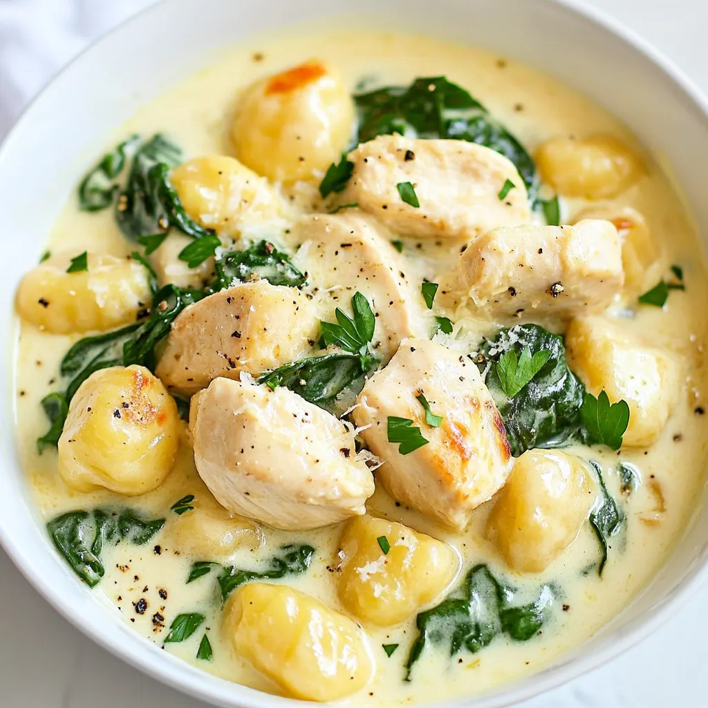 - 1 lb diced chicken breast - 1 tablespoon olive oil - 1 medium diced onion - 3 minced garlic cloves - 2 cups low-sodium chicken broth - 16 oz potato gnocchi - 1 cup heavy cream - 1 cup fresh spinach - Seasonings (Italian seasoning, salt, pepper) - Grated Parmesan cheese for serving - Fresh parsley for garnish In this recipe, the chicken breast is the star. I like to use fresh, diced chicken because it cooks quickly. Olive oil adds richness and helps to sauté the chicken and vegetables. The onion brings sweetness and depth to the dish. Garlic adds a punch of flavor that pairs well with the cream. Chicken broth is key for the sauce. Using low-sodium broth keeps the dish balanced. The gnocchi gives a comforting, pillowy texture. I always choose store-bought gnocchi for convenience, but feel free to make your own if you’re feeling adventurous! The heavy cream creates that rich, creamy sauce we love. Fresh spinach adds color and nutrients. For seasoning, I rely on Italian seasoning, salt, and pepper to make the flavors pop. Don't forget the Parmesan cheese! It finishes the dish with a salty, nutty bite. Lastly, fresh parsley adds a bright touch for garnish. These ingredients come together to create a hearty one-pot meal. You'll find it easy to prepare and even easier to enjoy! {{ingredient_image_2}} - Heat 1 tablespoon of olive oil in a large pot over medium heat. - Once the oil is hot, add 1 pound of diced chicken breast. - Season the chicken with salt, pepper, and 1 teaspoon of Italian seasoning. - Cook the chicken for about 5-7 minutes. Stir occasionally until it turns golden brown. - Once cooked, remove the chicken from the pot and set it aside in a bowl. - In the same pot, add 1 medium diced onion. - Sauté the onion for about 3-4 minutes until it becomes soft and translucent. - Next, add 3 minced garlic cloves to the pot. Cook for an additional 1-2 minutes, stirring constantly. This will add a nice flavor to the dish. - Carefully pour in 2 cups of low-sodium chicken broth. - Scrape the bottom of the pot to mix in any brown bits. This adds flavor! - Bring the broth to a gentle simmer. - Add 16 ounces of potato gnocchi to the simmering broth. - Cook the gnocchi according to the package instructions, usually about 2-3 minutes. They are done when they float to the top. - Reduce the heat to low and stir in 1 cup of heavy cream. - Mix thoroughly and let the sauce thicken for about 2-3 minutes. - Return the cooked chicken to the pot, along with 1 cup of roughly chopped fresh spinach. - Stir gently until the spinach wilts and the chicken heats through, about 2-3 minutes. - Taste the dish and adjust seasoning with more salt, pepper, or Italian seasoning as needed. - Once combined and creamy, remove the pot from heat. - Serve the dish in deep bowls, topped with grated Parmesan cheese and chopped fresh parsley. This makes for a warm and inviting meal! To get a thick and creamy sauce, start with the right amount of heavy cream. If you want it thicker, let it simmer longer. This helps the sauce reduce and become rich. You can also add a bit of grated cheese to boost the creaminess. If you need alternatives to heavy cream, try using half-and-half or coconut cream. Both can give a nice texture without the extra calories. Silken tofu blended into a smooth paste can also work well for a dairy-free option. How do you know when gnocchi is done? Watch for them to float to the top of the pot. This means they are ready to eat. Cook gnocchi according to the package. Usually, it takes about 2-3 minutes. To avoid overcooking, keep an eye on the time. If you leave them too long, they can become mushy. Always taste a piece to check for the right texture. For added flavor, consider using fresh herbs like basil or thyme. They can brighten up the dish. You can also sprinkle in some red pepper flakes for a spice kick. When choosing ingredients, using homemade broth can enhance the taste. But store-bought chicken broth works just fine for ease. Always opt for low-sodium options to control the saltiness. Pro Tips Choose the Right Gnocchi: For a better texture, opt for fresh potato gnocchi over shelf-stable varieties, which may have a denser consistency. Customize the Creaminess: Adjust the amount of heavy cream based on your preference; you can substitute half-and-half for a lighter dish. Add Extra Veggies: Feel free to include other vegetables like bell peppers or mushrooms for added flavor and nutrition. Perfect Seasoning: Always taste your dish before serving; a squeeze of lemon juice can brighten the flavors even more. {{image_4}} You can switch up the protein in this dish. Shrimp or sausage work great. They add a nice twist. If you want a meatless option, try mushrooms or tofu. They soak up flavor well and keep it creamy. The sauce can change based on your taste. You can use coconut cream or cashew cream for a different flavor. Adding sauces like pesto or hot sauce can spice things up. Try herbs like basil or thyme for extra depth. Boost the nutrition by adding more veggies. Bell peppers and carrots add color and crunch. You can also use whole wheat gnocchi for more fiber. This makes the dish healthier without losing flavor. To keep your One-Pot Creamy Chicken Gnocchi fresh, store it in an airtight container. Let it cool before sealing it. This dish lasts about 3 to 4 days in the fridge. Make sure to label your container with the date. You can freeze One-Pot Creamy Chicken Gnocchi for up to 3 months. To freeze, let the dish cool completely. Then, place it in a freezer-safe container or bag. When ready to eat, thaw it in the fridge overnight. Reheat on the stove over low heat, stirring often. Add a splash of broth or cream to help with the texture. Cooking in batches makes weeknight meals easier. Prepare a large pot of One-Pot Creamy Chicken Gnocchi. Portion it into single servings for quick meals. This way, you can enjoy a hearty dish any night without cooking from scratch. Yes, you can make this dish ahead of time. To prepare in advance, follow these tips: - Cook and cool the dish completely before storing. - Store it in an airtight container in the fridge for up to three days. When you are ready to eat, just reheat it. If you don’t have gnocchi, you can use other pasta. Here are some options: - Small shells - Penne - Orzo For a gluten-free option, try: - Gluten-free pasta - Cauliflower gnocchi To keep that creamy texture, reheat carefully. Here are the best methods: - Stove: Pour the leftovers into a pot. Heat over low, stirring often until warm. - Microwave: Place in a microwave-safe bowl. Heat in short bursts, stirring in between. Both methods work well, but the stove keeps the creaminess better. This blog explored making One-Pot Creamy Chicken Gnocchi. We discussed the main ingredients, step-by-step instructions, and helpful tips. You learned about variations and storage options to keep meals fresh. This dish is simple and tasty. You can mix and match ingredients to fit your tastes. Whether you have leftovers or prep in advance, this meal fits any schedule. Enjoy cooking and sharing this dish with your friends and family!