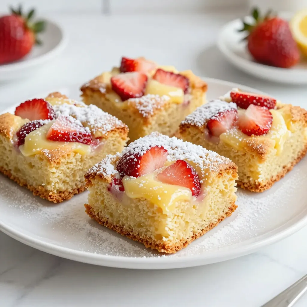 To make these strawberry lemon blondies, you need some key ingredients. Here’s what you will need: - 1 cup unsalted butter, melted - 1 cup brown sugar, packed tightly - 1/2 cup granulated sugar - 2 large eggs, at room temperature - 2 teaspoons pure vanilla extract - 2 cups all-purpose flour - 1 teaspoon baking powder - 1/2 teaspoon fine salt - Zest of 1 medium lemon - 1/4 cup freshly squeezed lemon juice - 1 cup fresh strawberries, hulled and diced These ingredients create a moist and sweet treat. The butter gives a rich flavor. The sugars add sweetness and help with texture. Eggs bind everything together. You can add some optional ingredients for extra flair. Here are a few ideas: - Powdered sugar for dusting - A pinch of cinnamon for warmth - A splash of almond extract for a nutty taste These additions can enhance the flavor. They make the blondies even more appealing. Having the right tools makes baking easier. Here’s what you will need: - 9x9 inch baking pan - Mixing bowls - Whisk - Rubber spatula - Wire rack for cooling These tools help you mix and bake perfectly. A good pan ensures even baking. A wire rack helps cool the blondies quickly. {{ingredient_image_2}} Start by preheating your oven to 350°F (175°C). This heat warms the oven evenly. Next, take a 9x9 inch baking pan. Lightly grease it with non-stick spray or line it with parchment paper. This step helps the blondies come out easily after baking. In a large mixing bowl, add 1 cup of melted butter. Then, mix in 1 cup of packed brown sugar and 1/2 cup of granulated sugar. Whisk these together until they blend well and look smooth. Next, add in 2 large eggs, one at a time. Mix well after each egg. Lastly, stir in 2 teaspoons of pure vanilla extract. This will add a rich flavor to your blondies. In another bowl, whisk together 2 cups of all-purpose flour, 1 teaspoon of baking powder, and 1/2 teaspoon of fine salt. Then, add the zest of 1 medium lemon and 1/4 cup of freshly squeezed lemon juice. Mix these dry ingredients until they are well combined. This step is key for the texture of your blondies. Now, gently fold in 1 cup of hulled and diced fresh strawberries. Make sure to distribute them evenly throughout the batter. Be careful not to mash the strawberries. This keeps the texture nice and fresh in each bite. Pour the strawberry-lemon batter into your prepared baking pan. Spread it evenly for consistent baking. Bake in your preheated oven for 25-30 minutes. When done, the edges should be a lovely golden brown. Insert a toothpick into the center; it should come out clean. Let the blondies cool in the pan for about 10 minutes. Then, move them to a wire rack to cool completely before slicing. To get the best texture in your blondies, focus on mixing. Overmixing leads to tough blondies. Mix just until the flour disappears. The batter should feel thick and slightly sticky. This will give your blondies a soft and chewy bite. Start with the wet ingredients first. Make sure your butter is melted but not hot. Mix the brown sugar and granulated sugar in well. Add the eggs slowly, mixing each one in fully. When you add the flour, use a spatula to fold it in gently. This keeps the batter light. Finally, fold in the strawberries, but do it lightly. You want chunks of strawberries, not mush. If you need a dairy-free option, use coconut oil instead of butter. For gluten-free blondies, swap all-purpose flour for a gluten-free blend. You can also use flax eggs for a vegan version. Just mix one tablespoon of ground flaxseed with three tablespoons of water. Let it sit for a few minutes until it thickens. This will help bind your blondies. Each of these swaps helps you enjoy the flavors without worry. Pro Tips Use Room Temperature Eggs: Ensure your eggs are at room temperature for better incorporation into the batter, which leads to a smoother texture. Fresh Strawberries for Best Flavor: Always use fresh strawberries for the best taste and texture. Frozen strawberries can release excess moisture. Don’t Overmix: Mix the batter just until combined to keep the blondies soft and chewy. Overmixing can result in a dense texture. Cool Completely Before Slicing: Let the blondies cool completely on a wire rack to ensure clean cuts and to allow the flavors to develop fully. {{image_4}} You can mix in other fruits to change the taste. Raspberries add a tart flavor. Blueberries bring sweetness. Use the same amount as strawberries. Just fold them in gently. This keeps the blondies soft and tasty. Try adding coconut for a tropical vibe. Use shredded coconut in the batter. Almond extract can give a nutty touch. Replace some vanilla with almond extract. Both options make the blondies unique and fun. To make these blondies gluten-free, switch to almond or coconut flour. For a vegan version, replace eggs with flax eggs. Mix one tablespoon of flaxseed meal with three tablespoons of water. Let it sit until it thickens. This gives the blondies a nice, chewy texture without eggs. To keep your strawberry lemon blondies fresh, store them in an airtight container. I recommend placing parchment paper between layers. This keeps them from sticking together. If you don’t have an airtight container, wrap them tightly in plastic wrap. Make sure to keep them at room temperature for the best taste. Freezing blondies is quite easy. First, let the blondies cool completely. Then, cut them into squares. Wrap each square in plastic wrap. Place the wrapped blondies in a freezer bag or container. Make sure to remove as much air as possible. You can freeze them for up to three months. When you're ready to eat them, just thaw them at room temperature. When stored properly, these blondies last about four to five days. Keep them in a cool spot, away from direct sunlight. If they start to dry out, add a slice of bread to the container. The bread helps keep the blondies moist. For the best taste, enjoy them within the first few days. Yes, you can use frozen strawberries in your blondies. They work well, but remember to thaw them first. Drain excess juice to avoid a soggy batter. Frozen strawberries may break apart more easily, so fold them in gently. This helps keep your blondies from turning too mushy. To check if the blondies are done, look for golden brown edges. Insert a toothpick into the center. If it comes out clean or with a few crumbs, they are ready. If there is wet batter on the toothpick, bake for a few more minutes. The time will vary, so keep an eye on them. Strawberry Lemon Blondies taste great on their own, but you can add more fun. Serve them with a scoop of vanilla ice cream for a creamy treat. Fresh whipped cream also pairs nicely. For a burst of flavor, drizzle some lemon glaze over the top. Enjoy your delicious creation! In this post, we explored how to make delicious strawberry lemon blondies. We covered key and optional ingredients, tools, and step-by-step baking instructions. You learned tips for the perfect texture and ways to adapt the recipe. Plus, we discussed how to store leftovers and answered common questions. These blondies are easy and fun to make. Experiment with flavors, and enjoy creating your own treats! Happy baking!