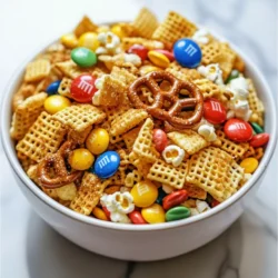 To make holiday Chex mix, you need these key ingredients: - 3 cups Rice Chex cereal - 3 cups Corn Chex cereal - 3 cups Wheat Chex cereal - 1 cup mini pretzels - 1 cup mixed nuts (almonds, cashews, and walnuts) - 1 cup holiday M&M's or chocolate-covered candies - 1 cup popped popcorn (unsalted) - 1 stick unsalted butter (melted) - 1/4 cup Worcestershire sauce - 1 teaspoon garlic powder - 1 teaspoon onion powder - 1 teaspoon smoked paprika - 1 teaspoon cayenne pepper (optional) - Salt to taste Feel free to mix it up! Here are some fun ideas: - Add dried fruit like cranberries or raisins for sweetness. - Swap nuts for your favorites, like pecans or peanuts. - Use flavored popcorn for extra taste. - Try different spices, like Italian seasoning or ranch mix for a twist. You can make this recipe fit your needs. Here are some easy swaps: - For gluten-free, use certified gluten-free Chex cereals. - Substitute coconut oil if you want a dairy-free option. - If you prefer less salt, use low-sodium Worcestershire sauce. - You can leave out the cayenne if you want a milder snack. These ingredients make our holiday Chex mix a tasty and festive treat. Adjust them to fit your family&rsquo;s tastes and enjoy! {{ingredient_image_2}} To start, gather all your ingredients. You will need three cups each of Rice Chex, Corn Chex, and Wheat Chex. Add one cup of mini pretzels, mixed nuts, holiday M&M's, and popped popcorn. Use a large bowl to mix these crunchy snacks together gently. Make sure everything is evenly combined. Next, melt one stick of unsalted butter in a microwave or on the stove. In another bowl, whisk the melted butter with 1/4 cup of Worcestershire sauce, one teaspoon each of garlic powder, onion powder, smoked paprika, and cayenne pepper. This mix will give your Chex mix a tasty kick. Preheat your oven to 250&deg;F (120&deg;C). Line a large baking sheet with parchment paper. Pour the buttery mix over your dry ingredients. Use a spatula to fold everything together until every piece gets a coat of flavor. Spread the mix evenly on the baking sheet. Bake it for one hour, stirring every 15 minutes. This step is key to getting the perfect crunch. Keep a close eye on it to avoid burning. Once the hour is up, take the Chex mix out of the oven. Let it cool on the baking sheet. This cooling time is important. It helps the mix become crispy and delicious. After it has cooled completely, you can store the Chex mix in an airtight container. It will stay fresh for weeks. If you want to share, put it in a fun bowl or package it in bags with ribbons. Enjoy this festive snack at your next gathering! To get that crunchy texture, use a mix of cereals. I like Rice, Corn, and Wheat Chex. They all add different textures. Bake the mix at low heat. This lets it dry out slowly. Stir every 15 minutes to ensure even cooking. After baking, let it cool completely. This step makes it extra crispy. Seasoning is key to great flavor. Use Worcestershire sauce for a savory kick. Garlic and onion powders add depth. Smoked paprika gives warmth. If you like heat, add cayenne pepper. Just a pinch of salt can balance the flavors too. Mix these well with melted butter before adding to the dry ingredients. Serve your Holiday Chex Mix in a fun bowl. A colorful, festive bowl catches the eye. You can also package it in small bags. Tie them with ribbons for gifts. This makes a great snack for parties. It&rsquo;s easy to share and enjoy with friends and family. Pro Tips Storage Matters: Ensure that your Chex mix is stored in an airtight container to maintain its freshness and crunch for as long as possible. Customize It: Feel free to swap in your favorite nuts or snacks. You can even add dried fruits for a sweet twist! Even Coating: When mixing the buttery coating with the dry ingredients, use a spatula to fold gently, ensuring all pieces are evenly coated. Flavor Variations: Experiment with different spices like cumin or cinnamon to create unique flavor profiles for your Chex mix. {{image_4}} You can mix sweet and savory flavors in your Holiday Chex Mix. Try adding caramel popcorn for a sweet crunch. You can also swap in some chocolate-covered pretzels for a tasty twist. Dried fruits like cranberries or apricots can add a chewy sweetness. This balance makes each bite exciting and fun. Seasonal flavors can bring joy to your Chex Mix. For fall, add pumpkin spice seasoning to the mix. This gives a warm, cozy taste. In winter, consider adding crushed peppermint candies for a minty touch. For spring, use lemon zest and a dash of vanilla for a fresh flavor. These ideas keep your mix festive and bright throughout the year. Kids love fun snacks. To make a kid-friendly version, focus on colorful and tasty treats. Use fruity cereal like Froot Loops or Cheerios. Instead of mixed nuts, use chocolate chips or mini marshmallows. You can even add colorful gummy candies for a splash of fun. These changes make the mix a hit at any kids&rsquo; party or gathering. To keep your Holiday Chex Mix fresh, use an airtight container. Glass jars or plastic bins work well. If you plan to share, consider using clear bags. This way, it stays crunchy and tasty. Always store it in a cool, dry place. Avoid warm areas, as heat can make it soggy. When stored properly, your Chex Mix can last up to two weeks. However, for the best taste, enjoy it within one week. After a week, check for any signs of moisture. If it feels soft, you can bake it again for a few minutes to regain crunch. If you want to serve your Chex Mix warm, reheat it in the oven. Spread it out on a baking sheet. Heat it at 250&deg;F (120&deg;C) for about 10 minutes. Stir it halfway through for even warmth. This method brings back the fresh-baked flavor and crunch. Enjoy it at your gatherings or cozy nights in! Yes, you can! Feel free to swap any Chex cereal. For example, Cheerios or Special K work well. You can even add granola for a sweet twist. Just keep the same total amount to ensure balance. This mix is about your taste. Experiment and find what you love! To add some heat, use cayenne pepper. Start with a teaspoon and taste. If you want more, add a little more. You can also use spicy nuts or hot sauce in the buttery mix. This adds a nice kick. Mix and bake as usual for a spicy treat! The recipe is not gluten-free as it uses Wheat Chex. However, you can easily make it gluten-free. Just replace Wheat Chex with a gluten-free cereal. Check the labels on other ingredients, like Worcestershire sauce. Make sure all items are gluten-free for safe snacking! You learned all about making Chex Mix, from ingredients to storage. We explored required and optional items. I shared tips for getting the best texture and flavors. Plus, I offered fun variations and ways to serve it. In the end, this mix is custom and easy. You can enjoy it at any gathering or snack time. Make it your own, and savor every bite!