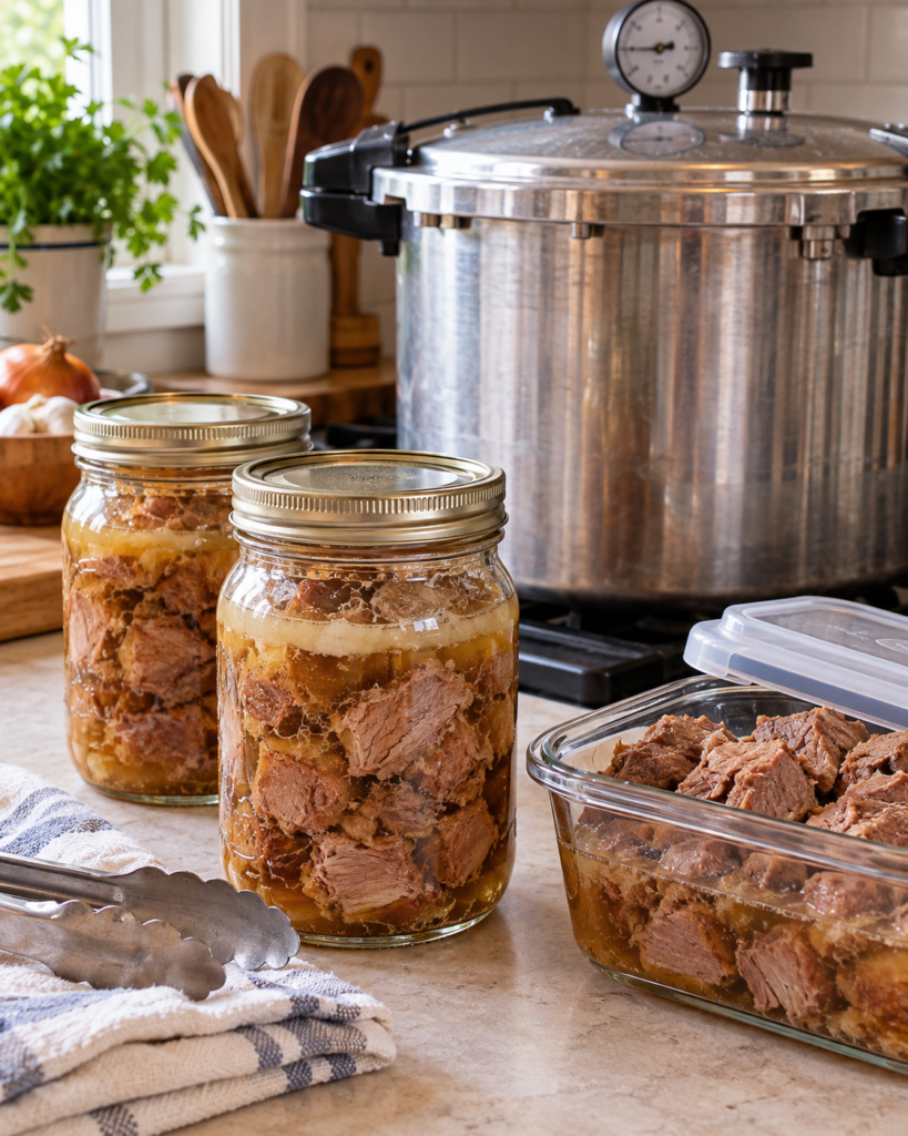 Glass jars of meat in broth beside a pressure canner and a glass container of cooked meat.