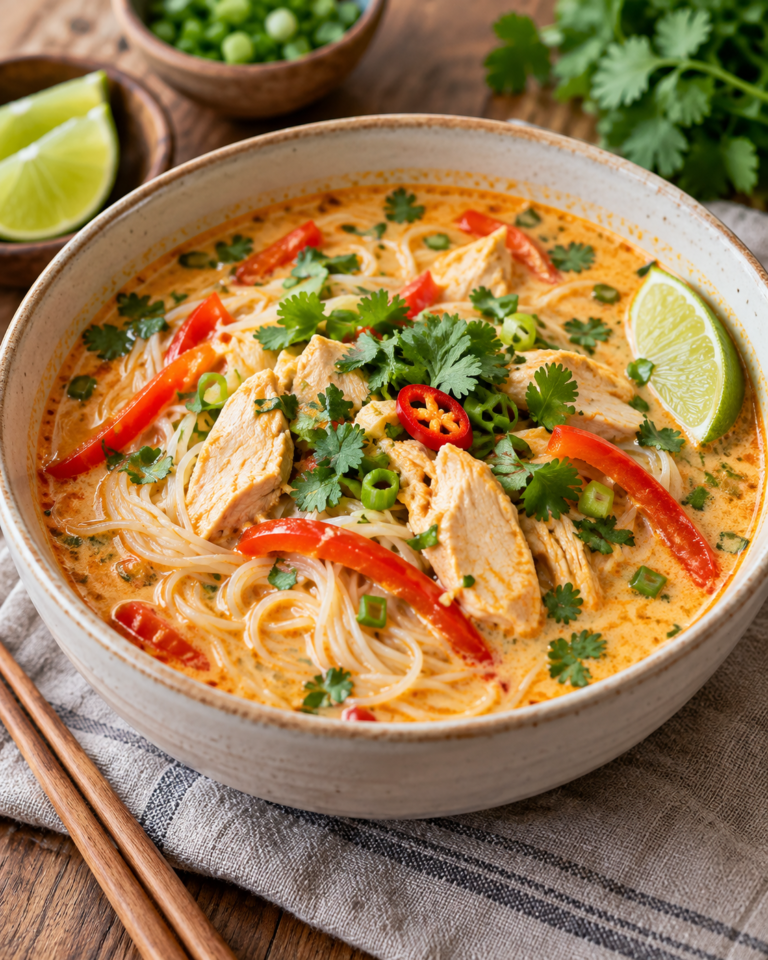 Easy Thai Coconut Chicken Soup with Rice Noodles