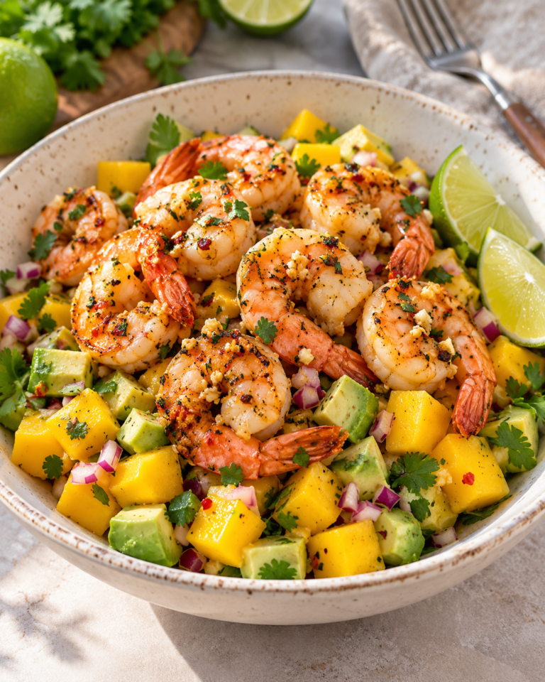 Spicy Garlic Shrimp with Fresh Mango Avocado Salsa