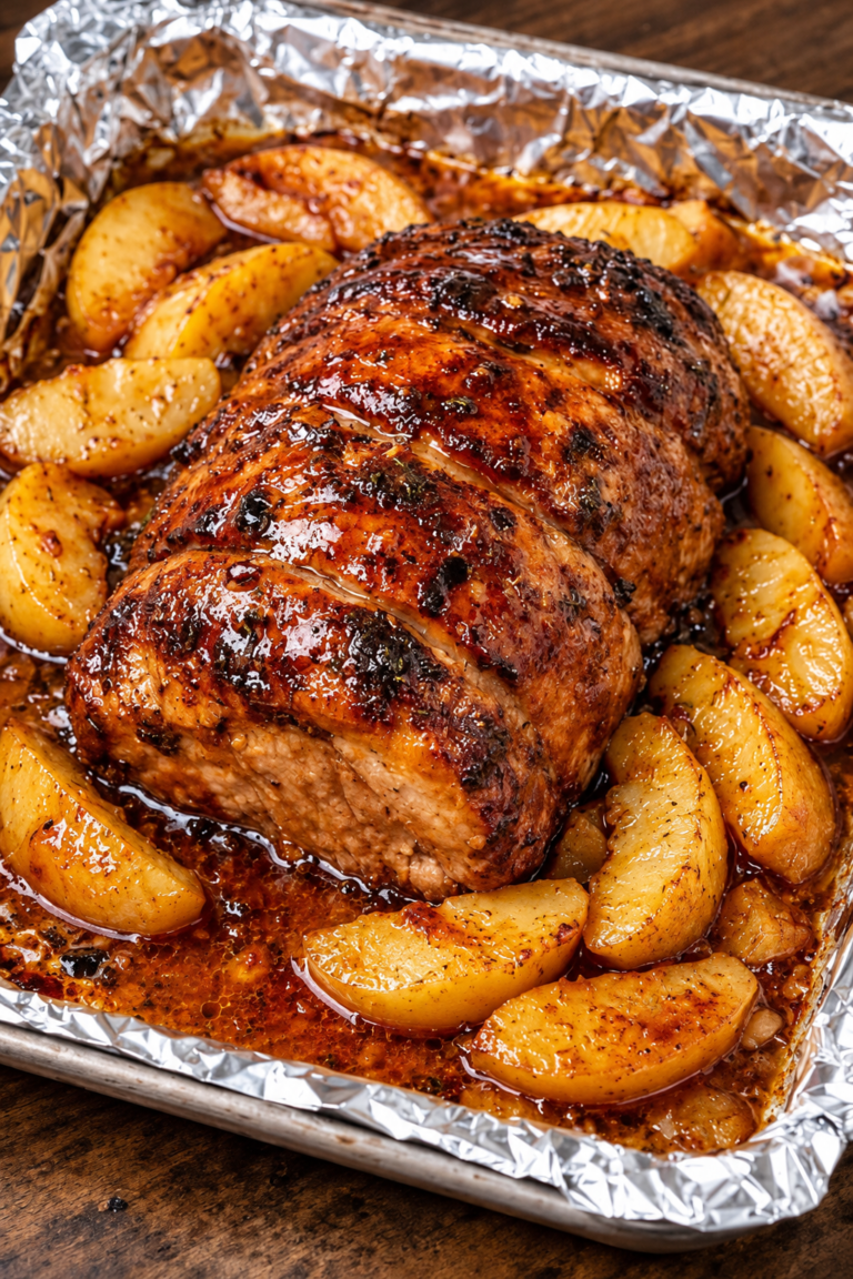 Glazed meat roast surrounded by golden potato wedges in a foil-lined baking tray.